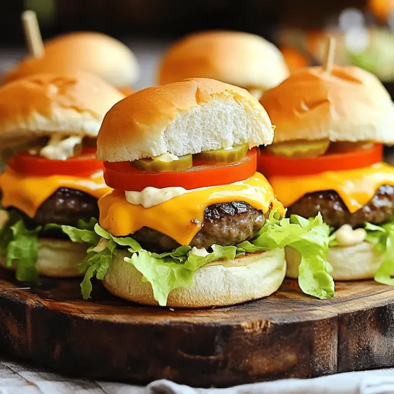 To make Mini Cheeseburger Sliders, you need the following ingredients: - 1 pound ground beef - 1 teaspoon garlic powder - 1 teaspoon onion powder - Salt and pepper to taste - 8 mini slider buns - 8 slices of cheddar cheese - 1/4 cup mayonnaise - 1 tablespoon Dijon mustard - 1 cup shredded lettuce - 1 large tomato, sliced - Pickles for garnish Using fresh ingredients is key for great taste. Fresh ground beef gives the best flavor and texture. Fresh veggies add crunch and brightness. A ripe tomato enhances the overall taste. Fresh slider buns keep everything together nicely. When you use fresh items, your sliders will be juicier and more enjoyable. Always choose the best quality ingredients you can find. If you have dietary needs, you can still enjoy these sliders. For a leaner option, use ground turkey or chicken. If you're vegetarian, try using black bean patties or chickpea patties. For gluten-free diets, swap the mini buns for lettuce wraps or gluten-free rolls. You can also use dairy-free cheese if you want to avoid dairy. These substitutions keep the sliders tasty while meeting your needs. If you want the full recipe, check out the one above! To make Mini Cheeseburger Sliders, start by preheating your grill or stovetop griddle over medium heat. This step is key for good cooking. In a large bowl, mix one pound of ground beef with one teaspoon of garlic powder, one teaspoon of onion powder, salt, and pepper. Be gentle when mixing to keep the beef tender. Divide this mixture into eight equal parts and shape them into small patties. They should fit the mini buns well. Cook the patties on the grill for three to four minutes on each side. Check for your preferred doneness. In the last minute of cooking, place a slice of cheddar cheese on each patty. Close the grill lid to help the cheese melt nicely. While the patties cook, mix one-fourth cup of mayonnaise with one tablespoon of Dijon mustard in a small bowl. Toast the mini slider buns lightly on the grill or in a toaster. This adds a great crunch. Once everything is cooked, it’s time to assemble the sliders. For even cooking, make sure your grill is hot before adding the patties. This helps them sear well. Avoid pressing down on the patties while cooking. This can squeeze out the juices and make them dry. Instead, flip them gently. To ensure perfect patties, keep them uniform in size. This helps them cook evenly. Use your thumb to make a small dent in the center of each patty. This keeps them from puffing up while cooking. To build your sliders, start with the bottom half of the toasted bun. Spread the mayo-mustard mix generously. Place the cheeseburger patty on top. Then, add a layer of shredded lettuce, a slice of tomato, and pickles to taste. Cap it with the top half of the bun. For a fun touch, arrange the sliders on a big serving platter. You can garnish with extra pickles and serve mini ketchup and mustard dispensers on the side. This makes for a tasty and inviting presentation. For the full recipe, check the earlier section. Enjoy your sliders! To make your sliders pop with flavor, use simple seasonings. I like to mix garlic powder and onion powder into the beef. This gives it a nice base flavor. Add salt and pepper to taste. You can also mix in Worcestershire sauce for more depth. If you want a kick, try adding a pinch of cayenne pepper. Experiment with herbs like thyme or parsley for a fresh touch. One common mistake is overcooking the patties. Keep an eye on them. Each side needs only about 3-4 minutes. If you press too hard while cooking, juices escape. This can make the sliders dry. Another mistake is not to toast the buns. Toasting adds crunch and flavor. Finally, avoid piling on too many toppings. Keep it simple so the flavors shine. Grilling gives your sliders a smoky taste. Preheat your grill to medium heat for the best results. Make sure to oil the grates to prevent sticking. If you cook on the stovetop, use a griddle or a non-stick pan. Heat it over medium heat. This helps achieve a nice crust on the patties. For both methods, always let the patties rest for a few minutes after cooking. This helps keep them juicy. For the full recipe, check out the complete guide above. {{image_2}} You can mix up your mini cheeseburger sliders with fun flavors. Try using different meats like turkey or lamb. You can even use ground chicken for a lighter option. For spicy kicks, add jalapeños or a dash of hot sauce to the meat mix. Think about adding herbs like parsley or cilantro for fresh taste. If you want a vegetarian version, use black beans or chickpeas. You can mash them and mix in spices. Another great choice is a portobello mushroom cap. Grill it until it's tender and juicy. For a plant-based option, try using a store-bought vegan patty. These are tasty and easy to find. Gourmet toppings can take your sliders to the next level. Think about adding caramelized onions or sautéed mushrooms. You can also use fancy cheeses like blue cheese or gouda. For sauces, try a spicy aioli or a tangy barbecue sauce. Fresh herbs like basil or arugula can add a nice touch too. Use these ideas to create sliders that fit your taste. You can make them fun and different every time. Check out the Full Recipe for more tips on building the perfect slider! To keep your Mini Cheeseburger Sliders fresh, store them in an airtight container. Wait for them to cool down first. You can keep them in the fridge for up to three days. Make sure to separate the patties and buns if you can. This helps prevent sogginess. For reheating, avoid the microwave. It makes the buns chewy. Instead, heat your oven to 350°F (175°C). Place the sliders on a baking sheet and cover them with foil. Heat for about 10-15 minutes. This method keeps the buns soft and the patties juicy. You can also reheat them on the grill for a few minutes. If you want to freeze Mini Cheeseburger Sliders, wrap each slider in plastic wrap. After that, place them in a freezer bag. They will stay good for up to three months. When you are ready to eat, let them thaw in the fridge overnight. Then, reheat as mentioned above. This makes meal prep easy and fun! Check the Full Recipe for more details on making these tasty sliders. Mini cheeseburger sliders take about 30 minutes to make from start to finish. You will spend about 15 minutes on prep and 15 minutes on cooking. This quick time makes them perfect for busy days or gatherings. Yes, you can make mini cheeseburger sliders ahead of time. You can prepare the patties and store them in the fridge for up to a day. This can save you time when you are ready to cook. Cook them just before serving for the best taste. Some great sides to serve with cheeseburger sliders include: - French fries - Sweet potato fries - Coleslaw - Potato salad - Veggie sticks with dip These sides add color and flavor to your meal. They also make your gathering more fun and festive. For more ideas, check out the Full Recipe. Mini Cheeseburger Sliders are fun, easy, and tasty. We detailed essential ingredients and their impact on flavor. Remember to use fresh items for the best taste. I shared step-by-step cooking instructions, topped with helpful tips and tricks. Explore creative variations to suit every diet. In conclusion, making these sliders is simple and rewarding. Enjoy your sliders with friends and family. They are sure to impress. Happy cooking!