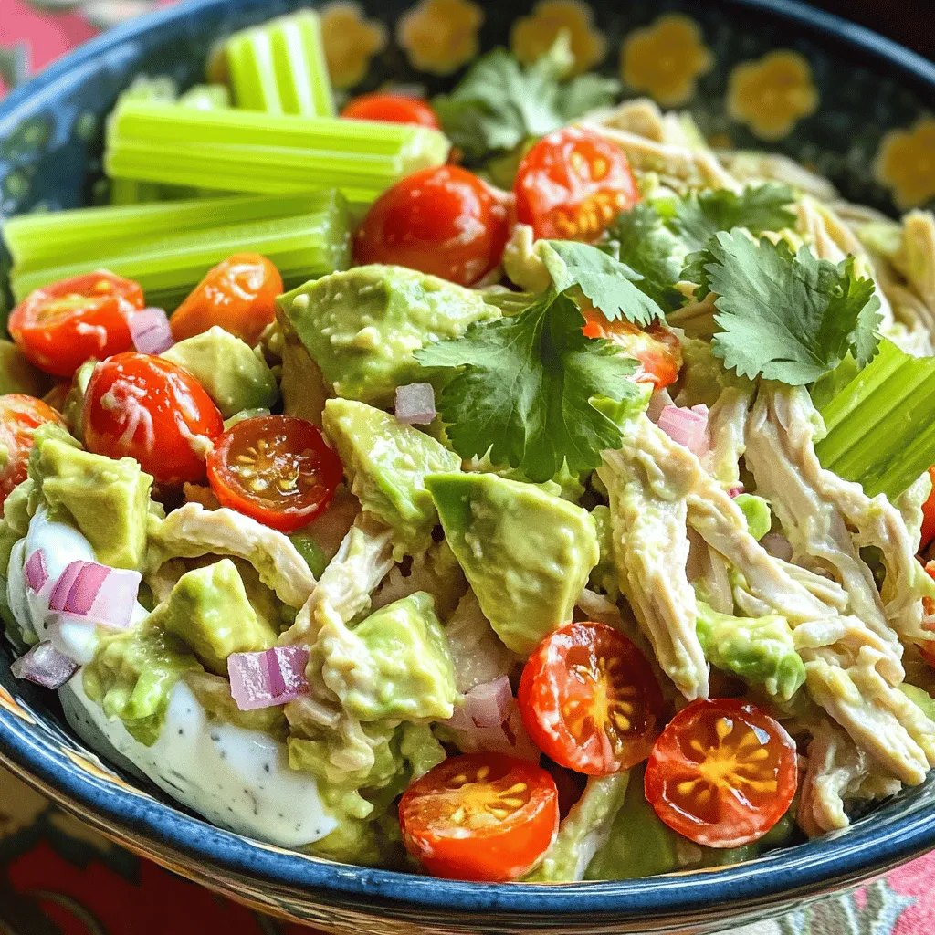 - 2 cups cooked chicken breast, shredded - 1 ripe avocado, mashed - 1/4 cup Greek yogurt - 1 tablespoon lemon juice - 1/4 cup red onion, finely chopped - 1/2 cup cherry tomatoes, halved - 1/4 cup celery, diced - 1/4 teaspoon garlic powder - Salt and black pepper to taste - Fresh cilantro or parsley for garnish Gathering fresh ingredients is key to making the best creamy avocado chicken salad. Start with two cups of cooked chicken breast, shredded to provide a hearty base. I prefer using grilled or poached chicken for a nice flavor. Next, use one ripe avocado, which you will mash until smooth. This adds creaminess and healthy fats. Next, add 1/4 cup of Greek yogurt. This gives a tangy twist and cuts calories. Squeeze in one tablespoon of lemon juice for brightness. Then, finely chop 1/4 cup of red onion for a bit of crunch and flavor. Half a cup of cherry tomatoes brings a pop of color and sweetness. You will also need 1/4 cup of diced celery. This adds a refreshing crunch. For seasoning, use 1/4 teaspoon of garlic powder. Adjust salt and black pepper to your taste. Finally, garnish with fresh cilantro or parsley for a beautiful finish. This creamy avocado chicken salad is both simple and satisfying. It’s perfect for lunch or a light dinner. For the full recipe, check the detailed instructions I provided earlier. To make this creamy avocado chicken salad, you first need to cook the chicken. I usually roast or boil the chicken breast. Cook it until it’s no longer pink in the center. This takes about 15 to 20 minutes. Once cooked, let it cool. Then, shred the chicken using two forks. This gives you nice, even pieces. Next, let's mix the avocado dressing. In a bowl, mash the ripe avocado. Add Greek yogurt and lemon juice. Stir these ingredients together until the mixture is smooth and creamy. This dressing gives the salad a rich flavor while keeping it healthy. Now, it’s time to fold in the vegetables. Start by adding the shredded chicken to the avocado dressing. Gently mix until the chicken is well coated. Then, add in the chopped red onion, halved cherry tomatoes, and diced celery. Be careful not to mash the ingredients. You want to keep the veggies crisp. To achieve the perfect texture, mix everything lightly. You want to see the colors and textures of the veggies. Season your salad with garlic powder, salt, and black pepper. Adjust the seasoning based on your taste. For the best experience, serve the salad cold. It’s refreshing on a warm day. You can serve it right away or chill it for about 30 minutes. For a vibrant look, garnish your salad with fresh cilantro or parsley. This adds a pop of color. You can serve it on a bed of lettuce or in a bowl. To get the full details, check out the Full Recipe. To make your creamy avocado chicken salad smooth, use ripe avocados. They add a rich, buttery taste. Mixing in Greek yogurt helps keep it creamy while cutting calories. You can adjust the yogurt amount based on your preference. When it comes to seasoning, taste as you go. A pinch of salt boosts flavors. Add black pepper for a slight kick. If you like a zesty flavor, squeeze in more lemon juice. Using rotisserie chicken is a great time-saver. It cuts down prep time and adds great flavor. Just shred the chicken and mix it in. Prepping ingredients ahead of time also helps. Dice your celery and chop tomatoes the night before. Keeping these ready makes assembly fast and easy. Using the [Full Recipe] ensures you have all the steps clear. Enjoy your creamy avocado chicken salad! {{image_2}} You can change this creamy avocado chicken salad to fit different diets. If you want it gluten-free, just make sure all your ingredients are gluten-free. The chicken and veggies should be fine. You can use gluten-free yogurt too. For a dairy-free option, swap Greek yogurt with dairy-free yogurt or mashed avocado. If you prefer vegetarian or vegan meals, you can replace the chicken with chickpeas or tofu. Both options add protein and have a nice texture. You can also use vegan yogurt for creaminess. This way, you can enjoy the salad while keeping it plant-based. Adding spices can boost the flavor of your avocado chicken salad. For a warm taste, mix in a pinch of cumin or chili powder. These spices add depth without overpowering the dish. You can also try adding fresh herbs. Dill gives a fresh and light taste, while basil adds a sweet and aromatic hint. Both options make the salad even more delightful. Explore these variations to find your favorite twist on this classic dish. For the full recipe, check out the [Full Recipe]. To keep your creamy avocado chicken salad fresh, use an airtight container. Glass or plastic containers with tight lids work best. Make sure the container is clean and dry. This helps prevent bacteria growth. Place a piece of plastic wrap directly on the salad's surface before sealing the lid. This extra layer helps keep air out and keeps the salad fresh. In the fridge, this salad lasts about three days. After that, the avocado may brown and lose its taste. If you want to store it longer, freezing is an option. However, the texture may change. To freeze, pack the salad in a freezer-safe container, leaving some space for expansion. Use it within three months for best quality. Can I use canned chicken for this recipe? Yes, you can use canned chicken. It saves time and is easy to use. Just drain and shred it before mixing. How do I choose a ripe avocado? Look for avocados that feel slightly soft when you squeeze them gently. The skin should be dark green or almost black. If it’s too hard, it’s not ripe yet. What can I serve with this salad? This salad pairs well with crackers or whole grain bread. You can also serve it on a bed of lettuce or with fresh veggies on the side. How to avoid browning in avocado To keep your avocado green, use lemon juice. It slows down browning. Store any leftover salad in an airtight container to keep it fresh longer. Can this salad be made ahead of time? Yes, you can make this salad ahead. Just mix all the ingredients and chill it for about 30 minutes. This helps the flavors blend well. Avoid adding avocado until you are ready to serve to keep it fresh. For the full recipe, check the recipe section above. This meal is easy to make and very tasty. We covered all the key ingredients and their benefits. You learned how to prepare the chicken and create a creamy avocado dressing. There are also tips to save time and make the dish fit your needs. This salad is great for many diets and keeps well in the fridge. Try it soon. You’ll enjoy every bite!