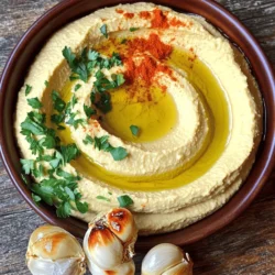 To make roasted garlic hummus, you need a few key ingredients: - 1 can (15 oz) chickpeas, drained and rinsed - 1 head of garlic - 3 tablespoons tahini - 2 tablespoons olive oil - 2 tablespoons lemon juice Chickpeas are the base. They provide protein and fiber. Roasted garlic adds a sweet, rich flavor. Tahini brings creaminess, while olive oil adds smoothness. Lemon juice gives a bright touch. You can dress up your hummus with these toppings: - Paprika - Olive oil drizzle - Chopped parsley Paprika adds color and a subtle warmth. A drizzle of olive oil enhances flavor and richness. Chopped parsley gives a fresh flavor and brightens the dish. You will need a few tools to make this recipe: - Food processor - Aluminum foil - Baking sheet A food processor blends the hummus smoothly. Aluminum foil helps roast the garlic evenly. A baking sheet holds the garlic while it cooks. For the full recipe, check the link. 1. Preheat the oven: Start by turning your oven to 400°F (200°C). This heat helps the garlic become sweet and soft. 2. Roast the garlic: Take a head of garlic and slice off the top. This exposes the cloves. Drizzle a bit of olive oil on top. Wrap the garlic tightly in aluminum foil. Place it on a baking sheet and roast for 30-35 minutes. The garlic is ready when the cloves feel soft and smell sweet. 1. Combine ingredients in the food processor: After roasting, let the garlic cool a bit. Squeeze the soft cloves into a food processor. Add the drained chickpeas, tahini, olive oil, lemon juice, ground cumin, and a pinch of salt. 2. Adjust consistency with water: Blend the mixture until it is smooth. If it feels too thick, add water a tablespoon at a time. Keep blending until you reach your desired creaminess. 1. Seasoning adjustments: Taste your hummus. You can add more salt, lemon juice, or cumin if needed. Adjust the flavors to suit your taste. 2. Garnishing the hummus: Transfer the hummus to a serving bowl. Use the back of a spoon to create a swirl on top. Drizzle olive oil over the surface. Sprinkle with paprika and chopped parsley for a pretty finish. This simple method makes a tasty roasted garlic hummus that everyone will enjoy. For the full recipe, check out the details provided earlier. To get the best texture for your hummus, add water slowly. Start with one tablespoon at a time. Blend the mixture after each addition. This helps you control the thickness. Too much water can make it runny. Aim for a smooth, creamy texture that holds its shape. You can make your hummus even better by trying new spices. Cumin gives a warm taste, while smoked paprika adds depth. Try adding a pinch of cayenne for heat. You can also use flavored oils. For example, garlic-infused oil can boost the garlic flavor. Olive oil adds richness and smoothness. Hummus pairs well with fresh veggies. Carrots, cucumbers, and bell peppers make great dippers. You can also serve it with warm pita or crispy crackers. This adds a nice crunch. Try adding some olives or feta for extra flavor. Your guests will love these tasty options. For the full recipe, check out the complete guide above. {{image_2}} You can change up the flavor of your hummus with roasted veggies. - Adding roasted red peppers: Roasted red peppers add a sweet and smoky taste. Just blend them into the hummus after you roast the garlic. They will make your hummus vibrant and colorful. - Incorporating roasted beetroot: Roasted beetroot gives a lovely earthy flavor and a stunning color. Just chop them up and mix them in for a unique twist. Fresh herbs can elevate your hummus to new heights. - Using fresh herbs like cilantro or basil: Adding herbs gives your hummus a fresh, bright taste. Just toss in a handful before blending. Try cilantro for a zesty kick or basil for a sweet aroma. - Spicy versions with jalapeños: If you like heat, add jalapeños for a spicy kick. Remove the seeds for less heat. Blend them in for a spicy hummus that packs flavor. Nuts can add richness and crunch to your hummus. - Adding toasted nuts or seeds: Toasted pine nuts or sunflower seeds can add texture. Just pulse them in after blending your hummus. They enhance the flavor and add a nice crunch. - Incorporating different nut butters: You can also try almond or cashew butter. Substitute some tahini with nut butter for a creamy, nutty taste. This variation adds depth and richness to your hummus. Feel free to explore these variations to find your favorite flavor! For the full recipe, check out the details above. Store your roasted garlic hummus in airtight containers. This keeps it fresh longer. After making the hummus, let it cool first. Then, transfer it to a container. Seal it tight. The hummus stays good for about five days in the fridge. Always check for signs of spoilage before eating. You can freeze hummus for later use. Use freezer-safe containers. Leave some space at the top for expansion. When you want to use it, take it out of the freezer. Thaw it in the fridge overnight. Stir it well before serving. If it seems thick, add a little water and mix again. Hummus lasts about a week in the fridge. If you freeze it, it stays good for up to three months. Look for changes in color or smell. If it smells sour or looks different, throw it out. Always trust your senses when it comes to food safety. Roasting garlic is simple and rewarding. Here’s how you do it: 1. Preheat your oven to 400°F (200°C). 2. Cut the top off the head of garlic. This exposes the cloves. 3. Drizzle a bit of olive oil on the cut side. 4. Wrap the garlic head in aluminum foil tightly. 5. Place it on a baking sheet. 6. Roast for 30-35 minutes until the cloves are soft. 7. Let it cool before squeezing out the soft garlic. This method gives garlic a sweet and rich flavor. You can use it in your roasted garlic hummus for a tasty twist. Yes, you can easily make this recipe vegan. All the ingredients in this roasted garlic hummus are plant-based. Use chickpeas, roasted garlic, tahini, olive oil, lemon juice, and spices. Just ensure your tahini does not contain any non-vegan additives. It is a great choice for vegans and non-vegans alike. Garlic is packed with health benefits: - It boosts the immune system. - It has anti-inflammatory properties. - Garlic may help lower blood pressure. - It contains antioxidants that help fight disease. Roasted garlic is milder and sweeter than raw garlic. It still offers great health benefits while adding flavor to your hummus. To achieve a creamier hummus, try these tips: - Add more tahini for richness. - Use cold water instead of warm water when blending. - Blend for longer to incorporate air and create a smoother texture. - You can also add a bit of olive oil while blending for added creaminess. These simple steps will help you create a rich and smooth hummus that is hard to resist. For the full recipe, check out the details above. Roasted garlic hummus is easy to make with simple ingredients like chickpeas and tahini. Remember to roast the garlic for the best flavor. Blend the ingredients well, adjusting for the right thickness. Don’t forget to try optional toppings like paprika for added taste. With these tips and tricks, feel free to create variations that suit your taste. Store your hummus properly for lasting freshness. Enjoy discovering new flavors while making this healthy snack!