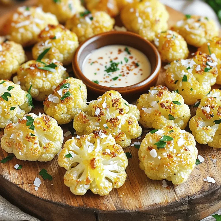 - 1 medium cauliflower head - 4 cloves of garlic - 3 tablespoons olive oil - 1 teaspoon smoked paprika - 1 teaspoon sea salt - ½ teaspoon black pepper - 2 tablespoons grated Parmesan cheese (optional) - Fresh parsley for garnish To make Roasted Garlic Cauliflower Bites, you need a few simple items. Start with a medium head of cauliflower. Cut it into bite-sized florets. This helps them cook evenly. Next, you’ll need four cloves of garlic, minced well. Fresh garlic gives a strong flavor. You will also use three tablespoons of olive oil. This oil helps the cauliflower roast nicely. A teaspoon of smoked paprika adds a warm, smoky taste. Sea salt enhances all the flavors. Don’t forget half a teaspoon of black pepper for a little kick. If you like cheese, add two tablespoons of grated Parmesan. Finally, fresh parsley will make your dish look bright and fresh. - Alternatives for olive oil: You can use avocado oil or melted coconut oil. - Dairy-free cheese options: Try nutritional yeast or a cashew-based cheese. - Garlic alternatives: Garlic powder can work if you don’t have fresh garlic. If you don’t have olive oil, avocado oil is a great choice. It has a mild taste and is good for high heat. If you want a dairy-free version, nutritional yeast gives a cheesy flavor without the dairy. For garlic, if you can’t find fresh, garlic powder will do. Just use less since it's stronger. These substitutions help you create a tasty dish, no matter what you have on hand. If you want more details, refer to the Full Recipe for all the steps. 1. First, preheat your oven to 425°F (220°C). This step is key for crisp bites. 2. Next, cut the medium cauliflower head into bite-sized florets. Make sure they are uniform for even cooking. 3. In a large mixing bowl, combine the cauliflower florets, minced garlic, olive oil, smoked paprika, sea salt, and black pepper. Toss everything together until the cauliflower is well coated. 1. Spread the cauliflower evenly on a baking sheet lined with parchment paper. This helps prevent sticking and makes cleanup easier. 2. Roast the cauliflower in the preheated oven for 25-30 minutes. You want the edges to turn golden brown and the florets to be tender. Halfway through, toss the cauliflower to ensure even cooking. 3. If you want a cheesy flavor, sprinkle the grated Parmesan cheese over the cauliflower in the last 5 minutes of roasting. This gives a lovely, rich taste. For the full recipe, check out the details above! To make your roasted garlic cauliflower bites crispy, start by using a high oven temperature, like 425°F (220°C). This helps them brown nicely. Spread the florets out on the baking sheet in a single layer. If they touch, they may steam instead of roast. Even coating is key for flavor. Toss the cauliflower well with the garlic, olive oil, and spices. Make sure every piece is covered. This ensures even cooking and great taste in each bite. Don't forget to toss them halfway through roasting for best results. For dipping sauces, try ranch or garlic aioli. These pair well with the roasted flavor. You can also use a spicy sriracha sauce for a kick. These bites go great with main dishes like grilled chicken or fish. They can also be a fun addition to a veggie platter. Serve them as a side or a snack; they are versatile and delicious. For the full recipe, check out the earlier section! {{image_2}} You can change the taste of roasted garlic cauliflower bites by adding spices. Try cumin for a warm flavor. You can also use curry powder for a unique twist. If you want heat, add cayenne pepper. Just a pinch can bring a nice kick. You can also mix in Italian herbs for a fresh taste. Basil or oregano can enhance the flavor profile. To make a vegan version, skip the Parmesan cheese. The bites still taste great without it. You can also use nutritional yeast for a cheesy flavor. This option is full of nutrients and flavor. For gluten-free adaptations, all the ingredients are already gluten-free! Just ensure your spices are pure and free from gluten. This way, everyone can enjoy these tasty bites. After enjoying your roasted garlic cauliflower bites, store any extras properly. Place them in an airtight container. Keep them in the fridge for up to three days. This keeps them fresh and tasty. If you want to save them longer, freeze the bites. Place them on a baking sheet in a single layer. Once frozen, transfer them to a freezer-safe bag. They can last up to three months in the freezer. To reheat your cauliflower bites, use the oven for the best results. Preheat the oven to 350°F (175°C). Spread the bites on a baking sheet. Heat them for about 10-15 minutes until warm. This method helps maintain their crispiness. You can also use an air fryer. Set it to 350°F (175°C) and heat for about 5-7 minutes. Both methods keep the texture nice and crunchy. Enjoy your snack without losing that fresh taste! To make Roasted Garlic Cauliflower Bites, follow these steps: 1. Preheat your oven to 425°F (220°C). 2. Cut one medium cauliflower head into bite-sized florets. 3. Mince four cloves of garlic. 4. In a large bowl, mix the cauliflower, garlic, three tablespoons of olive oil, one teaspoon of smoked paprika, one teaspoon of sea salt, and ½ teaspoon of black pepper. Toss well. 5. Spread the mixture on a baking sheet lined with parchment paper. 6. Roast for 25-30 minutes until golden brown and tender. Toss halfway through for even cooking. 7. If you like cheese, sprinkle two tablespoons of grated Parmesan cheese during the last five minutes. 8. Garnish with fresh parsley before serving. You can find the full recipe above. Yes, you can use frozen cauliflower! Just thaw it first. Drain any excess water to avoid sogginess. This ensures the bites roast well and stay crispy. The flavor will still be great, even if it's not fresh. These bites pair well with many dishes. Here are some ideas: - Serve them with a creamy dip like ranch or garlic aioli. - They work great as a side dish with grilled chicken or fish. - Add them to a salad for extra crunch and flavor. - Enjoy them as a snack when you crave something healthy. Roasted garlic cauliflower bites are simple and tasty. You learned the key ingredients, like cauliflower and garlic. We covered how to prepare and roast them to perfection. I shared tips for crispy bites and tasty dipping sauces. You can even tweak the recipe for different diets and flavors. In the end, these bites are a great side or snack. Try them out! You'll impress anyone who eats them. Enjoy experimenting and savor the flavor.