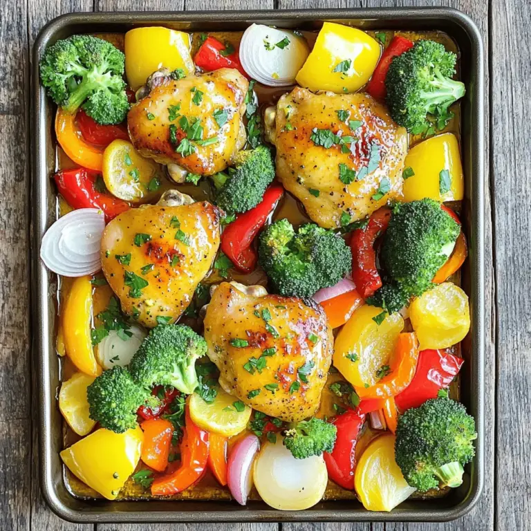 You need a few key items to make this dish. Gather these main ingredients: - 4 boneless, skinless chicken thighs - 2 tablespoons olive oil - Zest of 1 lemon - Juice of 1 lemon - 1 tablespoon honey - 2 cloves garlic, minced These ingredients give your chicken a bright flavor and juicy texture. The chicken thighs stay moist while roasting, making them a great choice. Next, you will need some seasonings to enhance the taste. Here’s what to add: - 1 teaspoon smoked paprika - 1 teaspoon dried oregano - Salt and pepper to taste Mix these seasonings with the marinade. This blend adds a warm and savory depth to the chicken. The smoked paprika gives a nice touch of smokiness. For this recipe, I prefer fresh, colorful vegetables. Here are some great options: - 1 red bell pepper, sliced - 1 yellow bell pepper, sliced - 1 red onion, cut into wedges - 1 cup broccoli florets Feel free to mix in other veggies too, like zucchini or carrots. The more colors, the better! They add nutrition and a lovely presentation to your meal. For the full recipe, check out the link provided. First, preheat your oven to 425°F (220°C). This step is key for even cooking. Next, take a small bowl. Whisk together the olive oil, lemon zest, lemon juice, honey, minced garlic, smoked paprika, oregano, salt, and pepper. This mixture is a flavorful marinade. Now, put the chicken thighs in a large bowl or a resealable bag. Pour the marinade over the chicken. Make sure each piece is covered well. Let it rest for at least 20 minutes. This allows the flavors to soak in. While the chicken marinates, prepare your veggies. In a separate bowl, mix the sliced bell peppers, onion wedges, and broccoli florets. Drizzle them with olive oil, salt, and pepper. Toss until the veggies are well coated. Once the chicken has marinated, grab a large sheet pan. Place the marinated chicken thighs in the center. Surround them with the seasoned veggies. This setup helps everything cook evenly. Now, put the pan in the oven. Roast for 25-30 minutes. Check the internal temperature of the chicken. It should reach 165°F (75°C). The veggies should be tender and slightly caramelized. When they are done, take the pan out and let it rest for 5 minutes. To serve, garnish your dish with fresh parsley. This adds a nice touch of color. You can serve this meal as is or with a side of rice or quinoa. It is a complete meal full of flavor and nutrients. You can find the full recipe linked above to guide your cooking. Enjoy your healthy and tasty dish! Marinating adds great flavor to chicken. For best results, use a mix of acid and oil. I like to use lemon juice and olive oil. This combo keeps the chicken moist. Let the chicken soak for at least 20 minutes. For stronger taste, marinate overnight in the fridge. Just remember to cover the bowl or bag well. To get those veggies just right, cut them into similar sizes. This helps them roast evenly. I usually use bell peppers, onions, and broccoli. Toss them in olive oil, salt, and pepper. Spread them out on the pan so they don’t steam. Give them space! The more air, the better the roasting. Cooking time can change based on your oven. I suggest checking the chicken at 25 minutes. It should reach 165°F (75°C) to be safe to eat. If you use different veggies, check them too. Some might cook faster. If the chicken is done but veggies need more time, take the chicken out and let it rest. Keep cooking the veggies until they’re perfect. Check the Full Recipe for more details. {{image_2}} You can switch the chicken for other proteins. Try using salmon or shrimp. Both cook fast and taste great with the marinade. If you prefer plant-based options, tofu works well too. Just press it first to remove extra moisture. This way, it absorbs the flavors better. Each protein brings its own unique taste to the dish. You can also change the veggies in this recipe. Carrots, zucchini, or asparagus are good choices. Each vegetable has a different texture and flavor. For a colorful mix, use a variety of bell peppers. If you want more greens, add spinach or kale. Just be sure to cut the veggies into similar sizes. This helps them cook evenly, making your meal look and taste great. To make the dish even more exciting, try adding herbs or spices. Fresh rosemary or thyme adds a nice touch. You can also sprinkle some red pepper flakes for heat. A splash of balsamic vinegar can add a sweet and tangy kick. Feel free to experiment! The more you play with flavors, the more fun your cooking will be. Check the Full Recipe for more ideas on how to make this dish your own. After enjoying your sheet pan chicken and veggies, store any leftovers in an airtight container. This keeps the food fresh for up to three days. Make sure the chicken and veggies cool down before sealing them. If you want to keep the taste and texture, avoid stacking the food too tightly. When you’re ready to enjoy leftovers, you can reheat them easily. Preheat your oven to 350°F (175°C). Place the chicken and veggies on a baking sheet. Warm them for about 10-15 minutes, or until heated through. You can also use a microwave. Heat in short bursts, stirring in between, to avoid hot spots. If you want to save leftovers for later, freezing is a great option. Place the cooled chicken and veggies in a freezer-safe bag. Squeeze out as much air as you can before sealing. You can freeze for up to three months. When you’re ready to eat, thaw in the fridge overnight, then reheat as mentioned above. This helps keep the flavors vibrant and the texture nice. It takes about 25 to 30 minutes to cook sheet pan chicken at 425°F (220°C). The chicken should reach an internal temperature of 165°F (75°C). This cooking time allows the chicken to become juicy and tender. Plus, the veggies will get soft and caramelized during this time. Yes, you can use frozen vegetables for this recipe. Just remember to thaw them first. Thawed veggies will cook more evenly with the chicken. If you add them straight from the freezer, they may release too much water. This can make the dish soggy instead of crisp. Sheet pan chicken goes well with many sides. Here are a few ideas: - Rice: White or brown rice adds a nice base. - Quinoa: This is a healthy, protein-rich option. - Salad: A fresh green salad can lighten the meal. - Bread: Crusty bread is great for soaking up the juices. These sides can round out your meal nicely. For the full recipe, check out the [Full Recipe]. In this blog post, we explored the key ingredients for sheet pan chicken, including main ingredients, seasonings, and veggies. I shared step-by-step instructions for prep, cooking, and serving. You learned tips for marinating, roasting veggies, and timing adjustments. We also looked at variations, storage info, and answered common questions. Now you have everything needed to make this dish your own. Enjoy the cooking journey!