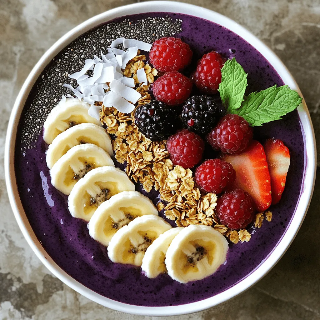 To make a Tropical Acai Smoothie Bowl, you need fresh and tasty ingredients. These ingredients create a vibrant mix of flavors. Here’s what you need: - 2 packs of frozen acai puree - 1 banana, sliced - 1 cup coconut water - 1/2 cup pineapple chunks - 1/2 cup mango chunks - 1 tablespoon honey or agave syrup (optional) - Suggested toppings: sliced banana, granola, shredded coconut, chia seeds, fresh berries, mint leaves Each of these ingredients brings something special. The acai puree adds a rich flavor and deep color. The banana makes it creamy and smooth. Coconut water gives a light sweetness and hydration. Pineapple and mango chunks add a tropical twist that brightens your bowl. You can change the toppings to fit your taste. Granola gives crunch, while chia seeds add texture and nutrients. Fresh berries not only look pretty, but they also boost flavor. Mint leaves bring a fresh note that ties it all together. With the right mix of these ingredients, you create a smoothie bowl that is both energizing and refreshing. For the full recipe, check the detailed instructions. Start by gathering all your ingredients. You will need frozen acai puree, a banana, coconut water, pineapple chunks, and mango chunks. If you want a sweeter taste, grab honey or agave syrup. Prepare your toppings, like sliced banana, granola, shredded coconut, chia seeds, fresh berries, and mint leaves. This will make your bowl look great and taste amazing. In a blender, add the frozen acai puree, banana slices, coconut water, pineapple chunks, and mango chunks. Blend on high speed until everything is smooth and creamy. If your mix is too thick, pour in a bit more coconut water. Taste it! If you want it sweeter, add honey or agave syrup and blend again. Pour the mix into a bowl, and get ready to add your toppings. Now comes the fun part! Arrange your toppings on the smoothie. You can place sliced banana, granola, shredded coconut, chia seeds, and fresh berries on top. For a final touch, add fresh mint leaves to make it look pretty. Grab a spoon and dig in right away. Enjoy your tropical acai smoothie bowl! For the complete recipe, check out the [Full Recipe]. To get the best texture for your Tropical Acai Smoothie Bowl, aim for a creamy blend. Start with frozen acai puree. The frozen fruit gives a thick texture. When blending, mix in coconut water slowly. If it’s too thick, add more coconut water. Blend until smooth, but don’t overdo it. You want it thick enough to hold toppings but smooth enough to eat with a spoon. You can swap ingredients easily based on your taste or what you have. If you don’t like coconut water, use almond milk or regular water. For the fruits, feel free to mix and match. You can use strawberries instead of mango or kiwi instead of pineapple. If you want a sweeter bowl, add more honey or agave syrup. Just keep the balance of flavors in mind. When picking acai puree, look for unsweetened options. This keeps the bowl healthy. Check the labels. Organic options often taste better. If you can find it, use pure acai from the freezer section. Avoid powders; they may lack flavor and nutrients. Frozen puree gives you that rich, berry taste you want in your smoothie bowl. For the full recipe, refer to the Tropical Acai Smoothie Bowl guide. {{image_2}} You can make your Tropical Acai Smoothie Bowl even better with fun add-ins. Try adding protein powder for a boost. This helps keep you full and supports muscle health. You can also mix in a handful of spinach. It adds nutrients without changing the flavor much. Other great add-ins include: - Chia seeds for extra fiber - Flax seeds for healthy fats - Nut butters for added creaminess Toppings can change your smoothie bowl game. You can use nuts for crunch, like almonds or walnuts. Seeds like pumpkin or sunflower seeds add a nice touch too. Fresh fruits also make great toppings. Consider adding: - Sliced strawberries or kiwi - Blueberries or raspberries - Coconut flakes for some tropical flair These toppings not only taste great but also make your bowl look stunning. Using seasonal fruits can keep your smoothie bowl fresh and exciting. In summer, add juicy peaches or fresh berries. During fall, try slices of apple or pear. Winter brings the chance to use citrus fruits like oranges or mandarins. Each season offers unique flavors, so get creative with what you have! For the full recipe, check out the Tropical Acai Smoothie Bowl section. If you have leftover smoothie, store it in the fridge. Use a clean glass jar or an airtight container. The smoothie stays fresh for up to 24 hours. Just remember, it may separate a bit. When you're ready to enjoy, give it a good shake or stir. You can freeze smoothie ingredients for later use. Portion your frozen acai puree, banana slices, and other fruits into bags. This way, you can make your smoothie quickly. When you want to blend, just take out the portions you need. This keeps your fruits fresh and tasty. For storing your smoothie, use glass jars or BPA-free plastic containers. Glass jars are great because they don’t hold odors like plastic. Make sure your containers have tight-fitting lids. This keeps your smoothie fresh and prevents spills. If you want to freeze, use freezer-safe bags or containers. Acai berries are full of antioxidants. They help fight free radicals in your body. These berries also boost heart health and improve cholesterol levels. They contain fiber, which aids digestion. Plus, they offer healthy fats that can help with weight management. Eating acai may also increase energy levels. Yes, you can easily make this smoothie bowl vegan. Simply skip the honey and use agave syrup instead. All other ingredients are already plant-based. This way, you keep the delicious taste without using animal products. If you want to make more servings, just double or triple the ingredients. Keep the same ratio for each item. For example, if you need four servings, use four packs of acai and two bananas. Blend in batches if your blender cannot hold all at once. Fresh acai is hard to find in many places. If you have access to fresh acai, you can use it. Just make sure to add ice to get that thick, creamy texture. This will help mimic the frozen version. Toppings can change the taste and texture of your smoothie bowl. I love using sliced banana, granola, and shredded coconut. Fresh berries add a burst of flavor. Chia seeds are great for crunch, and mint leaves give a nice touch. Mix and match your favorites! If you have leftovers, store them in an airtight container. They can last in the fridge for up to 24 hours. However, for the best taste and texture, enjoy them right away. Smoothies may separate as they sit, so a quick stir is a must before eating. You can add protein powder to your smoothie. A scoop of plant-based protein works well. Greek yogurt is another option if you're not vegan. This adds creaminess, too! Nut butter like almond or peanut also boosts protein and flavor. For the full recipe, check out the Tropical Acai Smoothie Bowl section above. This article covers making a delicious acai smoothie bowl. We explored ingredient choices, preparation steps, and tips for the best consistency. You learned about fun variations to keep your bowl exciting, plus storage options for leftovers. In summary, acai smoothie bowls are easy to make and perfect for any meal. Enjoy experimenting with different fruits and toppings to make it your own! Get creative and enjoy the health benefits.