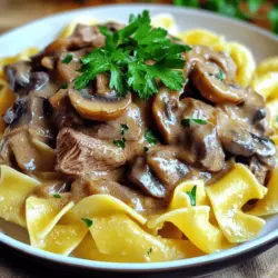 To make a classic beef stroganoff, gather these key items: - 1 lb beef sirloin, thinly sliced - 2 tablespoons olive oil - 1 medium onion, finely chopped - 2 cloves garlic, minced - 8 oz mushrooms, sliced (cremini or button) - 2 tablespoons all-purpose flour - 2 cups beef broth (low sodium) - 1 tablespoon Worcestershire sauce - 1 teaspoon Dijon mustard - 1 cup sour cream - Salt and pepper to taste - Fresh parsley, chopped (for garnish) - Egg noodles or rice (for serving) You can customize your beef stroganoff with these extra ingredients: - A splash of white wine for depth - Fresh thyme or dill for herb notes - A dash of hot sauce for spice - Peas or carrots for added color and texture If you need to swap an ingredient, here are some good options: - Use chicken or turkey instead of beef for a lighter dish. - Replace sour cream with Greek yogurt for a tangy twist. - Vegetable broth works well if you prefer a meat-free option. - For a gluten-free version, use cornstarch instead of flour. For the full recipe, check out the complete instructions! To make classic beef stroganoff, follow these easy steps. First, heat olive oil in a large skillet over medium-high heat. Add the sliced beef, seasoning it with salt and pepper. Cook the beef for about 3-4 minutes. You want it browned on all sides. Once done, take the beef out and set it aside. Next, in the same skillet, add the chopped onion. Sauté it for about 2-3 minutes until it turns translucent. Then, add the minced garlic and sliced mushrooms, cooking for another 5 minutes. The mushrooms should become tender and release their moisture. Now, sprinkle flour over the mushroom mix. Stir it well to coat the veggies evenly. Cook for 1-2 minutes to get rid of the raw flour taste. Gradually pour in the beef broth, stirring constantly. This helps avoid lumps. Add Worcestershire sauce and Dijon mustard, mixing everything until combined. Let it simmer gently. Lower the heat to medium and return the browned beef to the skillet. Let it simmer in the sauce for about 5 minutes. Now, stir in the sour cream, mixing until the sauce is creamy. Taste and adjust the seasoning with salt and pepper if needed. While the stroganoff simmers, cook your egg noodles or rice according to the package instructions. Drain and set them aside. Finally, serve the beef stroganoff over the noodles or rice. Garnish with chopped fresh parsley for a nice touch. Browning beef is key for flavor. Here are some tips to do it right: - Choose the right cut: Use beef sirloin for tenderness. - Don’t crowd the pan: Cook in batches if needed. - High heat: Make sure the skillet is hot before adding beef. - Avoid stirring too much: Let the beef sit to develop a good crust. Sautéing vegetables enhances their flavor. It also adds depth to your dish. Here’s why it matters: - Texture: Sautéed veggies become tender but still hold their shape. - Flavor: Cooking releases natural sugars, making them sweeter. - Color: Sautéed onions and mushrooms add a rich, appealing look to your dish. Using these steps and tips, your classic beef stroganoff will be a mouthwatering comfort dish. For a complete guide, check out the Full Recipe. When making beef stroganoff, avoid overcooking the beef. Cook it just until browned. If you cook it too long, it becomes tough. Also, don’t skip the flour step. This helps thicken the sauce. Be careful with salt. Taste as you go to avoid a salty dish. To get a creamy sauce, add sour cream at the end. Stir it in gently. If you add it too soon, it may curdle. Use low heat when mixing it in. This keeps the sauce smooth and rich. If you want extra creaminess, try adding a splash of heavy cream. - Sear the beef for 3-4 minutes. - Sauté the onion for 2-3 minutes until soft. - Cook the garlic and mushrooms for about 5 minutes. - Simmer the stroganoff for 5 minutes after adding the beef back in. These times help each ingredient shine. Follow these steps to make your beef stroganoff perfect every time. For the full recipe, check out the link provided. {{image_2}} You can easily make a vegetarian or vegan version of beef stroganoff. Instead of beef, use mushrooms, lentils, or tofu. Mushrooms give a nice, meaty texture. Use vegetable broth instead of beef broth. For a creamy sauce, swap sour cream with cashew cream or coconut yogurt. These changes keep the dish rich and tasty without meat. While beef is the classic choice, you can try other meats too. Chicken or turkey works well for a lighter meal. Pork is another great option. Thinly slice your meat for even cooking. Each type brings its own flavor, so choose what you like best. Adjust cooking times based on the meat you select for best results. You can boost the flavor with simple add-ins. Try adding a splash of white wine for depth. Fresh herbs like thyme or rosemary add a lovely aroma. You might also toss in some spinach or peas for color and nutrition. For a kick, add a dash of hot sauce. These additions can elevate your beef stroganoff and make it unique. For the full recipe, check out the Beef Stroganoff Delight. To store leftovers of your beef stroganoff, first let it cool. Place it in an airtight container. Make sure the lid seals tightly. Store the container in the fridge. It can last for about three days. When you're ready to eat, grab your leftovers. Pour the stroganoff into a saucepan. Heat it over low to medium heat. Stir it as it warms up. This keeps the sauce smooth. You can also use a microwave. Just cover the dish and heat in short bursts. If you want to freeze beef stroganoff, use a freezer-safe container. Leave some space at the top for expansion. It can stay frozen for up to three months. When you're ready to eat, thaw it in the fridge overnight. Reheat it slowly for the best taste. Avoid refreezing after reheating to keep it safe. For the full recipe, check out the Beef Stroganoff Delight. Beef Stroganoff comes from Russia. It dates back to the 19th century. The dish features tender beef in a creamy sauce. It gained popularity across the world, and many variations exist. Some say it was named after a noble family, the Stroganovs. The dish highlights the rich flavors of beef and mushrooms. Yes, you can make Beef Stroganoff ahead of time. It tastes even better after the flavors meld together. Cook the dish, let it cool, and store it in the fridge. Reheat gently on the stove or in the microwave. Just add a little water or broth to keep it moist. Beef Stroganoff pairs well with several sides. Here are some great choices: - Egg noodles - Rice - Mashed potatoes - Crusty bread Each option soaks up the creamy sauce well. You can also add a simple salad for freshness. Roasted vegetables make a great side too. For more details, check out the Full Recipe. This article covered all the ingredients and steps to make Beef Stroganoff. We explored required and optional ingredients, along with swaps. You learned detailed cooking steps and tips for great flavors. Remember to avoid common mistakes and try fun variations. Storing and reheating leftovers correctly helps keep your dish tasty. With this knowledge, you can craft a delicious Beef Stroganoff that suits your taste. Enjoy cooking!