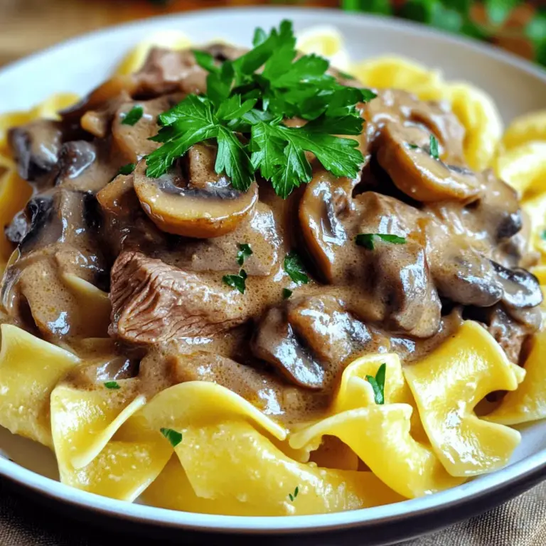 To make a classic beef stroganoff, gather these key items: - 1 lb beef sirloin, thinly sliced - 2 tablespoons olive oil - 1 medium onion, finely chopped - 2 cloves garlic, minced - 8 oz mushrooms, sliced (cremini or button) - 2 tablespoons all-purpose flour - 2 cups beef broth (low sodium) - 1 tablespoon Worcestershire sauce - 1 teaspoon Dijon mustard - 1 cup sour cream - Salt and pepper to taste - Fresh parsley, chopped (for garnish) - Egg noodles or rice (for serving) You can customize your beef stroganoff with these extra ingredients: - A splash of white wine for depth - Fresh thyme or dill for herb notes - A dash of hot sauce for spice - Peas or carrots for added color and texture If you need to swap an ingredient, here are some good options: - Use chicken or turkey instead of beef for a lighter dish. - Replace sour cream with Greek yogurt for a tangy twist. - Vegetable broth works well if you prefer a meat-free option. - For a gluten-free version, use cornstarch instead of flour. For the full recipe, check out the complete instructions! To make classic beef stroganoff, follow these easy steps. First, heat olive oil in a large skillet over medium-high heat. Add the sliced beef, seasoning it with salt and pepper. Cook the beef for about 3-4 minutes. You want it browned on all sides. Once done, take the beef out and set it aside. Next, in the same skillet, add the chopped onion. Sauté it for about 2-3 minutes until it turns translucent. Then, add the minced garlic and sliced mushrooms, cooking for another 5 minutes. The mushrooms should become tender and release their moisture. Now, sprinkle flour over the mushroom mix. Stir it well to coat the veggies evenly. Cook for 1-2 minutes to get rid of the raw flour taste. Gradually pour in the beef broth, stirring constantly. This helps avoid lumps. Add Worcestershire sauce and Dijon mustard, mixing everything until combined. Let it simmer gently. Lower the heat to medium and return the browned beef to the skillet. Let it simmer in the sauce for about 5 minutes. Now, stir in the sour cream, mixing until the sauce is creamy. Taste and adjust the seasoning with salt and pepper if needed. While the stroganoff simmers, cook your egg noodles or rice according to the package instructions. Drain and set them aside. Finally, serve the beef stroganoff over the noodles or rice. Garnish with chopped fresh parsley for a nice touch. Browning beef is key for flavor. Here are some tips to do it right: - Choose the right cut: Use beef sirloin for tenderness. - Don’t crowd the pan: Cook in batches if needed. - High heat: Make sure the skillet is hot before adding beef. - Avoid stirring too much: Let the beef sit to develop a good crust. Sautéing vegetables enhances their flavor. It also adds depth to your dish. Here’s why it matters: - Texture: Sautéed veggies become tender but still hold their shape. - Flavor: Cooking releases natural sugars, making them sweeter. - Color: Sautéed onions and mushrooms add a rich, appealing look to your dish. Using these steps and tips, your classic beef stroganoff will be a mouthwatering comfort dish. For a complete guide, check out the Full Recipe. When making beef stroganoff, avoid overcooking the beef. Cook it just until browned. If you cook it too long, it becomes tough. Also, don’t skip the flour step. This helps thicken the sauce. Be careful with salt. Taste as you go to avoid a salty dish. To get a creamy sauce, add sour cream at the end. Stir it in gently. If you add it too soon, it may curdle. Use low heat when mixing it in. This keeps the sauce smooth and rich. If you want extra creaminess, try adding a splash of heavy cream. - Sear the beef for 3-4 minutes. - Sauté the onion for 2-3 minutes until soft. - Cook the garlic and mushrooms for about 5 minutes. - Simmer the stroganoff for 5 minutes after adding the beef back in. These times help each ingredient shine. Follow these steps to make your beef stroganoff perfect every time. For the full recipe, check out the link provided. {{image_2}} You can easily make a vegetarian or vegan version of beef stroganoff. Instead of beef, use mushrooms, lentils, or tofu. Mushrooms give a nice, meaty texture. Use vegetable broth instead of beef broth. For a creamy sauce, swap sour cream with cashew cream or coconut yogurt. These changes keep the dish rich and tasty without meat. While beef is the classic choice, you can try other meats too. Chicken or turkey works well for a lighter meal. Pork is another great option. Thinly slice your meat for even cooking. Each type brings its own flavor, so choose what you like best. Adjust cooking times based on the meat you select for best results. You can boost the flavor with simple add-ins. Try adding a splash of white wine for depth. Fresh herbs like thyme or rosemary add a lovely aroma. You might also toss in some spinach or peas for color and nutrition. For a kick, add a dash of hot sauce. These additions can elevate your beef stroganoff and make it unique. For the full recipe, check out the Beef Stroganoff Delight. To store leftovers of your beef stroganoff, first let it cool. Place it in an airtight container. Make sure the lid seals tightly. Store the container in the fridge. It can last for about three days. When you're ready to eat, grab your leftovers. Pour the stroganoff into a saucepan. Heat it over low to medium heat. Stir it as it warms up. This keeps the sauce smooth. You can also use a microwave. Just cover the dish and heat in short bursts. If you want to freeze beef stroganoff, use a freezer-safe container. Leave some space at the top for expansion. It can stay frozen for up to three months. When you're ready to eat, thaw it in the fridge overnight. Reheat it slowly for the best taste. Avoid refreezing after reheating to keep it safe. For the full recipe, check out the Beef Stroganoff Delight. Beef Stroganoff comes from Russia. It dates back to the 19th century. The dish features tender beef in a creamy sauce. It gained popularity across the world, and many variations exist. Some say it was named after a noble family, the Stroganovs. The dish highlights the rich flavors of beef and mushrooms. Yes, you can make Beef Stroganoff ahead of time. It tastes even better after the flavors meld together. Cook the dish, let it cool, and store it in the fridge. Reheat gently on the stove or in the microwave. Just add a little water or broth to keep it moist. Beef Stroganoff pairs well with several sides. Here are some great choices: - Egg noodles - Rice - Mashed potatoes - Crusty bread Each option soaks up the creamy sauce well. You can also add a simple salad for freshness. Roasted vegetables make a great side too. For more details, check out the Full Recipe. This article covered all the ingredients and steps to make Beef Stroganoff. We explored required and optional ingredients, along with swaps. You learned detailed cooking steps and tips for great flavors. Remember to avoid common mistakes and try fun variations. Storing and reheating leftovers correctly helps keep your dish tasty. With this knowledge, you can craft a delicious Beef Stroganoff that suits your taste. Enjoy cooking!