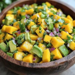 To make a vibrant Mango Avocado Salsa, gather the following ingredients: - 1 ripe mango, diced - 2 ripe avocados, diced - 1 small red onion, finely chopped - 1 red bell pepper, finely diced - 1-2 jalapeño peppers, deseeded and minced (adjust for spice) - 1/4 cup fresh cilantro, chopped - Juice of 2 limes - Salt and pepper to taste - Optional: 1 teaspoon honey for a touch of sweetness I always choose ripe ingredients for the best taste. A ripe mango should have a sweet smell and yield slightly to pressure. When selecting avocados, look for ones that are dark and firm but not hard. The red onion adds a sharp flavor that contrasts well with the sweetness of the mango. The red bell pepper brings a nice crunch and color. Fresh cilantro gives your salsa a bright note. Lime juice adds acidity, which balances the flavors perfectly. Always season with salt and pepper to enhance the flavors of each ingredient. You can tailor your salsa to your taste by adding optional ingredients. Consider adding diced tomatoes for more color and texture. If you like more heat, toss in extra jalapeños or even some diced serrano peppers. A teaspoon of honey can enhance sweetness and balance the spice. For a tropical twist, add diced pineapple or papaya. Feel free to experiment with these optional ingredients to create a unique salsa that suits your palate. For the full recipe, check out Mango Avocado Salsa Fiesta. To make Mango Avocado Salsa, start by gathering all your ingredients. First, dice one ripe mango and two ripe avocados. Next, finely chop one small red onion and dice one red bell pepper. If you like heat, take one or two jalapeño peppers, deseed them, and mince them. Don’t forget to chop 1/4 cup of fresh cilantro. Squeeze the juice of two limes into a bowl. This gives the salsa a fresh taste. In a large mixing bowl, combine the diced mango and avocados. Then, add the chopped red onion and red bell pepper. Stir in the minced jalapeño and chopped cilantro. Finally, pour the lime juice over the mix. Make sure everything gets coated well. Chopping can be fun! Use a sharp knife for clean cuts. When dicing mango, peel it first to avoid the tough skin. Cut the fruit into planks, then into cubes. For avocados, cut them in half and remove the pit. Use a spoon to scoop out the flesh, then dice it. When you combine the ingredients, be gentle. You don’t want to mash the avocado. Toss everything lightly. This keeps the salsa fresh and pretty. To make your salsa pop, add salt and pepper to taste. This simple step brings out the flavors. If you want a hint of sweetness, stir in one teaspoon of honey. Letting the salsa sit for about 10 minutes helps the flavors blend. This resting time is key. It allows the ingredients to share their juices. For a fresh twist, try adding other herbs like mint. This gives a unique taste. For the complete recipe, check the Full Recipe. Enjoy your Mango Avocado Salsa! To pick ripe mangoes, look for a smooth skin. The skin should have a slight give when pressed. A ripe mango often has a sweet smell. If it feels hard, it is not ready. For avocados, choose ones that feel soft but not mushy. The skin should be dark green or almost black. Avoid any with large brown spots. Not everyone likes the same taste. To adjust the flavor, add more lime juice for tang. If you want more heat, increase the jalapeño. For a sweeter salsa, add a bit of honey. Taste as you mix to find what you like best. You can also sprinkle in some cumin or garlic powder for extra depth. Serve your mango avocado salsa in a large bowl. Use tortilla chips for dipping. You can also add it to tacos or grilled fish. For a fun touch, serve it in avocado halves. This makes a bright and colorful dish. Keep your salsa fresh by covering it tightly with plastic wrap if you need to store it. For the full recipe, check out the section on ingredients. {{image_2}} You can change up the flavor with other fruits. Try adding pineapple for a sweet twist. Chopped peaches also work well for a fresh taste. If you want a bit of tartness, mango pairs nicely with kiwis. Mixing fruits gives you a unique salsa each time. Want more heat? Use serrano peppers instead of jalapeños. They pack a punch! You can also add diced habaneros for a fiery kick. If you prefer milder salsa, skip the peppers entirely. You can add more lime juice and herbs for flavor. Mango avocado salsa shines on tacos. It adds a burst of flavor to grilled chicken or fish. Serve it with tortilla chips for a fun snack. You can even top salads or bowls for a fresh finish. The options are endless! To keep your Mango Avocado Salsa fresh, store it in an airtight container. This helps prevent air from making it brown. Press a piece of plastic wrap directly onto the salsa's surface before sealing. This can reduce oxidation. Mango Avocado Salsa is best enjoyed fresh. However, it can last in the fridge for 1 to 2 days. After this time, the avocados may turn brown and mushy. Check for any off smells or changes in texture before eating. Freezing is tricky for this salsa. Avocados do not freeze well, and their texture can change. If you want to freeze it, do so without the avocado. You can mix the diced mango, onion, and peppers together, then freeze. When ready to eat, thaw it and add fresh avocado. This keeps the dish tasting fresh and bright. For the full recipe, check the steps above. To chop avocados for salsa, start with a ripe avocado. Cut it in half and remove the pit carefully. Use a spoon to scoop the flesh out. Then, slice the avocado into small cubes. You can also score the flesh before scooping. This method gives you even pieces. Always be gentle to avoid mashing the avocado. Yes, you can make Mango Avocado Salsa ahead of time. However, the avocados may brown. To slow this down, add lime juice to the salsa. Store it in an airtight container in the fridge. It is best to serve it fresh, but it can last up to 24 hours. Just give it a gentle stir before serving. Mango Avocado Salsa pairs well with many dishes. You can serve it with tortilla chips for a tasty snack. It also works great on tacos or grilled chicken. Try it with fish or as a topping for salads. The fresh flavors enhance any meal. For a fun twist, use it as a topping for quesadillas. Enjoy this salsa in various ways! For the full recipe, check out the detailed instructions and tips. Mango Avocado Salsa is fresh, tasty, and easy to make. We discussed key ingredients and how to choose the freshest produce. You learned step-by-step instructions for preparation and tips to enhance flavor. We explored variations and creative ways to serve the salsa, plus smart storage tips. In closing, this salsa brings flavor and joy to any meal. Try it out and enjoy!