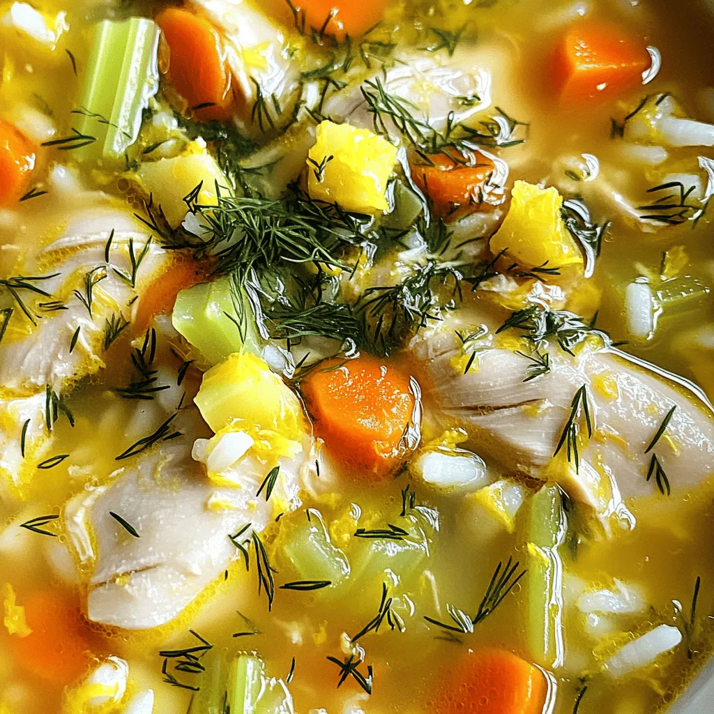 - 1 pound boneless, skinless chicken thighs - 1 medium onion, finely chopped - 2 carrots, diced - 2 celery stalks, diced - 4 cloves garlic, minced - 6 cups chicken broth - 1 cup long-grain rice (preferably Basmati) - 2 large eggs - 1/4 cup fresh lemon juice (about 2 lemons) - Zest of 1 lemon - 1 tablespoon olive oil - Salt and pepper, to taste - Fresh dill or parsley, for garnish For the soup, I choose chicken thighs. They stay juicy and add great flavor. Next, I use onion, carrots, and celery for a solid base. Don't skip the garlic; it gives a nice kick. I like to use chicken broth for depth. Basmati rice makes the soup hearty. The eggs and lemon juice create that creamy texture. Lemon zest adds a bright note. Finally, fresh herbs like dill or parsley make the soup pop. - Lemon and herbs - Additional spices Lemon is key for that tangy flavor. I use fresh lemon juice and zest to get the best taste. Fresh herbs like dill or parsley give a nice finish. They also add bright color. I often add salt and pepper to taste. This step is important to balance the flavors. You can also try other spices if you want to change things up. - Dietary modifications - Alternative proteins If you want a lighter soup, you can use chicken breast instead of thighs. For a vegetarian version, swap the chicken for chickpeas and use vegetable broth. If you need to avoid eggs, try adding a splash of cream instead. This will keep that rich texture. You can also add more veggies like spinach or zucchini for extra nutrients. For the full recipe, check out the detailed steps to make this delightful soup! To start, gather your ingredients. You will need fresh vegetables and chicken. Chop the onion, carrots, and celery into small pieces. This helps them cook evenly. Heat olive oil in a large pot over medium heat. Add the chopped onion, carrots, and celery. Sauté for about 5-7 minutes. You want them soft but not brown. Next, stir in the minced garlic. Cook this for one more minute. The garlic should be fragrant. Now, take your chicken thighs and place them in the pot. Pour in the chicken broth, and bring this mixture to a boil. Once boiling, lower the heat to a simmer. Let it cook for about 15 minutes. The chicken should be fully cooked. After that, remove the chicken from the pot and let it cool. While it cools, it's time to add the rice. Pour the rice into the broth and simmer for another 15 minutes. This will make the rice tender. When the chicken has cooled, shred it using two forks. This makes it easier to mix into the soup later. Now, check the rice. It should be cooked through. If it’s too thick, you can add a bit more chicken broth. Timing is key. Make sure the rice cooks for a full 15 minutes. This way, it will soak up all the flavors from the broth. Stir gently in between to prevent it from sticking to the bottom of the pot. Now, let’s make the egg and lemon mixture. In a separate bowl, whisk together the eggs, lemon juice, and lemon zest. This will add a bright flavor to the soup. Use a whisk to combine them well. To temper the eggs, gradually add a ladle of hot broth to the egg mixture. This helps avoid curdling. Whisk continuously as you add the broth. Once combined, slowly pour this tempered mixture back into the soup while stirring gently. This adds creaminess without cooking the eggs directly. Finally, add the shredded chicken back to the pot. Season with salt and pepper to taste. Heat the soup gently for a few more minutes, but do not let it boil. You want a warm, comforting bowl of soup to enjoy. For the full recipe, refer to the main article. To get the right consistency for Greek Lemon Chicken Soup, start with the broth. Use fresh chicken broth for a rich base. When you add the rice, let it simmer until tender, but don’t overcook. This keeps the soup smooth and creamy. Curdling can ruin your soup. To avoid this, temper the egg mixture. Slowly add hot broth to the eggs while whisking. This helps mix the temperatures and prevents curdling. Then, pour this back into the pot gently. You can add extra herbs like thyme or oregano for more flavor. Fresh dill or parsley also works well as a garnish. If you want a kick, try adding a pinch of red pepper flakes. These small changes can elevate your soup’s taste. Balancing acidity is key. The lemon juice gives great flavor, but too much can be sharp. Taste as you go. If it’s too tangy, add a little more broth or a pinch of sugar to balance it. Pair your soup with crusty bread or a fresh salad for a complete meal. A simple Greek salad with cucumbers and tomatoes complements the soup nicely. For presentation, ladle the soup into bowls and sprinkle with fresh herbs. A slice of lemon on the side adds a nice touch and color. For the full recipe, check out [Full Recipe]. {{image_2}} If you want a gluten-free version of Greek lemon chicken soup, you have choices. Instead of regular rice, try gluten-free rice options like jasmine or brown rice. These grains cook well and add a nice texture. You can also use quinoa or millet for a different flavor. Boost the nutrition of your soup with fresh vegetables. Consider adding spinach, kale, or peas. These veggies add color and vitamins. For protein alternatives, chickpeas or lentils work great. They make the soup hearty and filling. To make a vegetarian version, substitute the chicken with tofu or tempeh. Both offer protein and absorb flavor well. For broth swaps, use vegetable broth instead of chicken broth. It adds depth without the meat. You can still enjoy the bright lemon flavor. To store Greek lemon chicken soup, let it cool first. Pour it into airtight containers. Glass or plastic containers work well. Make sure to seal them tight. This helps keep the soup fresh. Store it in the fridge for up to three days. You can also freeze the soup for later. Use freezer-safe containers or bags. Leave some space at the top, as soup expands when frozen. It keeps well for about three months. When ready to eat, thaw the soup in the fridge overnight. Reheat it on the stove over low heat. Stir often to warm it evenly. The soup stays tasty for a few days in the fridge. After three days, the quality drops. Signs of spoilage include off smells, discoloration, or mold. If you see any of these, throw the soup away. Always trust your senses to keep meals safe and delicious. To make this soup, you start with fresh ingredients. Here’s what you need: - 1 pound boneless, skinless chicken thighs - 1 medium onion, finely chopped - 2 carrots, diced - 2 celery stalks, diced - 4 cloves garlic, minced - 6 cups chicken broth - 1 cup long-grain rice (preferably Basmati) - 2 large eggs - 1/4 cup fresh lemon juice (about 2 lemons) - Zest of 1 lemon - 1 tablespoon olive oil - Salt and pepper, to taste - Fresh dill or parsley, for garnish You sauté onions, carrots, and celery in olive oil. After a few minutes, add garlic. Then, add chicken and broth. Bring it to a boil, then simmer. Cook for about 15 minutes. Remove the chicken, add rice, and cook until tender. Shred the chicken, whisk eggs with lemon, and temper this mixture with hot broth. Stir it back into the soup. Finally, add chicken and season. Yes, you can prep this soup ahead of time. The best way is to store the soup without the rice and eggs. Cook the soup base first and chill it. When ready to eat, reheat and add rice. This keeps the rice from getting mushy. You can also whisk in the egg and lemon mix just before serving. If your soup is too acidic, add a pinch of sugar. This helps balance the flavors. You can also add more broth or water. If you have extra rice, stir it in. It absorbs some acidity and makes the soup creamier. Taste as you go to find the right balance. Absolutely! Using leftover chicken is a great time-saver. Just shred the chicken and add it to the soup before serving. Make sure to adjust the cooking time for the rice, so it finishes cooking perfectly. This makes your Greek Lemon Chicken Soup even easier to prepare. For the full recipe, check out the details above. Greek Lemon Chicken Soup is a comforting dish that’s easy to make. We covered the key ingredients, like chicken and vegetables, and shared how to season it perfectly. You learned how to prepare and cook the soup, with tips to ensure the right texture and flavor. We explored variations for different diets and provided storage advice for leftovers. Make this soup your own by adding your favorite twists. Enjoy the warmth it brings on chilly days!