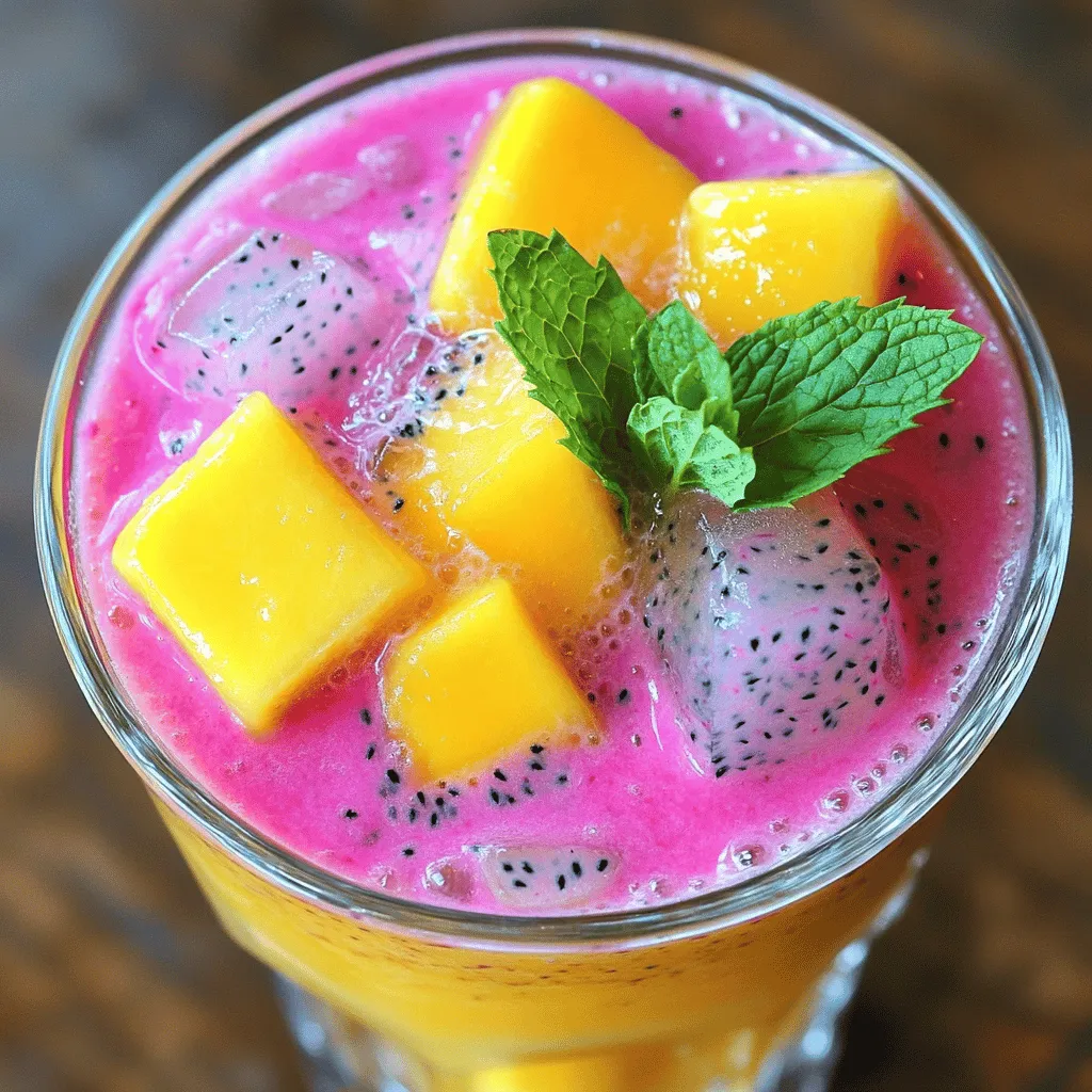 To make this refreshing drink, gather these key ingredients: - 1 ripe mango, peeled and diced - 1 cup dragon fruit, diced (preferably the pink-skinned variety) - 2 cups coconut water - 1 tablespoon honey or agave syrup (adjust to taste) - 1 lime, juiced - Fresh mint leaves for garnish - Ice cubes These ingredients blend to create a vibrant, fruity drink with a tropical flair. The mango adds sweetness, while the dragon fruit brings a unique texture and color. Coconut water gives it a hydrating touch, and lime juice adds a zing. You can customize your Mango Dragon Fruit Refresher to fit your taste. Here are some options: - A splash of pineapple juice for extra sweetness - Chia seeds for added texture and nutrients - A hint of ginger for a spicy kick - Coconut milk for creaminess Feel free to mix and match these ingredients. This way, you can make the drink your own. Choosing fresh fruit is key to a tasty drink. Here are a few tips: - Look for mangoes that are slightly soft when gently squeezed. This shows ripeness. - Choose dragon fruit that is bright in color and firm. Avoid any with dark spots. - For limes, pick those that feel heavy for their size. This means they are juicy. Using fresh ingredients will enhance the flavor and freshness of your Mango Dragon Fruit Refresher. Enjoy the vibrant flavors that come from fresh produce! Start by peeling the ripe mango. Cut it into small, bite-sized pieces. For the dragon fruit, cut it in half. Scoop out the bright pink flesh and dice it into cubes. This fruit looks great and has a mild flavor. Together, they make a perfect pair. Now, grab your blender. Add the diced mango and dragon fruit. Pour in the coconut water, honey, and lime juice. Blend on high until the mix is smooth, about 30 to 60 seconds. If it needs more sweetness, add more honey and blend briefly. This step makes the drink tasty and refreshing. Fill two glasses with ice cubes. Pour the blended mix over the ice. The cold drink will chill quickly. To make it look great, add fresh mint leaves on top. This adds a pop of color and flavor. Enjoy this easy and refreshing drink now! For the complete recipe, check out the [Full Recipe]. To adjust the sweetness of your Mango Dragon Fruit Refresher, taste first. After blending, you may find it needs more sweetness. Add honey or agave syrup slowly. Blend again to mix. If it’s still not sweet enough, add more. Remember, everyone's taste is different, so trust your palate. When blending, use high speed for a smooth texture. Start with the liquids first. This helps the blades move freely. Add your diced fruit next. Make sure the blender is not too full. You want enough room for the mixture to swirl well. If your blender struggles, stop and stir. This will help it blend more evenly. To create a creamier drink, use ripe fruit. The riper the mango, the creamier your refresher will be. You can also add a splash of coconut milk. This adds richness without overpowering the tropical flavors. Blend until it’s smooth and thick. Remember to taste before serving; you can always adjust if needed. Enjoy your bright and fresh drink! For the full recipe, check the details above. {{image_2}} You can make your Mango Dragon Fruit Refresher even more fun by adding other fruits. Berries like strawberries or blueberries add sweetness and color. You can also try adding pineapple for a tropical twist. Just dice the fruit and blend it in with the mango and dragon fruit. This adds more flavor and makes the drink even more refreshing. Want to spice things up? You can turn this drink into a fun cocktail. Adding a splash of rum or vodka works great. Mix in about one ounce of your favorite spirit when blending. This gives a nice kick while keeping the drink light and fruity. Serve it in a fancy glass and enjoy! If you want a dairy-free or vegan version, this drink is already perfect! The coconut water is a great base, and it keeps it light. You can also add a splash of almond milk for creaminess. Just blend it in with the other ingredients. This way, you keep the drink delicious while meeting any dietary needs. For the full recipe, check out the detailed instructions above! If you have leftover Mango Dragon Fruit Refresher, store it in a sealed jar. A glass jar works best. Keep it in the fridge for up to two days. The drink might separate, so shake it well before serving again. You can freeze this refresher if you want to save it longer. Pour the drink into ice cube trays. Once frozen, pop the cubes into a freezer bag. You can blend them later for a quick treat. To keep your ingredients fresh, store mangoes and dragon fruit at room temperature until ripe. After that, place them in the fridge. Coconut water should stay in a cool, dry place. Always check the expiration date on bottled products. Use fresh mint leaves right away for the best flavor. A Mango Dragon Fruit Refresher is a bright and tasty drink. It blends mango, dragon fruit, and coconut water. The drink is smooth and creamy. It is perfect for hot days or when you need a boost. The lime juice adds a nice tang. This drink is both refreshing and fun to make. You can find Mango Dragon Fruit Refreshers at many cafes and smoothie shops. Some grocery stores sell bottled versions too. But making it at home is easy and fun! You can adjust the flavors to your taste. Yes, you can prepare the drink ahead of time. Blend the ingredients and store them in the fridge. Just be sure to stir it well before serving. It tastes best when fresh, but it still stays good for a day or two. This drink is packed with nutrients. Mango is rich in vitamins A and C. Dragon fruit is high in fiber and antioxidants. Coconut water keeps you hydrated and adds electrolytes. It’s a great choice for a healthy snack or drink. To make your drink even more refreshing, try adding more ice. You can also mix in extra lime juice for a sharper taste. Fresh mint leaves add a cool flavor and aroma. If you want a bubbly version, use sparkling water instead of coconut water. For the full recipe, check out the detailed instructions earlier. This blog post shared how to make a Mango Dragon Fruit Refresher. You learned about the key ingredients and tips for choosing fresh produce. I offered step-by-step instructions for preparing and blending your drink. We covered how to customize sweetness and create variations, too. Keep experimenting with fruits and methods. Your drink can always improve. Enjoy your refreshing creation!