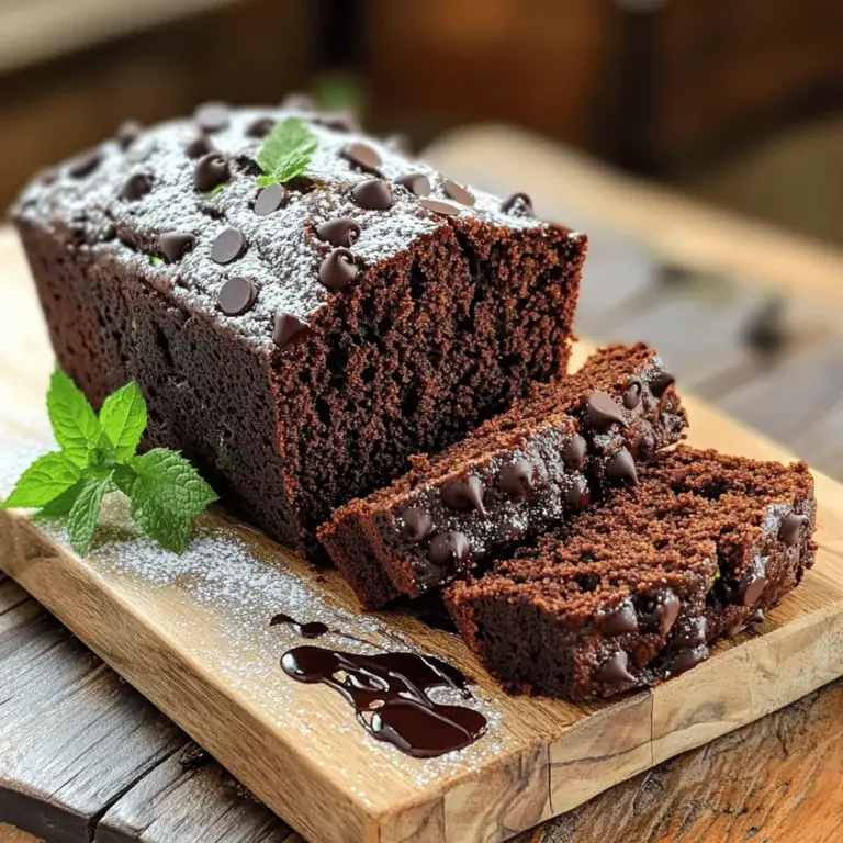 - 1 cup grated zucchini - 1 cup whole wheat flour - 1/2 cup unsweetened cocoa powder The core ingredients are key to making healthy chocolate zucchini bread. Grated zucchini adds moisture and nutrition without a strong taste. Whole wheat flour gives your bread a nutty flavor and extra fiber. Unsweetened cocoa powder brings rich chocolate flavor without added sugar. - 1/2 cup maple syrup or honey - 1/4 cup unsweetened applesauce - 1/4 cup Greek yogurt You can choose natural sweeteners like maple syrup or honey to enhance sweetness. Unsweetened applesauce adds moisture and reduces the need for oil. Greek yogurt boosts protein and keeps the bread soft. - 1/2 teaspoon baking soda - 1/2 teaspoon baking powder - 1/4 teaspoon salt - 1/2 cup dark chocolate chips Baking soda and baking powder help the bread rise. Salt balances flavors and enhances sweetness. Dark chocolate chips, especially those with 70% cacao, add a decadent touch. For the full recipe and more details, check the [Full Recipe]. 1. Preheating the oven: Start by preheating your oven to 350°F (175°C). This ensures that your bread bakes evenly. 2. Preparing the loaf pan: Grease a 9x5 inch loaf pan. You can also line it with parchment paper for easy removal later. 1. Combining flour, cocoa powder, and leavening agents: In a medium bowl, mix together the whole wheat flour, unsweetened cocoa powder, baking soda, baking powder, and salt. This step is important for even flavor and texture. Set this bowl aside. 1. Whisking wet ingredients until smooth: In a large bowl, whisk together maple syrup (or honey), applesauce, Greek yogurt, eggs, and vanilla extract. Whisk until the mixture is smooth and well combined. 2. Folding in zucchini: Gently fold in the grated zucchini. This adds moisture and nutrition to your bread. 1. Adding dry ingredients to wet mixture: Gradually add the dry ingredients to the wet mixture. Stir until just combined. Be careful not to overmix, as this can make the bread tough. 2. Folding in chocolate chips and baking process: Fold in the dark chocolate chips for a rich flavor. Pour the batter into the prepared loaf pan. Smooth the top with a spatula. Bake in the preheated oven for about 50-60 minutes. A toothpick inserted into the center should come out clean. After baking, let the bread cool in the pan for 10 minutes. Then, transfer it to a wire rack to cool completely. For the full recipe, check the details provided earlier. To make your healthy chocolate zucchini bread moist, avoid overmixing. When you mix too much, the bread can become tough. Combine your wet and dry ingredients gently. I recommend mixing until just combined. This keeps the bread fluffy and tender. Also, use the right baking temperature. Preheat your oven to 350°F (175°C). This ensures even cooking. An oven that is too hot may burn the outside while leaving the inside raw. So, check your oven with a thermometer if unsure. If you want healthier options, consider replacing some ingredients. You can use almond flour instead of whole wheat flour for a nutty taste. For sweetness, try using mashed bananas instead of maple syrup or honey. This gives a nice flavor and cuts down on added sugars. Adjusting sweetness levels is easy. If you prefer less sweet bread, reduce the amount of maple syrup or honey by 1/4 cup. Taste the batter before baking. This way, you can find the perfect balance for your family. For a beautiful display, slice the bread and serve it on a wooden board. A dusting of powdered sugar on top adds a nice touch. You can also garnish with fresh mint leaves for color. To enhance the flavor, drizzle a bit of melted dark chocolate over the slices. This makes it look fancy and adds a rich taste. Your friends and family will love this special touch! {{image_2}} You can easily turn this bread into muffins. Simply follow the same recipe. Pour the batter into a muffin tin lined with paper cups. Bake at 350°F for about 20-25 minutes. Check doneness with a toothpick. This way, you get tasty muffins that are easy to grab on the go. To make the bread even better, consider adding spices like cinnamon or nutmeg. These spices add warmth and depth to the flavor. You can also throw in nuts or seeds for a nice crunch. Walnuts or sunflower seeds work great here. This gives your chocolate zucchini bread an extra layer of texture and taste. If you want a vegan version, you can substitute the eggs and dairy. Instead of eggs, use flaxseed meal mixed with water. For each egg, mix 1 tablespoon of flaxseed meal with 2.5 tablespoons of water. Let it sit until it thickens. For dairy, swap Greek yogurt with plant-based yogurt. This keeps the bread moist and delicious without any animal products. To keep your healthy chocolate zucchini bread fresh, let it cool completely first. This step is key. Once cooled, wrap the bread tightly in plastic wrap or aluminum foil. This helps to lock in moisture. For best results, store it in an airtight container. A glass or plastic container works well. If you have extra bread, freezing is a great option. Slice the bread before freezing. Wrap each slice in plastic wrap and then place them in a zip-top bag. Remove as much air as possible. This helps prevent freezer burn. To thaw, just take out a slice and let it sit at room temperature. You can also use the microwave for quick thawing. Your healthy chocolate zucchini bread can last up to five days at room temperature. If you store it in the fridge, it can last about a week. For frozen bread, it stays good for up to three months. Just remember, the sooner you eat it, the better it will taste! You can use regular flour, but it may change the texture and taste. Whole wheat flour gives a nuttier flavor and denser texture. If you use all-purpose flour, the bread may be lighter and fluffier. However, it may lose some of the health benefits. Whole wheat flour adds fiber and nutrients that help keep you full. Yes, this recipe is great for kids! It has healthy ingredients that offer many benefits. Zucchini is packed with vitamins. Greek yogurt adds protein, and whole wheat flour provides fiber. Dark chocolate chips bring a tasty treat, making it a hit for kids. They will enjoy eating this healthy dessert without knowing it's good for them! To check if the zucchini bread is done, use a toothpick. Insert it into the center of the bread. If it comes out clean, the bread is ready. If there is batter on the toothpick, bake for a few more minutes. Keep an eye on it to avoid overbaking, which can make it dry. If you don’t have zucchini, you can use other veggies or fruits. Grated carrots work well and add sweetness. You can also try mashed bananas for a fruity twist. Applesauce is another good choice. Each will change the taste slightly but will still make a moist and tasty bread. This blog covered how to make delicious zucchini bread. We talked about core and optional ingredients, including natural sweeteners and dark chocolate chips. You learned step-by-step instructions, tips for moist bread, and creative variations like muffins. We also shared storage techniques to keep your bread fresh. Zucchini bread is simple and fun to make. You can easily adjust the recipe to suit your taste. Enjoy experimenting with flavors and enjoying this healthy treat!