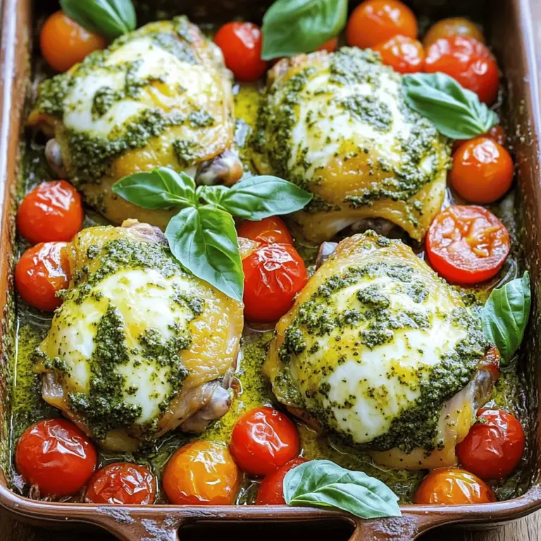 To make baked pesto chicken thighs, gather these key ingredients: - 4 chicken thighs, skin-on and bone-in - 1/2 cup basil pesto (store-bought or homemade) - 1 cup cherry tomatoes, halved - 1/2 cup mozzarella cheese, shredded - 2 tablespoons olive oil - 1 teaspoon garlic powder - 1 teaspoon dried oregano - Salt and pepper to taste - Fresh basil leaves for garnish These ingredients blend well and create a tasty dish. The chicken thighs stay juicy, while the pesto adds a fresh flavor. Having the right tools makes cooking easier. I suggest using: - A baking dish - A mixing bowl - A meat thermometer - Paper towels - A spoon for spreading These tools help ensure your chicken cooks evenly and has the best flavor. If you want to kick up the taste, consider these optional ingredients: - Lemon zest for brightness - Red pepper flakes for a spicy kick - Fresh spinach for added greens - Parmesan cheese for a richer flavor Adding these can make your dish even more exciting. Experimenting with flavors keeps cooking fun! You can find the full recipe for baked pesto chicken thighs to guide you through every step. First, set your oven to 400°F (200°C). This hot temperature helps the chicken cook evenly. While the oven warms up, grab your chicken thighs. Use paper towels to pat them dry. This step is key for crispy skin. Next, rub olive oil over each thigh. It adds flavor and helps the seasoning stick. Sprinkle garlic powder, oregano, salt, and pepper on top. Make sure to coat the chicken well. Now, it’s time to add the star of the dish: pesto! Mix your basil pesto with a bit of olive oil if it feels too thick. Spread this tasty mix on top of the chicken thighs. Make sure every bit is covered. In a baking dish, place the chicken skin-side up. Scatter halved cherry tomatoes around the chicken. These will roast and add sweetness. Place the dish in your preheated oven. Bake for about 35-40 minutes. Check that the juices run clear and the chicken hits 165°F (74°C) at the thickest part. For extra crispy skin, broil the chicken for 2-3 minutes at the end. Keep a close eye so it doesn’t burn. This step makes the skin golden and crunchy. Let the chicken rest for 5 minutes after baking. Garnish with fresh basil leaves for a nice touch. You can find the full recipe for baked pesto chicken thighs earlier in this article. Enjoy your delicious meal! When picking chicken thighs, look for ones that are plump and fresh. Skin-on and bone-in thighs add flavor and moisture. Check for a nice, golden color. Avoid any with dark spots or a strong smell. Quality thighs will make your baked pesto chicken even better. Marinades can boost the taste of chicken thighs. Simple mixes work best. Try using olive oil, lemon juice, and garlic. Let the chicken sit in the marinade for at least 30 minutes. This helps the flavors sink in. You can even use your basil pesto as a marinade. Just slather it on and let it soak for more deliciousness. Baked pesto chicken pairs well with many sides. For a fresh touch, serve it with a crisp salad. Roasted vegetables also make a great match. You can try mashed potatoes or garlic bread for heartiness. A glass of white wine will elevate the meal. Explore these options to create a perfect dinner. For the full recipe, check the details above! {{image_2}} You can use different meats for this dish. Chicken thighs are juicy and flavorful, but other meats work well too. Try using chicken breasts for a leaner option. You can also use turkey thighs, which taste great with pesto. If you want red meat, try pork chops. Just remember to adjust cooking times for different meats. You don’t have to stick with basil pesto. There are many types of pesto to explore. Try sun-dried tomato pesto for a rich, tangy flavor. Spinach pesto brings a fresh taste that pairs well with chicken. You can even make a nut-free pesto using avocado. Each variation adds a unique twist to the dish. To make this dish vegetarian, you can skip the chicken altogether. Use hearty vegetables instead. Zucchini, eggplant, or portobello mushrooms make great substitutes. Coat them with pesto just like the chicken. Add cheese for richness or skip it for a dairy-free version. This ensures everyone can enjoy a tasty meal. For the full recipe, check out the details above. After making Baked Pesto Chicken Thighs, let them cool down. Place the chicken in an airtight container. Store it in the fridge. It will stay fresh for up to four days. Always check for any signs of spoilage before eating. You can freeze Baked Pesto Chicken Thighs for later use. Wrap each thigh in plastic wrap. Then, place them in a freezer-safe bag. Squeeze out the air to prevent freezer burn. They can last up to three months in the freezer. Thaw in the fridge before reheating. To reheat the chicken thighs, preheat your oven to 350°F (175°C). Place the chicken in a baking dish. Add a splash of water or broth to keep it moist. Cover with foil to trap steam. Heat for about 20-25 minutes or until warm. You can also use a microwave, but the oven keeps the skin crispy. Enjoy your leftovers! For the complete recipe, refer to the Full Recipe section. You should bake chicken thighs for 35 to 40 minutes at 400°F. The exact time may vary. Always check the internal temperature. The chicken needs to reach 165°F for safety. Yes, you can use boneless chicken thighs. They cook faster than bone-in thighs. Reduce baking time to around 25 to 30 minutes. Always check for doneness with a meat thermometer. Baked pesto chicken thighs pair well with various sides. Try serving them with rice or pasta. A fresh salad or roasted veggies also works great. You can even serve it with crusty bread to soak up the juices. Check for doneness using a meat thermometer. The thickest part of the thigh should read 165°F. If you don’t have a thermometer, look for clear juices. Poke the chicken, and if the juices run clear, it’s ready. Enjoy your meal! For more details, check the Full Recipe. This article covered how to make tasty baked pesto chicken thighs. You learned about key ingredients, tools, and optional flavor enhancers. I provided step-by-step instructions for baking, tips for crispy skin, and choices for meat. We also explored storage tips and answered common questions. Now, you have the tools to create a delicious meal. Enjoy experimenting with flavors and variations. Happy cooking!