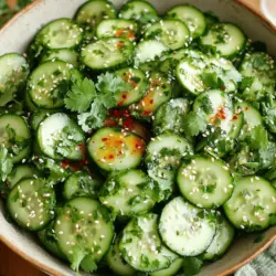 For the Spicy Garlic Cucumber Salad, gather these items: - 2 large cucumbers, peeled and thinly sliced - 4 cloves garlic, minced - 1 tablespoon red chili flakes (adjust for heat) - 3 tablespoons rice vinegar - 2 tablespoons sesame oil - 1 tablespoon soy sauce - 1 tablespoon honey (or agave syrup for vegan option) - Salt to taste - Fresh cilantro, chopped (for garnish) - Toasted sesame seeds (for garnish) These ingredients create a bright and spicy flavor. Fresh cucumbers bring a cool crunch. Garlic adds depth, while chili gives a kick. You can substitute some ingredients if needed. Here are my favorites: - Cucumbers: Try Persian cucumbers or English cucumbers for a different taste. - Garlic: Use garlic powder if you don’t have fresh garlic. - Rice Vinegar: Apple cider vinegar works well in a pinch. - Sesame Oil: Olive oil is a good alternative if you lack sesame oil. - Honey: Maple syrup can replace honey for a vegan version. These swaps won’t change the salad’s essence. They keep the flavors vibrant and appealing. Each serving of this salad offers several health benefits. Here’s a quick look at the nutrition: - Calories: ~120 - Protein: 2g - Fat: 8g - Carbohydrates: 10g - Fiber: 2g - Sugar: 4g Cucumbers are low in calories, making this salad light and refreshing. Garlic provides immune support, while healthy fats come from sesame oil. This balance makes the salad both tasty and good for you. For the full recipe, check it out [Full Recipe]. Start by peeling the cucumbers. Use a sharp knife for a clean cut. Next, slice them thinly. Aim for even pieces to ensure they soak up the dressing well. A mandoline slicer can help with this. Once sliced, place the cucumbers in a large mixing bowl. This will be the base of your salad. In a separate small bowl, mince the garlic cloves finely. Add them to the bowl. Next, mix in the red chili flakes. Adjust the amount based on your heat preference. Pour in the rice vinegar, sesame oil, and soy sauce. Finally, add the honey. Whisk all the ingredients together until smooth. This dressing packs a punch and will bring the salad to life. Pour the spicy garlic dressing over the cucumbers in the mixing bowl. Sprinkle salt to taste. Now, gently toss the cucumbers to coat them well. Let the salad marinate for at least 15 minutes. This will help the flavors blend together. For the best taste, chill the salad in the refrigerator for 30 minutes. Before serving, give it another gentle toss. Garnish with fresh cilantro and toasted sesame seeds. They add a nice crunch and color. For the full recipe, refer to the earlier section. To get the best slices, use a sharp knife or mandoline. Thin slices help the cucumbers soak up flavors. Aim for about 1/8 inch thick. If you prefer crunch, leave some peel on for texture. Try slicing on a bias for a fun look. This makes your salad more appealing. Marinating is key for great taste. Let your salad sit for at least 15 minutes. This allows the cucumbers to absorb the spicy garlic dressing. For even better flavor, chill it in the fridge for 30 minutes. The longer you let it sit, the more the flavors will blend. Just be careful not to marinate too long, or the cucumbers may lose their crunch. Serve the salad in a large bowl or individual cups. This makes it look fresh and fun. Pair it with grilled chicken or tofu for a complete meal. It also goes well with rice dishes or tacos. For a special touch, sprinkle extra cilantro and sesame seeds on top before serving. Enjoy the bright flavors! {{image_2}} You can boost this salad by adding protein. Grilled chicken works well. Simply slice cooked chicken and toss it in. If you prefer a plant-based option, try tofu. Use firm tofu and press it to remove excess water. Cut it into cubes and pan-fry until golden. Both options add great flavor and make the salad more filling. Mix up the taste with different dressings. For a creamier twist, add yogurt or tahini. A splash of lime juice can brighten the flavors. You could also swap rice vinegar for apple cider vinegar for a sweeter taste. Experimenting with different oils, like olive oil, can change the salad's character too. You can change this salad with seasonal ingredients. In summer, add ripe tomatoes or bell peppers for color and flavor. In fall, try diced apples or pears for a sweet crunch. Fresh herbs like mint or dill can also add new flavors. Adjusting ingredients based on what's fresh can keep your salad exciting. For the complete recipe, check out the Full Recipe section above. After enjoying your spicy garlic cucumber salad, you'll want to store any leftovers. Start by placing the salad in an airtight container. This helps keep the flavors fresh. Make sure the container seals tightly. If you have extra dressing, store it separately. This way, your cucumbers stay crisp. This salad is best enjoyed fresh. However, it can last in the fridge for about 2-3 days. The cucumbers may lose some crunch after the first day. If you notice any extra moisture, drain it before serving again. Always check for any off smells before eating leftovers. I do not recommend freezing this salad. Cucumbers have high water content. Freezing them changes their texture. You could end up with mushy cucumbers once thawed. Instead, prepare smaller batches. This way, you can enjoy the salad fresh each time. For more detailed instructions on making this salad, refer to the Full Recipe. To make this salad gluten-free, simply swap regular soy sauce for tamari. Tamari is a gluten-free soy sauce that tastes great. It keeps the flavor while being safe for those with gluten issues. You can also check labels for gluten-free versions of rice vinegar and sesame oil. Enjoy your salad without worry! Yes, you can! While I love using large cucumbers, you can try English cucumbers or Persian cucumbers. English cucumbers have fewer seeds and a thinner skin. Persian cucumbers are small and crunchy, perfect for salads. Just make sure to slice them thinly, so the dressing soaks in well. Each type will give a unique taste and texture. Cucumbers are very healthy! They are low in calories and high in water, which helps keep you hydrated. They also contain vitamins like K and C, which are good for your skin. Cucumbers are full of antioxidants, which can help fight free radicals. Eating cucumbers may also support digestion. This salad is not just tasty; it’s good for you too! For the full recipe, check out the section above. This guide covered everything about spicy garlic cucumber salad. You learned the ingredients, preparation steps, and tips to enhance flavors. Variations allow for personal touches, whether adding chicken or trying new dressings. Storing tips ensure your leftovers stay fresh. By following these steps, you can enjoy a tasty and healthy dish. Remember, every ingredient plays a role in the final flavor. Experiment with what you like and have fun creating. Your culinary skills will shine with this simple yet delicious salad.