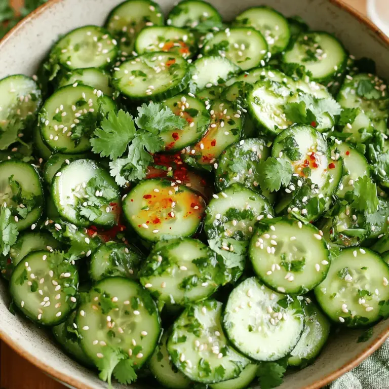 For the Spicy Garlic Cucumber Salad, gather these items: - 2 large cucumbers, peeled and thinly sliced - 4 cloves garlic, minced - 1 tablespoon red chili flakes (adjust for heat) - 3 tablespoons rice vinegar - 2 tablespoons sesame oil - 1 tablespoon soy sauce - 1 tablespoon honey (or agave syrup for vegan option) - Salt to taste - Fresh cilantro, chopped (for garnish) - Toasted sesame seeds (for garnish) These ingredients create a bright and spicy flavor. Fresh cucumbers bring a cool crunch. Garlic adds depth, while chili gives a kick. You can substitute some ingredients if needed. Here are my favorites: - Cucumbers: Try Persian cucumbers or English cucumbers for a different taste. - Garlic: Use garlic powder if you don’t have fresh garlic. - Rice Vinegar: Apple cider vinegar works well in a pinch. - Sesame Oil: Olive oil is a good alternative if you lack sesame oil. - Honey: Maple syrup can replace honey for a vegan version. These swaps won’t change the salad’s essence. They keep the flavors vibrant and appealing. Each serving of this salad offers several health benefits. Here’s a quick look at the nutrition: - Calories: ~120 - Protein: 2g - Fat: 8g - Carbohydrates: 10g - Fiber: 2g - Sugar: 4g Cucumbers are low in calories, making this salad light and refreshing. Garlic provides immune support, while healthy fats come from sesame oil. This balance makes the salad both tasty and good for you. For the full recipe, check it out [Full Recipe]. Start by peeling the cucumbers. Use a sharp knife for a clean cut. Next, slice them thinly. Aim for even pieces to ensure they soak up the dressing well. A mandoline slicer can help with this. Once sliced, place the cucumbers in a large mixing bowl. This will be the base of your salad. In a separate small bowl, mince the garlic cloves finely. Add them to the bowl. Next, mix in the red chili flakes. Adjust the amount based on your heat preference. Pour in the rice vinegar, sesame oil, and soy sauce. Finally, add the honey. Whisk all the ingredients together until smooth. This dressing packs a punch and will bring the salad to life. Pour the spicy garlic dressing over the cucumbers in the mixing bowl. Sprinkle salt to taste. Now, gently toss the cucumbers to coat them well. Let the salad marinate for at least 15 minutes. This will help the flavors blend together. For the best taste, chill the salad in the refrigerator for 30 minutes. Before serving, give it another gentle toss. Garnish with fresh cilantro and toasted sesame seeds. They add a nice crunch and color. For the full recipe, refer to the earlier section. To get the best slices, use a sharp knife or mandoline. Thin slices help the cucumbers soak up flavors. Aim for about 1/8 inch thick. If you prefer crunch, leave some peel on for texture. Try slicing on a bias for a fun look. This makes your salad more appealing. Marinating is key for great taste. Let your salad sit for at least 15 minutes. This allows the cucumbers to absorb the spicy garlic dressing. For even better flavor, chill it in the fridge for 30 minutes. The longer you let it sit, the more the flavors will blend. Just be careful not to marinate too long, or the cucumbers may lose their crunch. Serve the salad in a large bowl or individual cups. This makes it look fresh and fun. Pair it with grilled chicken or tofu for a complete meal. It also goes well with rice dishes or tacos. For a special touch, sprinkle extra cilantro and sesame seeds on top before serving. Enjoy the bright flavors! {{image_2}} You can boost this salad by adding protein. Grilled chicken works well. Simply slice cooked chicken and toss it in. If you prefer a plant-based option, try tofu. Use firm tofu and press it to remove excess water. Cut it into cubes and pan-fry until golden. Both options add great flavor and make the salad more filling. Mix up the taste with different dressings. For a creamier twist, add yogurt or tahini. A splash of lime juice can brighten the flavors. You could also swap rice vinegar for apple cider vinegar for a sweeter taste. Experimenting with different oils, like olive oil, can change the salad's character too. You can change this salad with seasonal ingredients. In summer, add ripe tomatoes or bell peppers for color and flavor. In fall, try diced apples or pears for a sweet crunch. Fresh herbs like mint or dill can also add new flavors. Adjusting ingredients based on what's fresh can keep your salad exciting. For the complete recipe, check out the Full Recipe section above. After enjoying your spicy garlic cucumber salad, you'll want to store any leftovers. Start by placing the salad in an airtight container. This helps keep the flavors fresh. Make sure the container seals tightly. If you have extra dressing, store it separately. This way, your cucumbers stay crisp. This salad is best enjoyed fresh. However, it can last in the fridge for about 2-3 days. The cucumbers may lose some crunch after the first day. If you notice any extra moisture, drain it before serving again. Always check for any off smells before eating leftovers. I do not recommend freezing this salad. Cucumbers have high water content. Freezing them changes their texture. You could end up with mushy cucumbers once thawed. Instead, prepare smaller batches. This way, you can enjoy the salad fresh each time. For more detailed instructions on making this salad, refer to the Full Recipe. To make this salad gluten-free, simply swap regular soy sauce for tamari. Tamari is a gluten-free soy sauce that tastes great. It keeps the flavor while being safe for those with gluten issues. You can also check labels for gluten-free versions of rice vinegar and sesame oil. Enjoy your salad without worry! Yes, you can! While I love using large cucumbers, you can try English cucumbers or Persian cucumbers. English cucumbers have fewer seeds and a thinner skin. Persian cucumbers are small and crunchy, perfect for salads. Just make sure to slice them thinly, so the dressing soaks in well. Each type will give a unique taste and texture. Cucumbers are very healthy! They are low in calories and high in water, which helps keep you hydrated. They also contain vitamins like K and C, which are good for your skin. Cucumbers are full of antioxidants, which can help fight free radicals. Eating cucumbers may also support digestion. This salad is not just tasty; it’s good for you too! For the full recipe, check out the section above. This guide covered everything about spicy garlic cucumber salad. You learned the ingredients, preparation steps, and tips to enhance flavors. Variations allow for personal touches, whether adding chicken or trying new dressings. Storing tips ensure your leftovers stay fresh. By following these steps, you can enjoy a tasty and healthy dish. Remember, every ingredient plays a role in the final flavor. Experiment with what you like and have fun creating. Your culinary skills will shine with this simple yet delicious salad.