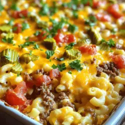 To make a Classic Cheeseburger Casserole, you need simple ingredients. Each one adds flavor and comfort to the dish. - Ground beef: 1 lb, this is the main protein. It gives the casserole its rich flavor. - Onions and garlic: Use 1 small onion, diced, and 2 cloves of minced garlic. They add sweetness and depth. - Diced tomatoes and pickles: Add 1 cup of diced tomatoes and 1/2 cup of chopped dill pickles. These add tang and freshness. - Cheese and pasta: You need 1 cup of shredded cheddar cheese and 2 cups of cooked macaroni pasta. They create a creamy texture. - Broth and sauces: Use 1 cup of beef broth, 2 tablespoons of Worcestershire sauce, and 1 tablespoon of mustard. These enhance the savory taste. - Seasonings and garnish: Add salt, pepper, 1/2 teaspoon of paprika, and 1/2 teaspoon of dried oregano. Fresh parsley or chives can be used for garnish. These ingredients work together to create a warm, hearty meal. For the full recipe, check the instructions. 1. First, preheat the oven to 350°F (175°C). This step is key for even cooking. 2. Next, cook the ground beef in a large skillet over medium heat. Break it apart with a spoon until it's browned. Drain any excess fat. This keeps the dish from being greasy. 3. Now, combine the ingredients. Add diced onion and minced garlic to the beef. Cook for 3 to 5 minutes until the onion softens. Then, mix in the diced tomatoes, chopped pickles, beef broth, Worcestershire sauce, mustard, paprika, oregano, salt, and pepper. Let it simmer for about 5 minutes. This melds the flavors well. 4. Transfer the mixture to a greased 9x13 inch baking dish. Spread it evenly to ensure even cooking. 5. Top the casserole with the remaining cheddar cheese. This makes the casserole ooey-gooey and delicious. 6. Bake uncovered for 20 to 25 minutes. Keep an eye on it until the cheese is bubbly and golden. This is when the magic happens! 7. After baking, let it cool for a few minutes. This helps it set and makes serving easier. 8. Finally, garnish with fresh parsley or chives if you wish. It adds a nice touch and fresh flavor. Follow these steps for a tasty meal that brings the whole family together. For the complete recipe, check out the Full Recipe section. To get perfect browning on your beef, use medium heat. This helps it cook evenly. Stir the meat often to break it apart. This will avoid clumping. For moisture, do not overcook the casserole. Bake just until the cheese is bubbly. If you cook it too long, it can dry out. Pair this casserole with a fresh salad. A simple green salad works great. You can also serve it with crusty bread. If you have leftovers, store them in an airtight container. They will last in the fridge for three to four days. To reheat, use the oven for the best taste. One common mistake is overcooking the cheese. Keep an eye on it as it bakes. You want it melted but not burnt. Another issue is using too much liquid. Stick to the amounts in the Full Recipe. This helps keep your casserole thick and tasty. {{image_2}} When making a cheeseburger casserole, you can easily swap ingredients. - Cheese options: Instead of cheddar, try mozzarella or pepper jack. These cheeses add different flavors and textures. You could also mix cheeses for a unique taste. - Protein alternatives: Ground turkey or chicken works well if you want a lighter dish. You can also use cooked sausage for a spicy kick. Casseroles can fit many diets with a few tweaks. - Gluten-free versions: Use gluten-free pasta or rice instead of regular macaroni. This change still keeps the dish hearty and satisfying. - Vegetarian adaptations: Replace the meat with black beans or lentils. This swap adds protein without losing flavor. You can also add more veggies like bell peppers or zucchini. Toppings can make your casserole even better. - Additional seasonings: Sprinkle some garlic powder or chili flakes on top for extra zest. You can also add a dash of hot sauce for heat. - Unique garnishes: Try topping with crushed potato chips or crispy onions. These add a nice crunch and fun twist to your meal. Feel free to explore these variations to make the dish your own. Check out the Full Recipe for more details! To store leftovers, let the casserole cool down first. Place it in an airtight container. This keeps it fresh and tasty. You can also cover the dish tightly with plastic wrap. The shelf life in the fridge is about 3 to 4 days. Make sure to check for any signs of spoilage before eating. For freezing, cut the casserole into portions. This makes it easier to thaw and reheat later. Wrap each piece well in plastic wrap, then place it in a freezer bag. You can freeze it for up to 3 months. To reheat, thaw overnight in the fridge. Then, warm it in the oven at 350°F until hot. You can also microwave it if you're short on time. Just cover it to keep moisture in. Enjoy your Classic Cheeseburger Casserole even after a few months! For the full recipe, check out the earlier sections. A classic cheeseburger casserole is a hearty dish that combines many flavors. It has layers of ground beef, pasta, and cheese. You can add your favorite toppings, like pickles and tomatoes. This dish is a fun twist on classic cheeseburgers. It’s comfort food that the whole family loves. Yes, you can! To prep ahead, cook the beef and mix it with other ingredients. Store it in the fridge for up to 24 hours. When ready to bake, just pour it into a greased dish and add cheese. You can also freeze the casserole before baking. Just thaw it overnight in the fridge before cooking. Scaling the recipe is easy! To make more, double the ingredients. For fewer servings, cut the amounts in half. Keep the cooking time the same, but check for doneness. You want the cheese bubbly and golden. Adjusting serving sizes allows you to enjoy this meal anytime! For the full recipe, check out the section above. This blog post covered making a delicious cheeseburger casserole. We discussed key ingredients like beef, cheese, and tomatoes. I shared step-by-step cooking instructions and how to avoid common mistakes. Tips on storage and variations ensure your dish stays flavorful. In closing, try this recipe today. Mix it up with your favorite ingredients. Enjoy the process, and remember, cooking can be fun!