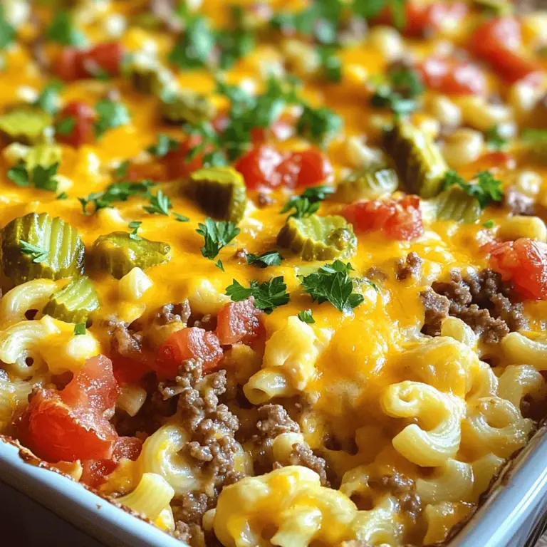 To make a Classic Cheeseburger Casserole, you need simple ingredients. Each one adds flavor and comfort to the dish. - Ground beef: 1 lb, this is the main protein. It gives the casserole its rich flavor. - Onions and garlic: Use 1 small onion, diced, and 2 cloves of minced garlic. They add sweetness and depth. - Diced tomatoes and pickles: Add 1 cup of diced tomatoes and 1/2 cup of chopped dill pickles. These add tang and freshness. - Cheese and pasta: You need 1 cup of shredded cheddar cheese and 2 cups of cooked macaroni pasta. They create a creamy texture. - Broth and sauces: Use 1 cup of beef broth, 2 tablespoons of Worcestershire sauce, and 1 tablespoon of mustard. These enhance the savory taste. - Seasonings and garnish: Add salt, pepper, 1/2 teaspoon of paprika, and 1/2 teaspoon of dried oregano. Fresh parsley or chives can be used for garnish. These ingredients work together to create a warm, hearty meal. For the full recipe, check the instructions. 1. First, preheat the oven to 350°F (175°C). This step is key for even cooking. 2. Next, cook the ground beef in a large skillet over medium heat. Break it apart with a spoon until it's browned. Drain any excess fat. This keeps the dish from being greasy. 3. Now, combine the ingredients. Add diced onion and minced garlic to the beef. Cook for 3 to 5 minutes until the onion softens. Then, mix in the diced tomatoes, chopped pickles, beef broth, Worcestershire sauce, mustard, paprika, oregano, salt, and pepper. Let it simmer for about 5 minutes. This melds the flavors well. 4. Transfer the mixture to a greased 9x13 inch baking dish. Spread it evenly to ensure even cooking. 5. Top the casserole with the remaining cheddar cheese. This makes the casserole ooey-gooey and delicious. 6. Bake uncovered for 20 to 25 minutes. Keep an eye on it until the cheese is bubbly and golden. This is when the magic happens! 7. After baking, let it cool for a few minutes. This helps it set and makes serving easier. 8. Finally, garnish with fresh parsley or chives if you wish. It adds a nice touch and fresh flavor. Follow these steps for a tasty meal that brings the whole family together. For the complete recipe, check out the Full Recipe section. To get perfect browning on your beef, use medium heat. This helps it cook evenly. Stir the meat often to break it apart. This will avoid clumping. For moisture, do not overcook the casserole. Bake just until the cheese is bubbly. If you cook it too long, it can dry out. Pair this casserole with a fresh salad. A simple green salad works great. You can also serve it with crusty bread. If you have leftovers, store them in an airtight container. They will last in the fridge for three to four days. To reheat, use the oven for the best taste. One common mistake is overcooking the cheese. Keep an eye on it as it bakes. You want it melted but not burnt. Another issue is using too much liquid. Stick to the amounts in the Full Recipe. This helps keep your casserole thick and tasty. {{image_2}} When making a cheeseburger casserole, you can easily swap ingredients. - Cheese options: Instead of cheddar, try mozzarella or pepper jack. These cheeses add different flavors and textures. You could also mix cheeses for a unique taste. - Protein alternatives: Ground turkey or chicken works well if you want a lighter dish. You can also use cooked sausage for a spicy kick. Casseroles can fit many diets with a few tweaks. - Gluten-free versions: Use gluten-free pasta or rice instead of regular macaroni. This change still keeps the dish hearty and satisfying. - Vegetarian adaptations: Replace the meat with black beans or lentils. This swap adds protein without losing flavor. You can also add more veggies like bell peppers or zucchini. Toppings can make your casserole even better. - Additional seasonings: Sprinkle some garlic powder or chili flakes on top for extra zest. You can also add a dash of hot sauce for heat. - Unique garnishes: Try topping with crushed potato chips or crispy onions. These add a nice crunch and fun twist to your meal. Feel free to explore these variations to make the dish your own. Check out the Full Recipe for more details! To store leftovers, let the casserole cool down first. Place it in an airtight container. This keeps it fresh and tasty. You can also cover the dish tightly with plastic wrap. The shelf life in the fridge is about 3 to 4 days. Make sure to check for any signs of spoilage before eating. For freezing, cut the casserole into portions. This makes it easier to thaw and reheat later. Wrap each piece well in plastic wrap, then place it in a freezer bag. You can freeze it for up to 3 months. To reheat, thaw overnight in the fridge. Then, warm it in the oven at 350°F until hot. You can also microwave it if you're short on time. Just cover it to keep moisture in. Enjoy your Classic Cheeseburger Casserole even after a few months! For the full recipe, check out the earlier sections. A classic cheeseburger casserole is a hearty dish that combines many flavors. It has layers of ground beef, pasta, and cheese. You can add your favorite toppings, like pickles and tomatoes. This dish is a fun twist on classic cheeseburgers. It’s comfort food that the whole family loves. Yes, you can! To prep ahead, cook the beef and mix it with other ingredients. Store it in the fridge for up to 24 hours. When ready to bake, just pour it into a greased dish and add cheese. You can also freeze the casserole before baking. Just thaw it overnight in the fridge before cooking. Scaling the recipe is easy! To make more, double the ingredients. For fewer servings, cut the amounts in half. Keep the cooking time the same, but check for doneness. You want the cheese bubbly and golden. Adjusting serving sizes allows you to enjoy this meal anytime! For the full recipe, check out the section above. This blog post covered making a delicious cheeseburger casserole. We discussed key ingredients like beef, cheese, and tomatoes. I shared step-by-step cooking instructions and how to avoid common mistakes. Tips on storage and variations ensure your dish stays flavorful. In closing, try this recipe today. Mix it up with your favorite ingredients. Enjoy the process, and remember, cooking can be fun!