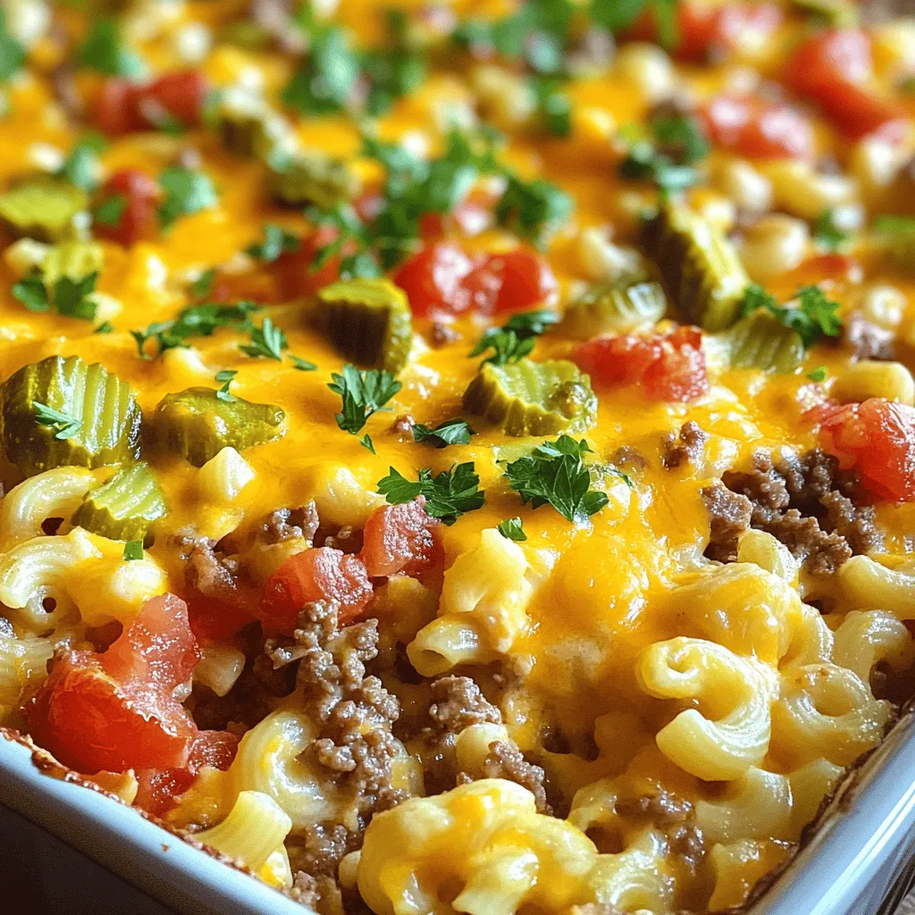 To make a Classic Cheeseburger Casserole, you need simple ingredients. Each one adds flavor and comfort to the dish. - Ground beef: 1 lb, this is the main protein. It gives the casserole its rich flavor. - Onions and garlic: Use 1 small onion, diced, and 2 cloves of minced garlic. They add sweetness and depth. - Diced tomatoes and pickles: Add 1 cup of diced tomatoes and 1/2 cup of chopped dill pickles. These add tang and freshness. - Cheese and pasta: You need 1 cup of shredded cheddar cheese and 2 cups of cooked macaroni pasta. They create a creamy texture. - Broth and sauces: Use 1 cup of beef broth, 2 tablespoons of Worcestershire sauce, and 1 tablespoon of mustard. These enhance the savory taste. - Seasonings and garnish: Add salt, pepper, 1/2 teaspoon of paprika, and 1/2 teaspoon of dried oregano. Fresh parsley or chives can be used for garnish. These ingredients work together to create a warm, hearty meal. For the full recipe, check the instructions. 1. First, preheat the oven to 350°F (175°C). This step is key for even cooking. 2. Next, cook the ground beef in a large skillet over medium heat. Break it apart with a spoon until it's browned. Drain any excess fat. This keeps the dish from being greasy. 3. Now, combine the ingredients. Add diced onion and minced garlic to the beef. Cook for 3 to 5 minutes until the onion softens. Then, mix in the diced tomatoes, chopped pickles, beef broth, Worcestershire sauce, mustard, paprika, oregano, salt, and pepper. Let it simmer for about 5 minutes. This melds the flavors well. 4. Transfer the mixture to a greased 9x13 inch baking dish. Spread it evenly to ensure even cooking. 5. Top the casserole with the remaining cheddar cheese. This makes the casserole ooey-gooey and delicious. 6. Bake uncovered for 20 to 25 minutes. Keep an eye on it until the cheese is bubbly and golden. This is when the magic happens! 7. After baking, let it cool for a few minutes. This helps it set and makes serving easier. 8. Finally, garnish with fresh parsley or chives if you wish. It adds a nice touch and fresh flavor. Follow these steps for a tasty meal that brings the whole family together. For the complete recipe, check out the Full Recipe section. To get perfect browning on your beef, use medium heat. This helps it cook evenly. Stir the meat often to break it apart. This will avoid clumping. For moisture, do not overcook the casserole. Bake just until the cheese is bubbly. If you cook it too long, it can dry out. Pair this casserole with a fresh salad. A simple green salad works great. You can also serve it with crusty bread. If you have leftovers, store them in an airtight container. They will last in the fridge for three to four days. To reheat, use the oven for the best taste. One common mistake is overcooking the cheese. Keep an eye on it as it bakes. You want it melted but not burnt. Another issue is using too much liquid. Stick to the amounts in the Full Recipe. This helps keep your casserole thick and tasty. {{image_2}} When making a cheeseburger casserole, you can easily swap ingredients. - Cheese options: Instead of cheddar, try mozzarella or pepper jack. These cheeses add different flavors and textures. You could also mix cheeses for a unique taste. - Protein alternatives: Ground turkey or chicken works well if you want a lighter dish. You can also use cooked sausage for a spicy kick. Casseroles can fit many diets with a few tweaks. - Gluten-free versions: Use gluten-free pasta or rice instead of regular macaroni. This change still keeps the dish hearty and satisfying. - Vegetarian adaptations: Replace the meat with black beans or lentils. This swap adds protein without losing flavor. You can also add more veggies like bell peppers or zucchini. Toppings can make your casserole even better. - Additional seasonings: Sprinkle some garlic powder or chili flakes on top for extra zest. You can also add a dash of hot sauce for heat. - Unique garnishes: Try topping with crushed potato chips or crispy onions. These add a nice crunch and fun twist to your meal. Feel free to explore these variations to make the dish your own. Check out the Full Recipe for more details! To store leftovers, let the casserole cool down first. Place it in an airtight container. This keeps it fresh and tasty. You can also cover the dish tightly with plastic wrap. The shelf life in the fridge is about 3 to 4 days. Make sure to check for any signs of spoilage before eating. For freezing, cut the casserole into portions. This makes it easier to thaw and reheat later. Wrap each piece well in plastic wrap, then place it in a freezer bag. You can freeze it for up to 3 months. To reheat, thaw overnight in the fridge. Then, warm it in the oven at 350°F until hot. You can also microwave it if you're short on time. Just cover it to keep moisture in. Enjoy your Classic Cheeseburger Casserole even after a few months! For the full recipe, check out the earlier sections. A classic cheeseburger casserole is a hearty dish that combines many flavors. It has layers of ground beef, pasta, and cheese. You can add your favorite toppings, like pickles and tomatoes. This dish is a fun twist on classic cheeseburgers. It’s comfort food that the whole family loves. Yes, you can! To prep ahead, cook the beef and mix it with other ingredients. Store it in the fridge for up to 24 hours. When ready to bake, just pour it into a greased dish and add cheese. You can also freeze the casserole before baking. Just thaw it overnight in the fridge before cooking. Scaling the recipe is easy! To make more, double the ingredients. For fewer servings, cut the amounts in half. Keep the cooking time the same, but check for doneness. You want the cheese bubbly and golden. Adjusting serving sizes allows you to enjoy this meal anytime! For the full recipe, check out the section above. This blog post covered making a delicious cheeseburger casserole. We discussed key ingredients like beef, cheese, and tomatoes. I shared step-by-step cooking instructions and how to avoid common mistakes. Tips on storage and variations ensure your dish stays flavorful. In closing, try this recipe today. Mix it up with your favorite ingredients. Enjoy the process, and remember, cooking can be fun!