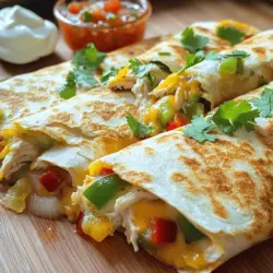 To make tasty chicken and cheese quesadillas, gather these items: - 2 cups cooked chicken, shredded - 1 cup shredded Monterey Jack cheese - 1 cup shredded cheddar cheese - 1 small red bell pepper, finely diced - 1 small green bell pepper, finely diced - 1 small onion, finely chopped - 2 cloves garlic, minced - 1 teaspoon ground cumin - 1 teaspoon paprika - Salt and pepper to taste - 4 large flour tortillas - 2 tablespoons olive oil - Fresh cilantro, chopped (for garnish) - Sour cream and salsa (for serving) You can swap some ingredients if needed. Use any cooked meat like turkey or beef instead of chicken. For a dairy-free option, use vegan cheese. You can also replace bell peppers with spinach or mushrooms. If you do not have tortillas, try using flatbreads or even lettuce wraps. This gives you flexibility while cooking! Fresh ingredients taste best in quesadillas. Fresh vegetables add crunch and flavor. However, frozen ingredients can save time. Frozen bell peppers and onions work well if you are in a hurry. Just make sure to thaw and drain them before cooking. This way, you won’t end up with soggy quesadillas. To make these tasty chicken and cheese quesadillas, start by heating 1 tablespoon of olive oil in a large skillet over medium heat. Add the chopped onion, minced garlic, and diced red and green bell peppers. Sauté this mix for about five minutes. The onions should turn soft and clear. Next, add 2 cups of shredded chicken to the skillet. Sprinkle in 1 teaspoon of ground cumin, 1 teaspoon of paprika, and some salt and pepper. Stir everything well and heat for another 3 to 4 minutes. This step helps blend the flavors. Now, take the skillet off the heat. Stir in 1 cup of shredded Monterey Jack cheese and 1 cup of shredded cheddar cheese. Mix until the cheese melts and combines nicely with the chicken. In a separate frying pan, heat another teaspoon of olive oil over medium heat. Lay one large flour tortilla in the pan. Spread half of the chicken and cheese mix on one side of the tortilla. Fold the other side over the filling. Cook this for about 3 to 4 minutes until the bottom turns golden brown and the cheese melts. Carefully flip the quesadilla and cook the other side for another 2 to 3 minutes. Remove the quesadilla from the pan. Repeat this with the remaining tortillas and filling. Finally, slice each quesadilla into wedges. Top with fresh cilantro and serve with sour cream and salsa. - Keep the heat moderate. Too high and the tortillas might burn. - Use fresh ingredients for better taste. Fresh veggies add crunch and flavor. - Do not overfill the quesadillas. This helps them cook evenly and stay intact. - Allow the cheese to melt well. A gooey center makes each bite delicious. - Large skillet: Essential for cooking the chicken and veggies. - Frying pan: Ideal for cooking the quesadillas. - Spatula: Helps flip the quesadillas without breaking them. - Sharp knife: Needed for slicing the quesadillas into wedges. - Cutting board: A safe surface for cutting and prepping ingredients. For the complete recipe, refer to the Full Recipe section. To get crispy tortillas, start with a hot pan. Use medium heat and preheat it well. Add a little olive oil to help the tortillas crisp up. Cook each quesadilla for 3-4 minutes on one side until golden. Then flip it carefully and cook the other side for 2-3 minutes. This method ensures a nice crunch. One common mistake is using too much filling. If you overload the tortilla, it can break. Another mistake is cooking on low heat. This can lead to soggy tortillas. Always ensure your pan is hot enough. Also, don’t forget to let the quesadilla cool for a moment after cooking. This helps the cheese set slightly and makes it easier to cut. To enhance the flavors, add spices like chili powder or oregano. You can also mix in some lime juice for brightness. Fresh herbs like cilantro or parsley can make a big difference. Consider using different cheese types too, like pepper jack for a spicy kick. You can even add a dash of hot sauce to the filling for extra heat. For more delicious ideas, check out the Full Recipe. {{image_2}} You can easily make a tasty vegetarian version. Swap out the chicken for black beans or chickpeas. Add more veggies like zucchini, corn, or diced tomatoes. The spices still work great with these ingredients. You’ll have a colorful, healthy dish that everyone can enjoy. While Monterey Jack and cheddar are popular, you can mix cheeses. Try pepper jack for some spice or mozzarella for extra stretch. Goat cheese adds a tangy twist. Blending different cheeses can create a unique flavor that makes your quesadilla special. Feel free to add more fillings to your quesadilla. Sautéed mushrooms add earthiness, while fresh spinach boosts nutrition. Chopped jalapeños can add heat, and diced avocados bring creaminess. Get creative! These extra fillings can make your quesadillas more interesting and delicious. Check out the Full Recipe for more ideas. After enjoying your tasty chicken and cheese quesadillas, you may have leftovers. To keep them fresh, let them cool to room temperature. Then, place them in an airtight container. This helps to prevent moisture loss and keeps them tasty. Store the quesadillas in the fridge for up to three days. To reheat your quesadillas, you have a few good options. The best way is to use a skillet. Heat a non-stick skillet over medium heat. Place the quesadilla in the skillet and cover it with a lid. This method warms the quesadilla evenly and keeps it crispy. Cook for about 3-4 minutes on each side, or until heated through. You can also use a microwave if you are in a hurry. Just place a quesadilla on a microwave-safe plate and heat for 30 seconds to 1 minute. Freezing quesadillas is a smart way to save time on busy days. To freeze them, first, let the quesadillas cool completely. Then, wrap each quesadilla in plastic wrap or aluminum foil. Place the wrapped quesadillas in a freezer-safe bag. You can freeze them for up to three months. When you are ready to eat, just follow the reheating methods mentioned above. Enjoy your delicious chicken and cheese quesadillas anytime! Yes, you can use whole wheat tortillas. They add a nutty flavor and more fiber. Just make sure they are large enough to hold the filling. Whole wheat tortillas will cook the same way as regular ones. You can use an oven or an air fryer. For the oven, preheat it to 400°F. Place the quesadillas on a baking sheet, and bake for about 10 minutes. Flip halfway through for even cooking. In an air fryer, set it to 375°F and cook for about 5-7 minutes. Both methods will give you a crispy result. Many sides pair well with quesadillas. Here are some tasty options: - Guacamole - Rice and beans - Corn salad - Mexican street corn - Fresh salsa - A simple green salad These sides will balance the cheesy goodness of quesadillas. For a full recipe, check out the Cheesy Chicken Fiesta Quesadillas. In this blog post, we explored ingredients, cooking steps, and helpful tips for making quesadillas. You learned about fresh versus frozen ingredients, cooking tools, and how to avoid common mistakes. We also discussed tasty variations and how to store leftovers properly. Lastly, I shared answers to common questions. Making quesadillas can be fun and easy. Use these tips to create the perfect meal or snack, and enjoy every bite!