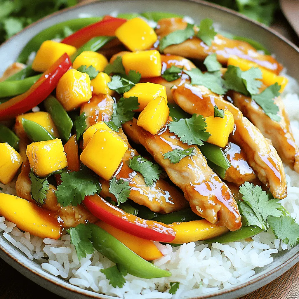 To make a tasty Mango Chicken Stir Fry, gather these ingredients: - 2 chicken breasts, sliced into thin strips - 1 ripe mango, diced - 1 red bell pepper, sliced - 1 yellow bell pepper, sliced - 1 cup snap peas - 2 cloves garlic, minced - 1 tablespoon ginger, grated - 3 tablespoons soy sauce - 1 tablespoon honey - 1 tablespoon olive oil - Salt and pepper to taste - Fresh cilantro for garnish - Cooked jasmine rice (for serving) This dish is packed with nutrients. Here’s a quick look: - Calories: Approximately 400 per serving - Protein: About 30 grams - Carbs: Roughly 50 grams - Fat: Around 10 grams - Fiber: Approximately 3 grams This meal is balanced and offers good protein and vitamins, especially from the veggies and mango. You can swap ingredients if needed. Here are some ideas: - Chicken: Use shrimp, tofu, or beef for different flavors. - Mango: Fresh mango is great, but canned mango works too. - Peppers: Any color bell pepper will do. You can also use broccoli or carrots. - Soy Sauce: Try tamari or coconut aminos for a gluten-free option. - Honey: Maple syrup or agave can replace honey for a vegan option. Feel free to mix and match based on what you have at home. This keeps your meal fun and interesting! Check out the Full Recipe for more details. First, gather all your ingredients. You need: - 2 chicken breasts, sliced into thin strips - 1 ripe mango, diced - 1 red bell pepper, sliced - 1 yellow bell pepper, sliced - 1 cup snap peas - 2 cloves garlic, minced - 1 tablespoon ginger, grated - 3 tablespoons soy sauce - 1 tablespoon honey - 1 tablespoon olive oil - Salt and pepper to taste - Fresh cilantro for garnish - Cooked jasmine rice (for serving) Next, wash and chop the vegetables. Make sure to slice the chicken thinly for quick cooking. Heat a large skillet or wok over medium-high heat. Pour in the olive oil and add the sliced chicken. Season with salt and pepper. Cook for about 5-7 minutes until the chicken is browned and cooked through. Remove the chicken and set it aside. In the same pan, add garlic and ginger. Sauté for about 30 seconds. Then, toss in the sliced bell peppers and snap peas. Stir-fry for 3-4 minutes until the veggies shine and soften slightly. Now, return the chicken to the pan and add the diced mango. In a small bowl, mix the soy sauce and honey. Pour this sauce over the chicken and veggies. Stir everything for 2 minutes to blend the flavors well. Serve your Mango Chicken Stir Fry over a bed of jasmine rice. This rice will soak up all the delicious sauce. Garnish with fresh cilantro for a pop of color and flavor. Enjoy this meal right away to savor the freshness. For the full recipe, check the detailed instructions above. To get juicy chicken, cut the breasts into thin strips. This helps them cook fast. Heat your skillet on medium-high before adding oil. Always season your chicken with salt and pepper for flavor. Cook the chicken for about 5-7 minutes. Make sure it’s browned and cooked through. You can tweak the flavors in this dish. If you like it sweet, add more honey. For a spicy kick, toss in some red pepper flakes. You can also add lime juice for a tangy twist. Always taste as you go to find your perfect balance. Keep your veggies crisp by cooking them fast. Stir them often to avoid burning. Use high heat and a large pan or wok for best results. Have everything ready before you start cooking. This makes the process smooth and fun. Follow these tips, and your Mango Chicken Stir Fry will shine. Check out the Full Recipe for all the details! {{image_2}} You can swap chicken for other proteins. Try shrimp for a seafood twist. Just cook it for 3-4 minutes until pink. Tofu is another great choice, especially for a vegan meal. Press and cube the tofu, then sauté until golden. If you want a veggie dish, skip the meat. Add extra bell peppers, mushrooms, and broccoli. For a protein boost, toss in chickpeas or edamame. These ingredients give you a filling and tasty meal without meat. To make this dish even better, add spices. A pinch of red pepper flakes gives heat. You can also try fresh herbs like basil or mint for a fragrant touch. If you love nuts, toss in some cashews or peanuts for crunch. Each option elevates the dish and adds new layers of flavor. For the full recipe, check the section above. Enjoy exploring these fun variations! To keep your Mango Chicken Stir Fry fresh, place it in an airtight container. Make sure to let it cool down before sealing. Store it in the fridge for up to three days. This meal tastes great, even as leftovers! When you're ready to eat your leftovers, reheat them on the stove. Use a skillet over medium heat. Stir the dish often to warm it evenly. You can also use a microwave. Place it in a bowl and cover it. Heat for one to two minutes, checking if it's hot enough. If you want to save some for later, you can freeze this stir fry. Use a freezer-safe container or a zip-top bag. Remove as much air as possible to avoid freezer burn. This dish can last for up to three months in the freezer. When ready to eat, thaw it in the fridge overnight before reheating. You can easily make this dish healthier. Start by using skinless chicken breasts. This cuts fat and calories. You can also add more vegetables. Try broccoli, carrots, or zucchini. These add fiber and vitamins. Use low-sodium soy sauce to lower sodium. You can replace honey with a sugar substitute. This makes the stir fry lower in sugar. Yes, you can use frozen mango. Just make sure to thaw it first. Drain any excess juice. This keeps the stir fry from getting soggy. Frozen mango may be less sweet, so taste before adding honey. Adjust the sweetness as needed to match your taste. Mango Chicken Stir Fry tastes great with rice. Jasmine rice is my favorite. You can also use brown rice for more fiber. Quinoa is another tasty option. You can serve the stir fry with a side salad. A fresh green salad adds crunch and vitamins. Try a light dressing to keep it healthy. For a fun twist, serve it in lettuce wraps. This adds a nice crunch and coolness. You can find the Full Recipe to guide you through making this dish! This post offers a full guide to making Mango Chicken Stir Fry. We covered the best ingredients, cooking steps, and helpful tips. You can tweak flavors to fit your tastes. Variations allow for different proteins or vegetarian options. Plus, we discussed how to store leftovers and reheating tips. By following this guide, you can enjoy a delicious, healthy meal. Now, you can create a dish everyone will love! Happy cooking!