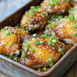 - 4 chicken thighs (bone-in and skin-on) - 1/4 cup honey - 4 cloves garlic (minced) - 2 tablespoons soy sauce - 1 tablespoon apple cider vinegar - 1 tablespoon fresh ginger (grated) - 1 teaspoon sesame oil - Salt and pepper (to taste) - 1 tablespoon cornstarch (optional for thickening) - 2 green onions (chopped, for garnish) - Sesame seeds (for garnish) - Baking dish - Mixing bowl - Whisk To make this dish, you need simple, fresh ingredients. The chicken thighs bring rich flavor. Honey adds sweetness, while garlic gives depth. Soy sauce and apple cider vinegar balance the dish with salt and acidity. For extra zing, fresh ginger enhances the taste. You can use sesame oil for a nutty hint. Season with salt and pepper to fit your taste. If you want a thicker sauce, cornstarch works well. Use green onions and sesame seeds as toppings for a nice touch. Gather your baking dish, mixing bowl, and whisk to create the sauce. This simple setup makes cooking easy and fun. Check the full recipe for details on how to transform these ingredients into a delicious meal. First, grab a mixing bowl. In it, whisk together the honey, minced garlic, soy sauce, apple cider vinegar, grated ginger, sesame oil, salt, and pepper. Mix until everything is well combined. You can taste the sauce and adjust flavors as you like. Want it sweeter? Add more honey. Prefer a tangy taste? A splash more vinegar can help. Next, take your chicken thighs and place them in a baking dish. Make sure they fit in a single layer. Pour the honey garlic mixture over the chicken. Use a spoon or your hands to coat each piece evenly. This step ensures that every bite is full of flavor. Preheat your oven to 400°F (200°C). Once it's hot, put the dish in the oven. Bake for about 35 to 40 minutes. Halfway through cooking, baste the chicken with the sauce. This keeps it moist. To check if it’s done, use a meat thermometer. The chicken should reach an internal temperature of 165°F (75°C). Let it rest for five minutes before serving. This helps keep the juices inside. To make sure your chicken is juicy and tender, follow these tips: - Choose bone-in and skin-on thighs: This adds flavor and keeps the meat moist. - Bake at the right temperature: Use 400°F (200°C) for best results. - Baste halfway through: This keeps the chicken coated in flavor and helps it stay moist. You can try alternative basting techniques too. If you want a crispier skin, baste less. Instead, focus on the last few minutes of cooking to add a final layer of sauce. Many cooks make these mistakes: - Overbaking the chicken: This can dry it out. Use a meat thermometer to check for doneness. The chicken should reach 165°F (75°C). - Not letting the chicken rest: Resting for 5 minutes after baking lets juices settle. This makes each bite tender and juicy. You can easily add more flavor to your dish: - Spices and herbs: Try adding black pepper, thyme, or rosemary to the marinade. They will bring new tastes to the chicken. - Extra garnishes: Top your dish with fresh herbs, chopped cilantro, or sliced radishes. This adds color and crunch. For the full recipe, check out the detailed instructions. Enjoy your cooking! {{image_2}} You can cook honey garlic chicken thighs in many ways. Grilling adds a smoky taste. To grill, marinate the chicken as you would for baking. Preheat your grill and cook each thigh for about 6-8 minutes per side. Check for a nice char and ensure the chicken is cooked through. Slow cooking is another great option. It makes the chicken super tender. Just place the marinated chicken in a slow cooker. Set it on low for 6-8 hours or high for 3-4 hours. The result is juicy, flavorful chicken that falls off the bone. Want to give your chicken a fresh twist? Try adding citrus! Lemon or lime juice brightens the dish. Just mix the juice into the marinade. It adds a zing that pairs well with honey. You can also incorporate herbs for added flavor. Fresh basil or cilantro works nicely. Chop them up and mix them in with your marinade. This adds depth and a lovely fragrance to your chicken. Pair your honey garlic chicken thighs with tasty side dishes. Steamed broccoli or green beans adds color and nutrition. You can also serve it with a simple salad. A light dressing complements the dish well. Serving with rice is always a great choice. White or brown rice soaks up the sauce beautifully. You can also try quinoa for a healthy option. Adding roasted vegetables on the side makes for a colorful plate. For complete instructions, check the Full Recipe. After enjoying your honey garlic chicken thighs, store any leftovers right away. First, let them cool down to room temperature. Then, place them in an airtight container. This keeps out air and moisture, which can spoil the chicken. Make sure to use a container that is safe for the fridge. Glass or plastic containers work well. Store them in the fridge for up to three days. To enjoy your chicken again, heat it properly. The best way to do this is in the oven. Preheat your oven to 350°F (175°C). Place the chicken in a baking dish and cover it with foil. This keeps it moist. Heat for about 15-20 minutes or until warm. You can also use a microwave, but be careful. Microwaving can make the chicken rubbery. If you do use a microwave, cover the chicken and heat in short bursts. If you want to keep your chicken for longer, freezing is a great option. First, let the chicken cool down completely. Then, wrap each piece in plastic wrap. After that, place them in a freezer bag. Remove as much air as you can before sealing. This helps prevent freezer burn. You can freeze the chicken for up to three months. When you’re ready to eat, thaw the chicken in the fridge overnight. This keeps it safe and tasty. You can also use the microwave to defrost, but do this carefully. Once thawed, reheat the chicken as described above. Enjoy your meal! For the full recipe, check out the Honey Garlic Chicken Thighs recipe card above. To keep chicken thighs juicy, start with bone-in and skin-on pieces. The skin traps moisture while cooking. You can also marinate the chicken for a few hours before cooking. The honey garlic sauce helps keep moisture in. Basting the chicken halfway through baking adds extra flavor and juiciness. Lastly, let the chicken rest before serving. This allows the juices to settle. Yes, you can use boneless chicken thighs. They cook faster than bone-in thighs. Reduce the baking time to about 25-30 minutes. Boneless thighs may not be as juicy due to less fat. However, they absorb the honey garlic sauce well. You might want to check for doneness earlier. Always ensure the internal temperature reaches 165°F (75°C). If you want a different sweetener, you can use maple syrup or agave nectar. Both will add sweetness but change the taste a bit. Brown sugar mixed with water can also work. It will give a nice caramel-like flavor. Keep in mind that each sweetener may slightly alter the final taste of your dish. To check if your chicken is done, use a meat thermometer. The safe internal temperature is 165°F (75°C). You can also look for clear juices when you cut into the chicken. If the juices run clear, it is likely done. Additionally, the meat should no longer be pink. Let it rest for about 5 minutes for the best taste. This blog covered the delicious honey garlic chicken thighs. We discussed key ingredients, like chicken, honey, and garlic, along with tips for perfecting the dish. I gave step-by-step instructions for marinating, coating, and baking the chicken. Remember to avoid overbaking and let the chicken rest. Variations, like grilling or adding spices, can make the recipe even better. Store leftovers right to keep them tasty. Now, you can enjoy juicy, flavorful chicken that impresses anyone at your table.