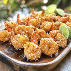 To make crispy coconut shrimp, gather these main ingredients: - 1 pound large shrimp, peeled and deveined - 1 cup all-purpose flour - 2 large eggs, beaten - 1 cup shredded coconut (unsweetened) - 1 cup panko breadcrumbs These ingredients form the base of your dish. The shrimp gives it a nice seafood taste. The flour helps the coating stick. The eggs act as a binder, while the coconut and panko give it that crunchy texture. For flavor, you will need: - 1 teaspoon garlic powder - 1 teaspoon paprika - ½ teaspoon salt - ½ teaspoon black pepper - Vegetable oil, for frying The seasonings add depth to the shrimp. Garlic powder and paprika give a warm flavor. Salt and pepper enhance everything. Use vegetable oil for frying, as it withstands high heat well. Serve your crispy coconut shrimp with: - Fresh lime wedges The lime adds brightness and cuts through the richness of the shrimp. You can also try dipping sauces like sweet chili sauce or a tangy mango salsa. These options brighten the dish and add a burst of flavor. For the full recipe, check the link. Enjoy your cooking adventure! First, rinse the shrimp under cold water. This helps remove any residue. Next, pat them dry with a paper towel. Dry shrimp help the coating stick better. Make sure you peel and devein the shrimp. This makes them ready for cooking. Now, set up your dredging station. You will need three shallow bowls. In the first bowl, mix 1 cup of flour with 1 teaspoon garlic powder, 1 teaspoon paprika, ½ teaspoon salt, and ½ teaspoon black pepper. This mix adds great flavor. In the second bowl, add 2 large beaten eggs. This will help the coating stick. In the third bowl, combine 1 cup of shredded coconut with 1 cup of panko breadcrumbs. This mix gives the shrimp a nice crunch. Heat about ½ inch of vegetable oil in a large skillet over medium heat. To check if the oil is hot enough, drop a small piece of the coconut batter into the oil. If it sizzles, the oil is ready. Carefully place the breaded shrimp in the hot oil. Fry them in batches to avoid crowding. Cook for about 2-3 minutes on each side. You want them golden brown and crispy. Once done, remove the shrimp from the skillet. Place them on a paper towel-lined plate to drain excess oil. Serve the crispy coconut shrimp warm with fresh lime wedges on the side. This adds a fresh zing to the dish. For the complete recipe, check the full recipe section. To get that perfect crispy texture, start with dry shrimp. Moisture can ruin the crisp. After rinsing, pat them dry with a paper towel. The dredging process matters. Use a mix of flour, coconut, and panko breadcrumbs. This blend gives you crunch. Fry in hot oil. The oil should sizzle when you add the shrimp. Cook them in small batches. Crowding the pan makes them soggy. A few common mistakes can mess up your shrimp. First, don’t skip the drying step. It leads to sogginess. Use fresh oil for frying. Old oil can taste bad. Don’t overcrowd the pan. This leads to uneven cooking. Also, avoid moving the shrimp too much while frying. Let them sit in the oil for a bit. This helps them cook evenly and get crispy. You can serve crispy coconut shrimp in many fun ways. Pair them with fresh lime wedges. A squeeze of lime adds great flavor. Try a sweet dipping sauce like honey or chili sauce. You can also serve a side of mango salsa. The sweet and tangy flavors work well together. For a fun twist, add them to a salad or tacos. They make a great meal or snack. For the full recipe, check out the details above. {{image_2}} You can add a kick to your shrimp by making spicy coconut shrimp. To do this, mix cayenne pepper or crushed red pepper flakes into the flour. Start with ½ teaspoon and adjust to your taste. This gives each bite a warm, zesty flavor. The heat pairs well with the sweetness of the coconut. If you want a healthier option, try baked coconut shrimp. Preheat your oven to 400°F (200°C). Instead of frying, place the breaded shrimp on a baking sheet lined with parchment paper. Spray them lightly with cooking spray or brush with a little oil. Bake for 15-20 minutes, flipping halfway, until golden and crispy. Pairing coconut shrimp with mango salsa brightens the dish. To make the salsa, chop fresh mango, red onion, and cilantro. Squeeze some lime juice over it for a fresh taste. This fruity salsa brings a tropical vibe and balances the shrimp's richness. You can serve the shrimp on a platter with the salsa on the side for a colorful feast. Explore these variations to find your favorite twist on this crispy coconut shrimp recipe! For detailed instructions, check the Full Recipe. To keep your crispy coconut shrimp fresh, store them in an airtight container. Line the bottom with paper towels to absorb moisture. Place a layer of shrimp on the towels. Add more paper towels between layers if needed. Seal the container tightly. Store it in the fridge for up to two days. To reheat your shrimp, use the oven for the best results. Preheat your oven to 350°F (175°C). Place the shrimp on a baking sheet lined with foil. Bake for about 10 minutes or until heated through. This method helps maintain the crispy texture. You can also reheat them in a skillet over medium heat, turning them gently. If you want to freeze your leftover shrimp, first cool them completely. Place them in a single layer on a baking sheet. Freeze for about an hour until solid. Then, transfer them to a freezer bag. Remove as much air as possible before sealing. They can last in the freezer for up to three months. When ready to eat, thaw in the fridge overnight and reheat as instructed. Enjoy your crispy coconut shrimp again! For the full recipe, check the earlier section. I recommend using large shrimp for crispy coconut shrimp. They hold up well during frying. Look for shrimp that are peeled and deveined for ease. Fresh or frozen shrimp both work. If using frozen shrimp, make sure to thaw them first. You want shrimp that are firm and springy. This ensures a great texture when cooked. Yes, you can prepare the shrimp in advance. After coating them, place them on a baking sheet. Cover them with plastic wrap and refrigerate. This way, they stay fresh until you are ready to fry. Frying them just before serving keeps them crispy. If you do fry them ahead, store them in a warm oven to maintain heat. Crispy coconut shrimp goes well with many sauces. A tangy sweet chili sauce is a popular choice. It adds a nice kick to the dish. You can also try a creamy coconut sauce for a tropical twist. Another great option is a zesty lime aioli. Each sauce adds a unique flavor to the crispy shrimp. Crispy coconut shrimp is a tasty treat that anyone can make. We covered the essential ingredients, helpful tips, and even some fun variations. Think about using spicy shrimp or adding mango salsa for extra flavor. Remember to store leftovers properly for the best taste later. With these steps, your crispy shrimp will wow every guest. Enjoy the crunch and flavor in every bite!