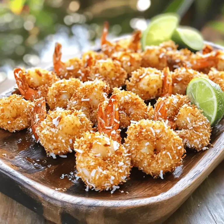 To make crispy coconut shrimp, gather these main ingredients: - 1 pound large shrimp, peeled and deveined - 1 cup all-purpose flour - 2 large eggs, beaten - 1 cup shredded coconut (unsweetened) - 1 cup panko breadcrumbs These ingredients form the base of your dish. The shrimp gives it a nice seafood taste. The flour helps the coating stick. The eggs act as a binder, while the coconut and panko give it that crunchy texture. For flavor, you will need: - 1 teaspoon garlic powder - 1 teaspoon paprika - ½ teaspoon salt - ½ teaspoon black pepper - Vegetable oil, for frying The seasonings add depth to the shrimp. Garlic powder and paprika give a warm flavor. Salt and pepper enhance everything. Use vegetable oil for frying, as it withstands high heat well. Serve your crispy coconut shrimp with: - Fresh lime wedges The lime adds brightness and cuts through the richness of the shrimp. You can also try dipping sauces like sweet chili sauce or a tangy mango salsa. These options brighten the dish and add a burst of flavor. For the full recipe, check the link. Enjoy your cooking adventure! First, rinse the shrimp under cold water. This helps remove any residue. Next, pat them dry with a paper towel. Dry shrimp help the coating stick better. Make sure you peel and devein the shrimp. This makes them ready for cooking. Now, set up your dredging station. You will need three shallow bowls. In the first bowl, mix 1 cup of flour with 1 teaspoon garlic powder, 1 teaspoon paprika, ½ teaspoon salt, and ½ teaspoon black pepper. This mix adds great flavor. In the second bowl, add 2 large beaten eggs. This will help the coating stick. In the third bowl, combine 1 cup of shredded coconut with 1 cup of panko breadcrumbs. This mix gives the shrimp a nice crunch. Heat about ½ inch of vegetable oil in a large skillet over medium heat. To check if the oil is hot enough, drop a small piece of the coconut batter into the oil. If it sizzles, the oil is ready. Carefully place the breaded shrimp in the hot oil. Fry them in batches to avoid crowding. Cook for about 2-3 minutes on each side. You want them golden brown and crispy. Once done, remove the shrimp from the skillet. Place them on a paper towel-lined plate to drain excess oil. Serve the crispy coconut shrimp warm with fresh lime wedges on the side. This adds a fresh zing to the dish. For the complete recipe, check the full recipe section. To get that perfect crispy texture, start with dry shrimp. Moisture can ruin the crisp. After rinsing, pat them dry with a paper towel. The dredging process matters. Use a mix of flour, coconut, and panko breadcrumbs. This blend gives you crunch. Fry in hot oil. The oil should sizzle when you add the shrimp. Cook them in small batches. Crowding the pan makes them soggy. A few common mistakes can mess up your shrimp. First, don’t skip the drying step. It leads to sogginess. Use fresh oil for frying. Old oil can taste bad. Don’t overcrowd the pan. This leads to uneven cooking. Also, avoid moving the shrimp too much while frying. Let them sit in the oil for a bit. This helps them cook evenly and get crispy. You can serve crispy coconut shrimp in many fun ways. Pair them with fresh lime wedges. A squeeze of lime adds great flavor. Try a sweet dipping sauce like honey or chili sauce. You can also serve a side of mango salsa. The sweet and tangy flavors work well together. For a fun twist, add them to a salad or tacos. They make a great meal or snack. For the full recipe, check out the details above. {{image_2}} You can add a kick to your shrimp by making spicy coconut shrimp. To do this, mix cayenne pepper or crushed red pepper flakes into the flour. Start with ½ teaspoon and adjust to your taste. This gives each bite a warm, zesty flavor. The heat pairs well with the sweetness of the coconut. If you want a healthier option, try baked coconut shrimp. Preheat your oven to 400°F (200°C). Instead of frying, place the breaded shrimp on a baking sheet lined with parchment paper. Spray them lightly with cooking spray or brush with a little oil. Bake for 15-20 minutes, flipping halfway, until golden and crispy. Pairing coconut shrimp with mango salsa brightens the dish. To make the salsa, chop fresh mango, red onion, and cilantro. Squeeze some lime juice over it for a fresh taste. This fruity salsa brings a tropical vibe and balances the shrimp's richness. You can serve the shrimp on a platter with the salsa on the side for a colorful feast. Explore these variations to find your favorite twist on this crispy coconut shrimp recipe! For detailed instructions, check the Full Recipe. To keep your crispy coconut shrimp fresh, store them in an airtight container. Line the bottom with paper towels to absorb moisture. Place a layer of shrimp on the towels. Add more paper towels between layers if needed. Seal the container tightly. Store it in the fridge for up to two days. To reheat your shrimp, use the oven for the best results. Preheat your oven to 350°F (175°C). Place the shrimp on a baking sheet lined with foil. Bake for about 10 minutes or until heated through. This method helps maintain the crispy texture. You can also reheat them in a skillet over medium heat, turning them gently. If you want to freeze your leftover shrimp, first cool them completely. Place them in a single layer on a baking sheet. Freeze for about an hour until solid. Then, transfer them to a freezer bag. Remove as much air as possible before sealing. They can last in the freezer for up to three months. When ready to eat, thaw in the fridge overnight and reheat as instructed. Enjoy your crispy coconut shrimp again! For the full recipe, check the earlier section. I recommend using large shrimp for crispy coconut shrimp. They hold up well during frying. Look for shrimp that are peeled and deveined for ease. Fresh or frozen shrimp both work. If using frozen shrimp, make sure to thaw them first. You want shrimp that are firm and springy. This ensures a great texture when cooked. Yes, you can prepare the shrimp in advance. After coating them, place them on a baking sheet. Cover them with plastic wrap and refrigerate. This way, they stay fresh until you are ready to fry. Frying them just before serving keeps them crispy. If you do fry them ahead, store them in a warm oven to maintain heat. Crispy coconut shrimp goes well with many sauces. A tangy sweet chili sauce is a popular choice. It adds a nice kick to the dish. You can also try a creamy coconut sauce for a tropical twist. Another great option is a zesty lime aioli. Each sauce adds a unique flavor to the crispy shrimp. Crispy coconut shrimp is a tasty treat that anyone can make. We covered the essential ingredients, helpful tips, and even some fun variations. Think about using spicy shrimp or adding mango salsa for extra flavor. Remember to store leftovers properly for the best taste later. With these steps, your crispy shrimp will wow every guest. Enjoy the crunch and flavor in every bite!