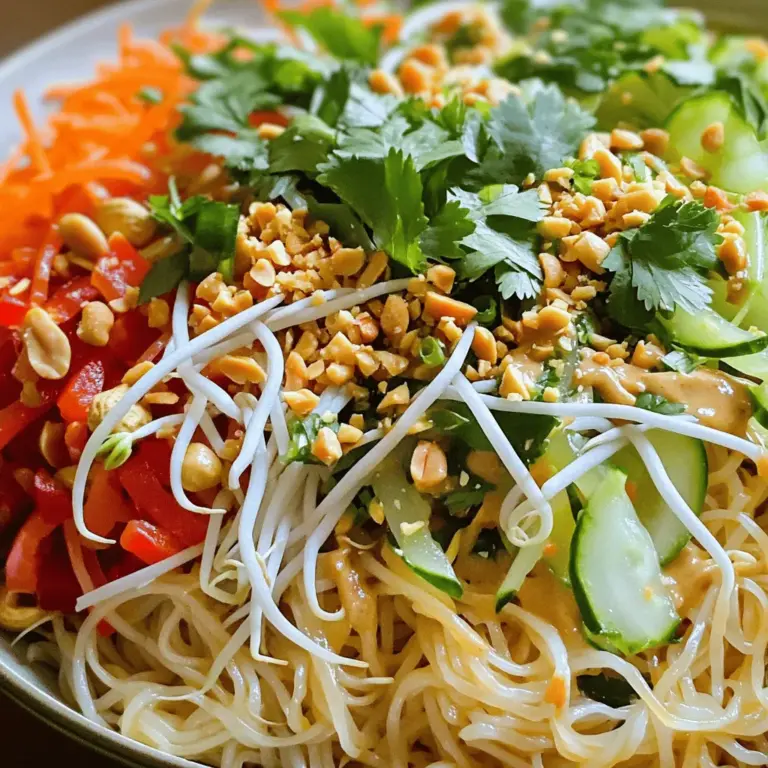 To make Thai Peanut Noodles, gather these main ingredients: - 8 oz rice noodles - 1 cup shredded carrots - 1 red bell pepper, thinly sliced - 1 cucumber, julienned - 1 cup bean sprouts - 1/4 cup chopped green onions - 1/4 cup crushed peanuts, for garnish - Cilantro leaves, for garnish These ingredients create a fresh and colorful dish that is both tasty and quick to prepare. The peanut sauce is key to the flavors in this dish. You will need: - 1/2 cup creamy peanut butter - 2 tablespoons soy sauce - 2 tablespoons lime juice - 1 tablespoon sesame oil - 1 tablespoon maple syrup or honey - 1 teaspoon sriracha (adjust for spice level) - 1-2 tablespoons warm water (to adjust consistency) This sauce adds a creamy texture and a rich flavor that makes the noodles shine. To take your dish to the next level, consider these optional garnishes: - Extra crushed peanuts - Sliced green onions - Fresh cilantro leaves These garnishes add crunch, flavor, and a pop of color to your meal. You can find the Full Recipe for detailed instructions on how to put it all together. To start, you need to cook the rice noodles. Boil water in a pot. Add the noodles and cook them according to the package instructions. When they are done, drain them well. Rinse the noodles under cold water. This stops the cooking. Set the noodles aside for later. Next, let’s make the peanut sauce. In a mixing bowl, add the creamy peanut butter. Then, pour in the soy sauce and lime juice. Add the sesame oil, maple syrup, and sriracha. Whisk these ingredients together until they are smooth. If the sauce is too thick, add warm water. Do this a tablespoon at a time until it is just right. Now, it’s time to mix everything together. In a large serving bowl, combine the cooked rice noodles, shredded carrots, sliced bell pepper, julienned cucumber, and bean sprouts. Drizzle the peanut sauce over the noodle mixture. Toss everything gently, so all the noodles and veggies are coated well. - Tips for Mixing: - Use two forks to lift and turn the noodles. - This helps to mix without breaking the noodles. - Be gentle but thorough for the best flavor. Enjoy your Thai Peanut Noodles! For more details, check the Full Recipe. To get the best rice noodles, cook them just right. Follow the package instructions closely. Test them when they are al dente. Rinse the noodles under cold water to stop cooking. This keeps them firm and chewy. If you want extra flavor, try adding a pinch of salt to the water. You control the heat in the peanut sauce. Start with one teaspoon of sriracha. Mix well and taste. If you want more spice, add another teaspoon. Remember, you can always add more, but it's tough to take it out. For less heat, skip the sriracha or use less. For a great look, use large bowls or platters. Layer the noodles with colorful veggies. This makes a beautiful dish. Top with crushed peanuts and fresh cilantro. For a pop of color, sprinkle extra peanuts and cilantro on each serving. This adds flavor and makes the dish shine. Don't forget to check the Full Recipe for all the details! {{image_2}} You can change up your Thai peanut noodles by adding protein. Chicken works great. Cook it until golden. Then, slice it thin and mix it in. Tofu is a good choice for a meatless meal. Use firm tofu, press it, and cube it. Sauté it until crispy. Shrimp adds a nice touch too. Just cook them until they turn pink. Each protein gives a different flavor and texture. Feel free to swap out veggies based on what you have. Broccoli adds crunch and nutrients. Snap peas bring a sweet taste. Bell peppers are colorful, but you can use zucchini or mushrooms instead. Carrots add sweetness, but you can also try radishes. The key is to keep a balance of colors and textures. To make this dish gluten-free, choose rice noodles as your base. They are naturally gluten-free. For the peanut sauce, use tamari instead of soy sauce. This keeps the flavor while ensuring it fits a gluten-free diet. You can enjoy this dish without worry! Remember, you can find the full recipe above. After enjoying your Thai peanut noodles, you might have some left. To store them, place the noodles in an airtight container. Make sure to add the sauce right before serving. This keeps the noodles from getting soggy. Store them in the fridge for up to three days. When you're ready to eat your leftovers, reheating is simple. You can use a microwave or a pan. For the microwave, heat the noodles in short bursts. Stir every 30 seconds to avoid hot spots. If using a pan, add a splash of water to keep them moist. Heat over medium heat until warm. You can freeze Thai peanut noodles for future meals. First, cool the noodles completely. Place them in a freezer-safe container, separating layers with parchment paper. They can last up to three months in the freezer. To thaw, move them to the fridge overnight. Reheat as mentioned before. Enjoy this quick meal any time! For the full recipe, check above. The best noodles for Thai Peanut Noodles are rice noodles. They are light and soak up the sauce well. You can find them in many stores. Look for thin rice vermicelli or wider rice noodles. Both types work great. Cook them according to the package instructions for the best results. Rinse them with cold water to stop cooking. This way, they stay firm and don't get mushy. Yes, you can make the peanut sauce in advance. This step saves time and makes dinner quick. Store the sauce in an airtight container in the fridge. It lasts for up to a week. When you are ready to use it, stir it well. You may need to add a little warm water to thin it out. This will help it mix smoothly with the noodles. You can serve Thai Peanut Noodles with a variety of items. Fresh veggies like cucumber and bell peppers add crunch. You can also serve it with a side of spring rolls for a fun appetizer. If you want protein, add grilled chicken, shrimp, or tofu. These options make the meal more filling. Garnish with extra crushed peanuts or cilantro for a nice touch. For a drink, try iced tea or coconut water. In this blog post, I covered the key ingredients and steps for making tasty Thai peanut noodles. You learned how to cook rice noodles, prepare a flavorful peanut sauce, and combine everything for a delicious meal. Remember the tips for perfect noodles and ways to adjust spice levels to fit your taste. You can also add proteins and veggies to suit your needs. Finally, use the storage tips to enjoy your leftovers later. Now, you can impress others with your homemade Thai peanut noodles!