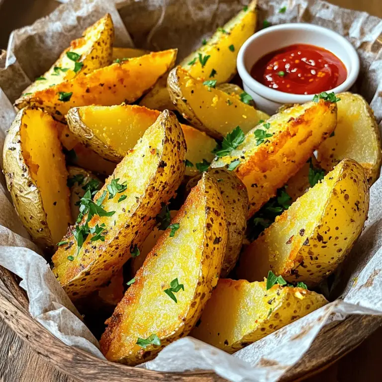 - 4 large russet potatoes - 3 tablespoons olive oil - 1 teaspoon garlic powder - 1 teaspoon onion powder - 1 teaspoon smoked paprika - 1/2 teaspoon cayenne pepper (adjust for spice preference) - 1 teaspoon dried oregano - Salt and black pepper to taste When you make crispy potato wedges, the right ingredients matter. I prefer russet potatoes for their starchy texture. They cook up fluffy inside while getting crispy outside. Olive oil is key too. It helps the wedges brown nicely. The seasonings bring the flavor. Garlic powder and onion powder add depth. Smoked paprika gives a nice kick, while cayenne pepper adds heat. You can adjust the cayenne to suit your taste. Dried oregano adds an earthy note. Seasoning the potatoes well is crucial. The salt and black pepper enhance all the flavors. Make sure your potatoes are coated evenly. This is how you get that perfect golden color and tasty crunch. For the full recipe, you can check out my detailed guide. First, you need to wash and scrub the potatoes well. Use cold water to remove any dirt. Keeping the skins on gives your wedges a nice texture. I love using large russet potatoes for this recipe. They are starchy and crisp up perfectly. Next, cut each potato into wedges. Start by cutting the potatoes in half lengthwise. Then, take each half and cut it again into wedges. Aim for even sizes so they cook evenly. Now, grab a large bowl. Pour in three tablespoons of olive oil. This oil helps the seasonings stick and adds flavor. Add one teaspoon each of garlic powder, onion powder, and smoked paprika. For some heat, add half a teaspoon of cayenne pepper. Adjust it if you want less spice. Then, add one teaspoon of dried oregano, plus salt and black pepper to taste. Mix everything until it's well combined. Preheat your oven to 425°F (220°C). Line a large baking sheet with parchment paper. This helps with cleanup and keeps the wedges from sticking. Now, add the potato wedges to the bowl with the seasoning. Toss them well, making sure each wedge gets coated. Spread the seasoned wedges on the baking sheet in a single layer. Do not overcrowd them; space is key for crispiness. Bake in the oven for about 30-35 minutes. Flip the wedges halfway through to ensure even cooking. They should turn golden brown and crispy. Once done, let them cool for a minute. Garnish with fresh parsley before serving. Enjoy your delicious crispy potato wedges! For the complete process, check the Full Recipe. To get the best crispiness, spacing is key. When you place potato wedges on the baking sheet, make sure they are not crowded. Each wedge needs space to breathe. This helps hot air circulate and makes them crispy. If they are too close, they will steam instead of bake. Flipping the wedges halfway through baking is also important. This ensures even cooking and browning. About 15 minutes into baking, take them out and flip them over. This simple step makes a big difference. You will see a nice golden color all around. Dipping sauces can take your crispy potato wedges to the next level. I love using spicy ketchup for a kick. It adds a nice heat that pairs well with the potatoes. If you prefer something creamier, try ranch dressing. It cools down the spice and adds a rich flavor. When serving, think about presentation. Serve the wedges in a rustic basket lined with parchment paper. Place a small bowl of sauce on the side. This not only looks good but also makes it easy for everyone to dig in. Enjoy your crispy potato wedges with these tasty dips! For the full recipe, check out the details above. {{image_2}} You can easily change the flavor of your crispy potato wedges. One way is to adjust the spice levels. Adding cayenne pepper gives a nice kick. If you want more heat, add a bit more cayenne. For less spice, use less or skip it. You can also experiment with different herbs and spices. Try adding rosemary for a fresh taste or thyme for warmth. Mixing in some chili powder can add a smoky flavor. The options are endless. Just remember to mix your chosen herbs and spices with the olive oil before tossing in the wedges. Frying is a great way to make crispy potato wedges. Heat oil in a deep pan to 350°F (175°C). Carefully add wedges in small batches. Fry them for about 5-7 minutes until golden brown. Drain them on paper towels to remove excess oil. If you want a healthier option, try air frying. Coat the wedges lightly with olive oil and seasonings. Place them in the air fryer basket in a single layer. Cook them at 400°F (200°C) for about 20-25 minutes. Shake the basket halfway through for even cooking. You'll get crispy wedges with less oil. For the full recipe, check out the detailed steps I shared above. To keep your potato wedges fresh, store them in the fridge. Place them in an airtight container. This helps keep moisture out. They will stay good for about three days. When you are ready to eat them again, reheating is easy. Use an oven or an air fryer. This keeps them crispy. To reheat, set your oven to 400°F (200°C). Spread the wedges on a baking sheet. Bake for about 10-15 minutes. Flip them halfway for even heating. The air fryer can also work well. Heat them at 375°F (190°C) for about 5-7 minutes. This method makes them nice and crisp. If you want to save wedges for later, freezing works great. First, let the wedges cool completely. Spread them out on a baking sheet in a single layer. Freeze them for about an hour. This prevents them from sticking together. Once frozen, transfer the wedges to a freezer bag. Label the bag with the date. They can stay in the freezer for up to three months. When you are ready to eat, reheat directly from the freezer. Bake at 425°F (220°C) for 25-30 minutes. Check for crispiness and heat through. Enjoy your tasty treats anytime! Cooking potato wedges takes about 30 to 35 minutes in the oven. When using an air fryer, the time reduces to 20 minutes. If you choose to fry them, expect around 5 to 7 minutes of cooking time. Always check for a golden brown color and crisp texture. Yes, you can use other types of potatoes. Sweet potatoes make a great alternative. They add a nice sweetness and vibrant color. Other options include Yukon Gold or red potatoes. Each type gives a unique taste and texture. To enhance flavor, try adding more spices like chili powder or cumin. You can also mix in fresh herbs like rosemary or thyme. Marinades with lemon juice or balsamic vinegar add great depth. Feel free to experiment with your favorite flavors. Olive oil is great for baking and frying due to its flavor. Canola oil is another option, especially for frying, as it has a high smoke point. Avocado oil is a healthy choice with a high smoke point, perfect for crispiness. Each oil gives a slightly different taste, so choose what you love most. Crispy potato wedges are simple and fun to make. You start with russet potatoes, olive oil, and a few spices. Then you bake and flip them for that perfect crunch. Don't forget to try different dips and herbs to make them your own. If you have leftovers, store them well to keep their crispiness. These easy tips make tasty wedges for everyone to enjoy. Enjoy creating your perfect version at home!