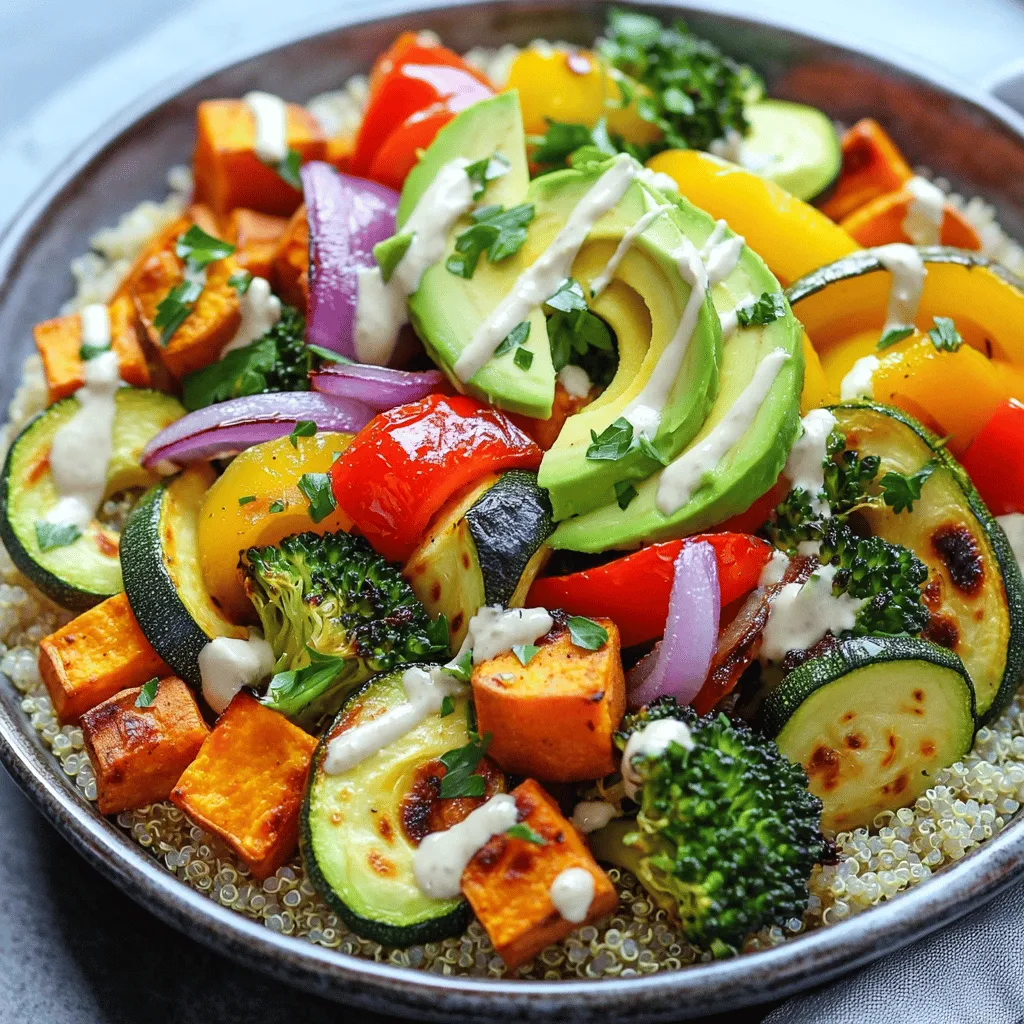 When making a Healthy Roasted Veggie Bowl, you want to gather some vibrant and tasty ingredients. Here’s what you need: - Sweet potatoes - Bell peppers (red, yellow, green) - Zucchini - Broccoli - Red onion - Olive oil - Garlic powder - Smoked paprika - Salt and pepper - Quinoa - Avocado - Fresh parsley or cilantro - Tahini dressing These ingredients bring color and nutrition to your meal. Sweet potatoes offer a sweet touch and are rich in fiber. Bell peppers add crunch and a pop of color. Zucchini and broccoli provide vitamins and minerals. Red onion gives a slight bite that balances the flavors. Olive oil helps the veggies roast perfectly. Garlic powder and smoked paprika add depth and warmth. Salt and pepper enhance all the flavors. Quinoa serves as a healthy base, full of protein. Avocado adds creaminess, while fresh herbs brighten the dish. Don’t forget the tahini dressing! It gives a nutty flavor and ties everything together. For the full recipe, check out the details above. Enjoy making your delicious bowl! 1. Preheat the oven: Set your oven to 425°F (220°C). This helps the veggies roast well. 2. Combine ingredients in a bowl: In a large bowl, mix the diced sweet potatoes, chopped bell peppers, sliced zucchini, broccoli florets, and red onion wedges. 3. Season the vegetables: Drizzle 2 tablespoons of olive oil over the veggies. Add 1 teaspoon of garlic powder, 1 teaspoon of smoked paprika, and a pinch of salt and pepper. Toss everything until each piece is well coated. 1. Spread on baking sheet: Lay the seasoned veggies on a large baking sheet. Make sure they are in a single layer for even cooking. 2. Roasting time and stirring: Roast the vegetables for 25-30 minutes. Halfway through, stir them to ensure they cook evenly. They should be tender and slightly caramelized. 1. Cook quinoa: While the veggies roast, cook 1 cup of quinoa according to the package instructions. 2. Layering the bowls: Once the quinoa is ready, scoop some into a bowl. Top it with a generous portion of the roasted veggies. 3. Add toppings and garnish: Slice an avocado and place it on top. Drizzle with tahini dressing and sprinkle with fresh parsley or cilantro to finish your dish. For the full recipe, you can refer back to the details above. Enjoy crafting your vibrant roasted veggie bowl! To get that perfect caramelization on your veggies, you must space them out. If they are too close, they will steam instead of roast. Use a large baking sheet and spread the veggies in a single layer. Also, make sure to cut your veggies into similar sizes. This helps them cook evenly. For instance, if you chop sweet potatoes into 1-inch cubes, do the same with your bell peppers and zucchini. This way, everything cooks at the same rate. Preparing your veggies ahead of time saves you time during the week. You can wash and chop all your ingredients in one go. Store them in airtight containers in the fridge. Roasted veggies can last up to four days. Just reheat them when you're ready to eat. They also taste great cold in salads or wraps. Pair your roasted veggie bowl with a protein for a full meal. Grilled chicken, chickpeas, or tofu work well. You can also switch up your dressings. Try a lemon-tahini mix for a fresh twist. Or use a balsamic glaze for a sweet touch. Feel free to explore different flavors to match your mood! For the full recipe, check out the vibrant roasted rainbow veggie bowl. {{image_2}} You can change the veggies in your bowl based on the season. In spring, use asparagus and carrots. Summer is great for adding eggplant and tomatoes. In autumn, try Brussels sprouts and butternut squash. Winter calls for hearty root vegetables like parsnips and turnips. Also, don’t forget to mix in leafy greens like kale or spinach. They add color and nutrients. Toss them in just a few minutes before serving to keep them fresh. While tahini dressing is tasty, you can try other dressings too. A simple lemon vinaigrette adds a bright zing. A balsamic glaze brings a sweet punch. You might even enjoy a yogurt dressing for creaminess. If you want to make your own, blend olive oil, vinegar, and mustard. Add herbs like dill or basil for more flavor. Quinoa is nutritious, but you can switch it out for other grains. Brown rice works well and gives a nice chew. If you want something with more flavor, farro is a great choice. For a low-carb option, try cauliflower rice. It cooks quickly and soaks up all the flavors of the veggies. Each grain brings a unique taste and texture to your bowl. To store your Healthy Roasted Veggie Bowl, wait until it cools down. Place leftovers in an airtight container. This keeps moisture in and prevents spills. Keep the bowl in the fridge for up to 4 days. For best freshness, eat within 2 days. You can freeze roasted veggies for later use. Let them cool completely before freezing. Use a freezer-safe container or bag. Make sure to remove as much air as possible to avoid freezer burn. To reheat, thaw overnight in the fridge. Then, warm them in the oven or microwave until hot. In the fridge, your roasted veggie bowl lasts around 4 days. If you freeze it, aim to eat it within 3 months for the best taste. After that, the veggies may lose flavor and texture. You can use many vegetables in a roasted veggie bowl. My favorites include: - Sweet potatoes - Bell peppers - Zucchini - Broccoli - Red onion These veggies add color and flavor to your dish. You can mix and match based on what you have. Seasonal veggies work well, too. For example, try carrots in fall or asparagus in spring. The key is to choose veggies you enjoy. Yes, this dish is easily vegan! All the ingredients are plant-based. The quinoa serves as a great protein source. The tahini dressing adds creaminess without dairy. You can enjoy a tasty, healthy meal that's good for you and the planet. To scale down the recipe, simply reduce the ingredient amounts. Cut everything in half if you want to serve two. For example, use: - ½ cup sweet potatoes - ½ cup bell peppers - ½ cup zucchini Follow the same cooking steps, but keep an eye on the veggies. They may cook faster in smaller amounts. Enjoy your tasty, roasted veggie bowl! For the full recipe, check the section above. This article covered how to create a delicious roasted veggie bowl. You learned about simple ingredients like sweet potatoes, bell peppers, and quinoa. I shared steps for preparing, roasting, and assembling. Tips for perfecting the roast and meal prep were included. You can also explore different veggies and dressings. Remember, you can store any leftovers safely in the fridge or freeze them. This dish is versatile and easy to enjoy any day of the week. Try it out, and make it your own!