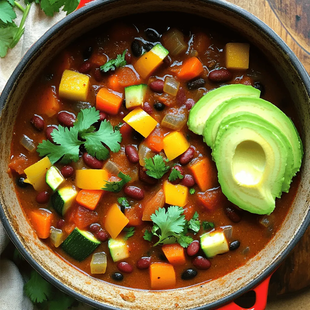 - 1 tablespoon olive oil - 1 large onion, diced - 3 cloves garlic, minced - 1 bell pepper (red or yellow), chopped - 1 medium carrot, diced - 1 medium zucchini, diced - 1 cup corn kernels (fresh or frozen) - 1 can (15 oz) black beans, rinsed and drained - 1 can (15 oz) kidney beans, rinsed and drained - 1 can (15 oz) diced tomatoes - 2 cups vegetable broth - 2 tablespoons chili powder - 1 teaspoon cumin - 1 teaspoon smoked paprika - Salt and pepper to taste - Fresh cilantro for garnish - Avocado slices for serving (optional) I love using fresh ingredients in my vegetable and bean chili. First, I heat olive oil in a large pot. I add diced onion and minced garlic to create a flavorful base. The sweet smell fills my kitchen as I sauté them. Next, I toss in chopped bell pepper, carrot, and zucchini. These veggies bring color and texture to the dish. Beans are the stars of this chili. I use black beans and kidney beans for protein and fiber. They make the chili hearty and filling. I also add corn and diced tomatoes. They add sweetness and acidity, balancing the flavors. For spices, I rely on chili powder, cumin, and smoked paprika. These spices give the chili a warm kick and depth. I always taste as I cook, adjusting salt and pepper to enhance the flavor. This blend of fresh vegetables and beans creates a delicious chili. It warms you up and fills your belly. Check out the Full Recipe for more details on how to make this hearty dish! Start with a large pot. Heat 1 tablespoon of olive oil over medium heat. Add 1 large diced onion. Sauté it for about 5 minutes until it turns soft and clear. Next, stir in 3 minced garlic cloves. Cook this for another 1-2 minutes until you smell the garlic. Now, let’s add the chopped vegetables. Put in 1 chopped bell pepper, 1 diced carrot, and 1 diced zucchini. Cook these for about 5-7 minutes. Stir occasionally until the veggies begin to soften. Once the base is ready, it’s time to mix in some heartiness. Add in 1 cup of corn kernels, whether fresh or frozen. Cook this for another 3 minutes to warm the corn. Now, let’s bring in the beans. Mix in 1 can of black beans and 1 can of kidney beans, both rinsed and drained. Then, add 1 can of diced tomatoes with their juice. Pour in 2 cups of vegetable broth. Stir everything well to combine. Bring the pot to a gentle boil. Once it’s bubbling, reduce the heat to low. Let it simmer uncovered for about 30 minutes. Stir occasionally to keep it from sticking. Now, it’s time to season. Add salt and pepper to taste. This helps enhance the flavors. After it thickens a bit, turn off the heat. Let it sit for a few minutes to let the flavors blend better. You can find the Full Recipe for exact measures and steps. Enjoy your delicious Vegetable and Bean Chili! To get the right texture in your vegetable and bean chili, pay attention to the simmering time. I suggest letting it simmer for about 30 minutes. This helps the flavors blend well. If you want a thicker chili, let it simmer longer. The longer it cooks, the more it thickens. If it gets too thick, add a splash of vegetable broth to adjust the thickness. Spice adjustments can really make your chili pop. Start with the basic spices, but don’t be afraid to add more chili powder or cumin to suit your taste. You can also try adding a dash of cayenne for some heat. Fresh herbs can add brightness. I love adding fresh cilantro right before serving. You can also use parsley or green onions for a different flavor. These small changes can elevate your chili from good to great! For the full recipe, check out the [Full Recipe]. {{image_2}} You can mix and match beans and veggies for fun flavors. Try different beans like pinto or cannellini. Each bean brings its own taste and texture. Seasonal vegetables add freshness. In summer, use zucchini and bell peppers. In winter, try carrots and sweet potatoes. This keeps your chili exciting all year round. You can control the heat in your chili by choosing the right peppers. For mild spice, use a sweet bell pepper. If you like heat, add jalapeños or serranos. You can also boost flavor with extra spices. Cumin and smoked paprika add depth. Try a pinch of cayenne for more kick. Adjust to your taste, and enjoy the adventure of flavors! For the complete recipe, see the Full Recipe above. After enjoying your Vegetable and Bean Chili, store any leftovers properly. First, let the chili cool to room temperature. Then, transfer it to an airtight container. Place it in the refrigerator. The chili can last for about 3 to 4 days this way. If you want to keep it longer, consider freezing. Use freezer-safe bags or containers. This method helps keep the chili fresh for up to 3 months. Make sure to label the containers with the date. That way, you won't forget how long it's been stored. Reheating your chili can be simple and quick. The best method is using the stove. Pour the chili into a pot, and heat over medium heat. Stir often to prevent sticking. This way, the chili warms evenly. You can also use the microwave. Place the chili in a microwave-safe bowl. Cover it with a lid or microwave-safe wrap. Heat it for 1-2 minutes, stirring halfway through. This method is easy but can make the chili unevenly hot. To keep the flavor, add a splash of vegetable broth when reheating. This helps keep the chili moist and tasty. You can enjoy your Vegetable and Bean Chili again, just as delicious as the first time! For the full recipe, check the earlier section. Vegetable and bean chili can last in the fridge for about 4 to 5 days. To store it well, place it in an airtight container. This keeps the chili fresh and safe to eat. Make sure it cools down before sealing it. Always check for any off smells or colors before eating leftovers. Yes, you can easily make this chili in advance. It is perfect for meal prep. Make a large batch and store it in the fridge or freezer. To save time, chop the veggies and cook them a day before. This way, you can just mix everything and heat it when you are ready. Vegetable and bean chili is a healthy dish. It is high in fiber and protein, thanks to the beans. Beans help with digestion and keep you full. The veggies add vitamins and minerals, making it a colorful and nutritious meal. Plus, it has low fat, which is good for your heart. This chili is a great option for a healthy diet. For the full recipe, you can check the details above. This article shared how to make a delicious vegetable and bean chili. You learned about key ingredients like fresh veggies, beans, and spices. I walked you through each step, from preparing the base to simmering the chili for great flavor. We covered tips to perfect texture and enhance taste, plus variations to try. Finally, I offered storage tips to keep your chili fresh. Now, it's time to enjoy your tasty creation. Have fun experimenting with flavors!
