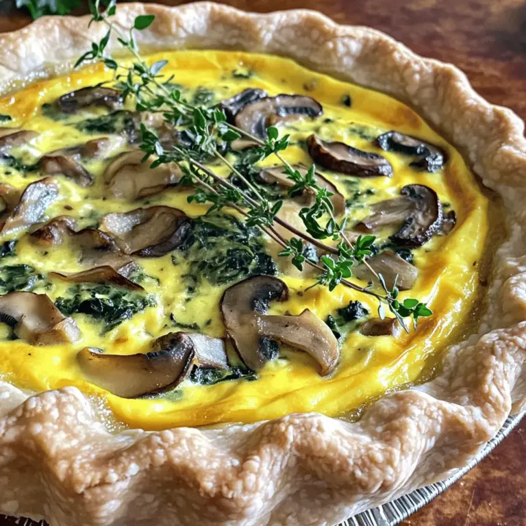 To make a delicious mushroom and spinach quiche, you will need: - 1 pre-made pie crust - 2 cups fresh spinach, chopped - 1 cup mushrooms, sliced (any variety, such as cremini or button) - 1 small onion, diced - 3 large eggs - 1 cup heavy cream - 1 cup shredded mozzarella cheese - 1/2 cup grated Parmesan cheese - 1 teaspoon garlic powder - Salt and pepper to taste - 1 tablespoon olive oil - Fresh thyme or parsley for garnish (optional) Using fresh ingredients gives the best flavor for your quiche. Fresh spinach wilts well and adds a bright taste. Fresh mushrooms have a firm texture that makes each bite tasty. You can use frozen spinach or mushrooms in a pinch. If you do, thaw and drain them well to avoid excess moisture. This keeps your quiche from getting soggy. You can swap some ingredients if needed. Instead of heavy cream, you can use milk or a non-dairy option for a lighter quiche. If mozzarella is not available, try using cheddar or feta for a twist. You can change the mushrooms too. Try using bell peppers or zucchini for a different flavor. These changes allow you to make the quiche fit your taste or what you have on hand. For the pie crust, a homemade version is great if you want to try it! Just remember, each option may change the taste a bit. For the full recipe, refer to the instructions above. Start by gathering all your ingredients. You need a pre-made pie crust, fresh spinach, mushrooms, onion, eggs, and cream. First, preheat your oven to 375°F (190°C). Next, heat olive oil in a skillet over medium heat. Add diced onion and cook for about 3-4 minutes until it turns soft. This step builds great flavor. Then, toss in sliced mushrooms and cook for 5-7 minutes. Wait until they are tender and release their moisture. Add chopped spinach and stir until it wilts, which takes just 2-3 minutes. Season with garlic powder, salt, and pepper. Remove from heat and let it cool. In a large mixing bowl, whisk together 3 large eggs and 1 cup of heavy cream. This mixture creates the base of your quiche. Add in 1 cup of shredded mozzarella and 1/2 cup of grated Parmesan cheese. Season with a pinch of salt and pepper to taste. Mix well until combined. Now, fold in the cooled mushroom and spinach mixture. Ensure everything is evenly mixed. This step keeps flavors balanced in your quiche. Pour the filling into your pre-made pie crust, spreading it out evenly. Place the quiche in the preheated oven and bake for 35-40 minutes. You want the quiche to be set with a golden brown top. To check for doneness, insert a toothpick in the center. If it comes out clean, your quiche is ready. Once done, take it out and let it cool for 10 minutes before slicing. This helps the quiche set better. You can garnish with fresh thyme or parsley if you wish. Enjoy this delightful dish warm or at room temperature! For the full recipe, check out the details above. To get a great texture, make sure to cook the filling well. Cook the mushrooms and onions until soft. This step removes excess moisture. Wilting the spinach also helps. When you mix it with eggs and cream, it should feel thick but pourable. This blend creates a nice, creamy texture in your quiche. One common mistake is overcooking the quiche. Keep an eye on it as it bakes. If you bake it too long, the filling may dry out. Another mistake is not letting it cool before slicing. Cooling for about 10 minutes helps it set. This makes cutting easier and keeps it from falling apart. For this recipe, you need a few simple tools. A good mixing bowl is key for whisking eggs and cream. A skillet helps cook the filling evenly. A pie dish is needed for baking. Lastly, a sharp knife will help slice the quiche nicely. With these tools, you can create a perfect mushroom and spinach quiche every time. For the complete details, check the Full Recipe. {{image_2}} You can change the flavors in your quiche. Try adding bell peppers, zucchini, or broccoli. Each will bring a new taste. If you want more protein, mix in cooked bacon or sausage. These options can make your quiche more filling. Cheese is key in a quiche. If you want different flavors, try other cheeses. Feta cheese gives a tangy taste. Goat cheese adds a creamy touch. For a sharper flavor, use cheddar. You can even skip cheese for a lighter dish. You can make this quiche gluten-free easily. Use a gluten-free pie crust or make a crustless quiche. To make it vegan, swap eggs with a mixture of silken tofu and nutritional yeast. Replace heavy cream with almond or coconut milk. These changes keep the quiche tasty and satisfying. For the full recipe, check out the details above. After enjoying your Mushroom and Spinach Quiche, store any leftovers in the fridge. Place slices in an airtight container. This keeps it fresh for up to three days. If you have a whole quiche left, wrap it tightly in plastic wrap. This helps prevent drying out. When it's time to eat leftovers, the oven is your best friend. Preheat your oven to 350°F (175°C). Place the quiche in an oven-safe dish. Heat for about 15-20 minutes. This makes the crust crisp again. You can also reheat in the microwave, but the crust may not stay crispy. Heat it for 1-2 minutes until warm. If you want to save your quiche for later, freezing is a great option. Wrap the cooled quiche tightly in plastic wrap. Then, put it in a freezer bag or container. You can freeze it for up to two months. To enjoy it later, thaw it in the fridge overnight. Reheat it in the oven for best results. For the full recipe, check out the details above! Yes, you can make this quiche ahead of time. Prepare the quiche and let it cool. Wrap it well in plastic wrap or foil. Store it in the fridge for up to three days. You can also freeze it for up to two months. To reheat, warm it in the oven at 350°F (175°C) until heated through. You can tell the quiche is done when the edges are set and the center is slightly jiggly. A toothpick inserted in the center should come out clean. The top should also be golden brown. If you notice the edges browning too fast, cover them with foil to prevent burning. A pre-made pie crust is very handy. You can use it for sweet and savory dishes. Here are a few ideas: - Apple pie or berry pie - Chicken pot pie - Quiche with different fillings - Tarts with custard or fruit - Cheesecakes You can find the full recipe for Mushroom and Spinach Quiche above! Making a mushroom and spinach quiche is simple and enjoyable. We covered ingredients, cooking steps, and helpful tips. You can mix in other veggies or use different cheeses for variety. Don't forget storage tips for your extras. Quiche is versatile, perfect for any meal. Now, it’s your turn to create a tasty dish. Get cooking and enjoy your delicious quiche!
