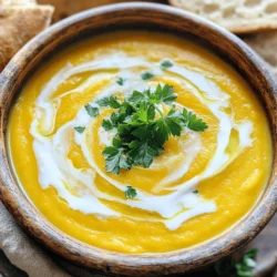 To make the best roasted butternut squash soup, gather these main items: - 1 medium butternut squash, peeled and cubed - 1 large onion, chopped - 3 cloves garlic, minced - 2 tablespoons olive oil - 4 cups vegetable broth These ingredients come together to create a rich and tasty soup. The butternut squash adds a sweet and nutty flavor. The onion and garlic give a nice depth to the taste. Olive oil helps with roasting and adds healthy fats. Next, let's add some flavor! You will need: - 1 teaspoon ground cumin - 1/2 teaspoon smoked paprika - Salt and pepper to taste - 1/2 cup coconut milk (or heavy cream for a non-dairy option) - Fresh parsley or cilantro, for garnish Cumin and smoked paprika enhance the soup's warmth. Coconut milk adds creaminess, while fresh herbs brighten the dish. Adjust the salt and pepper based on your taste. If you want a dairy-free or vegan option, here are some swaps: - Use coconut milk instead of cream - Opt for vegetable broth to keep it vegan - Skip any animal-based toppings These changes keep the soup delicious and safe for different diets. Enjoy making this cozy recipe! For the full recipe, check out the Complete Recipe section. First, preheat your oven to 425°F (220°C). This makes sure the oven is hot enough to roast the squash well. Next, peel and cube your butternut squash into small pieces. Aim for about one-inch cubes. This size helps them cook evenly. In a large bowl, toss the squash with olive oil, salt, and pepper. Mix it well to coat every piece. A good coating adds flavor. Once your squash is coated, spread it out on a baking sheet. Make sure the pieces are in a single layer. This helps them roast instead of steam. Place the sheet in your preheated oven. Roast for about 25-30 minutes, or until the squash is tender and has a nice caramel color. Halfway through, give it a stir. This helps all sides brown nicely. While your squash roasts, prepare the soup base. In a large pot, heat a tablespoon of olive oil over medium heat. Add the chopped onion and sauté for about 5-7 minutes, until it becomes clear. Next, stir in the minced garlic, ground cumin, and smoked paprika. Cook this mix for another minute. It smells great! After the squash finishes roasting, add it to the pot with the onions and garlic. Pour in the vegetable broth and stir it all together. Bring this mixture to a simmer. Let it cook for about 10 minutes. This allows the flavors to mix well. Now it's time to blend! Remove the pot from heat and use an immersion blender to puree the soup until smooth. If you don't have one, pour the soup into a blender in batches. Once blended, stir in the coconut milk. Taste and adjust the seasoning if needed. Reheat gently on the stove until warm. For the full recipe, check out the Cozy Roasted Butternut Squash Soup. To get the best flavor, roast the butternut squash until it is golden brown. Cut the squash into even cubes. This helps it cook evenly. Toss the cubes with olive oil, salt, and pepper. Spread them out on a baking sheet. Make sure they are in a single layer. This allows for even roasting. Stir halfway through to avoid burning. For blending, I like using an immersion blender. It’s easy and quick. If you use a regular blender, let the soup cool a bit first. This avoids a hot mess. Blend in batches if needed. This way, you get a smooth and creamy texture. You can add spices to boost the flavor. Ground ginger gives a warm kick. Nutmeg adds a nice depth, too. Fresh herbs like thyme or rosemary can brighten the taste. A squeeze of lime juice adds a fresh twist. If you want some heat, a pinch of cayenne pepper works great. This soup pairs well with crusty bread or grilled cheese. A fresh salad on the side also makes a nice touch. For a fun twist, serve it in bread bowls. Garnish each bowl with fresh herbs. A swirl of coconut milk on top makes it look fancy. Add some croutons for extra crunch. These simple sides elevate your meal. For the complete recipe, check out the Full Recipe link! {{image_2}} You can change the taste of your roasted butternut squash soup in fun ways. Adding apples gives a sweet touch. This mix works well with the squash. You can also add curry powder for an exotic flair. The spice adds warmth and depth to the soup. Try these ideas to make the soup your own. If you need to stick to a special diet, don’t worry. You can make this soup gluten-free by using gluten-free broth. For a nut-free option, skip any nuts in toppings. If you're watching carbs, use less coconut milk or none at all. The soup will still taste great, and it fits your needs. Some people love a smooth soup, while others like a chunkier one. To make it smooth, blend it well until creamy. If you prefer chunks, just blend half of it. This way, you keep some texture. You can adjust your soup based on what you like. Enjoy experimenting with these texture changes. For the full recipe, check out the Cozy Roasted Butternut Squash Soup details. To store leftover roasted butternut squash soup, let it cool first. Then, pour it into an airtight container. Make sure to seal it tightly. Place the container in the fridge. The soup stays fresh for about three to five days. When you're ready to eat, just reheat it on the stove or in the microwave. If you want to keep the soup longer, freezing is a great option. Use a freezer-safe container or a zip-top bag. Leave some space at the top, as soup expands when it freezes. Label the container with the date. It can last up to three months in the freezer. To reheat, thaw it overnight in the fridge. Warm it on low heat, stirring often, until hot. Roasted butternut squash soup stays good in the fridge for three to five days. In the freezer, it lasts up to three months. After that, the texture and taste may change. Always check for signs of spoilage before eating. For the full recipe, check out Cozy Roasted Butternut Squash Soup. To make your soup creamier, use coconut milk or heavy cream. You can add more coconut milk for a rich taste. You can also blend in cashews or silken tofu for extra creaminess. These options keep the flavor intact while adding a smooth texture. Yes, you can use frozen butternut squash. It saves time and is convenient. Just thaw it before cooking. You can roast it directly from frozen, but it may take a bit longer to cook. Make sure to check for tenderness. This soup pairs well with crusty bread or grilled cheese sandwiches. You can also serve it with a green salad for a light meal. For a heartier option, try quinoa or rice. These dishes enhance the soup's flavor and make your meal complete. This blog post covered how to make a delicious butternut squash soup. We explored key ingredients, including butternut squash, garlic, and spices. I shared step-by-step instructions, along with tips for perfecting the texture and flavor. We discussed variations to suit different diets and preferences. Finally, I provided storage information and answered common questions. In conclusion, you can create a warm, comforting soup that fits your taste. Enjoy your cooking adventure and share your tasty results!