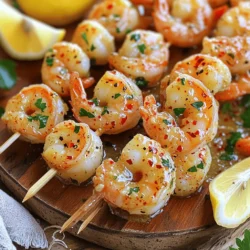 - 1 pound large shrimp, peeled and deveined - 4 tablespoons unsalted butter - 4 cloves garlic, minced - 1 teaspoon red pepper flakes - 1 tablespoon fresh parsley, chopped - 1 tablespoon lemon juice - Salt and pepper to taste - 1 teaspoon smoked paprika - Skewers (wooden or metal) This list of ingredients makes the base for a tasty garlic butter shrimp skewer. Each item plays a key role. The shrimp gives a sweet, tender bite. The butter adds richness and depth. Garlic brings a strong, savory flavor. Red pepper flakes give a hint of heat. Fresh parsley adds color and freshness. Lemon juice brightens the dish. Smoked paprika adds a nice touch of warmth. Salt and pepper enhance all these flavors. A serving of garlic butter shrimp skewers contains around 250 calories. You’ll get 20 grams of protein. The fats come in at about 15 grams, mostly from the butter. Carbohydrates are low, around 3 grams. The dish also offers vitamins and minerals, thanks to the shrimp and parsley. It’s a healthy choice, full of flavor. You will need a few tools for this recipe: - Skewers, either wooden or metal - A grill or grill pan - A medium saucepan - A mixing bowl These items help you make the skewers easily. If you use wooden skewers, soak them first. This step helps prevent burning while cooking. - If you use wooden skewers, soak them in water for at least 30 minutes. This will stop them from burning on the grill. - In a medium saucepan, melt 4 tablespoons of unsalted butter over medium heat. Add 4 cloves of minced garlic and 1 teaspoon of red pepper flakes. Sauté for about 1-2 minutes. You want it fragrant, but don’t let it brown. - Remove the pan from heat. Stir in 1 tablespoon of lemon juice and 1 tablespoon of chopped fresh parsley. Season the garlic butter mixture with salt, pepper, and 1 teaspoon of smoked paprika. - In a large bowl, combine 1 pound of peeled and deveined shrimp with half of your garlic butter mixture. Toss well to coat each shrimp evenly with flavor. - Thread the marinated shrimp onto the skewers. Aim for about 4-5 shrimp per skewer, depending on their size. - Preheat your grill or grill pan over medium-high heat. Lightly grease the grill grates with oil to keep the shrimp from sticking. - Grill the shrimp skewers for 2-3 minutes on each side. You know they are done when they turn pink and opaque. Brush the shrimp with the reserved garlic butter mixture during grilling. This adds even more flavor. - After cooking, remove the skewers from the grill. Drizzle any leftover garlic butter over the top before serving. For the full recipe, visit the original source. To grill shrimp well, keep it simple. Preheat your grill to medium-high heat. Make sure to lightly oil the grates. This prevents sticking. Soak wooden skewers in water for 30 minutes. This helps avoid burning. Cook shrimp for 2-3 minutes on each side. Watch for color change. When shrimp turn pink and opaque, they are done. Overcooking makes shrimp rubbery. Remove them right when they look perfect. Want more spice? Adjust red pepper flakes to your taste. Add a pinch for a mild kick. For more heat, add more flakes. You can also mix in fresh herbs. Basil or cilantro works well. Try adding lemon zest for extra brightness. Experiment with smoked paprika for depth or even a splash of soy sauce for umami. Pair these skewers with a fresh salad or rice. A zesty lemon dip adds great flavor. Serve the skewers on a big platter. Garnish with parsley and lemon wedges. This makes for a beautiful presentation. You can also serve with crusty bread to soak up the garlic butter. This adds a nice touch to your meal. Check out the Full Recipe for more ideas! {{image_2}} You can switch up the protein in this dish. Chicken or tofu makes great options. Use chicken breast, cut into bite-sized pieces. For tofu, use firm tofu, pressed and cubed. Both will soak up the garlic butter well. You can also change the sauce. Try using soy sauce or honey for a sweeter taste. A splash of lime juice can add a nice zing. Experiment with what you have on hand for a fun twist! You can cook these skewers in different ways. Grilling is the classic method, but baking works too. To bake, place the skewers on a baking sheet and cook at 400°F for 10-12 minutes. This method gives you a nice, even cook. The air fryer is another great choice. Preheat your air fryer to 400°F. Place the skewers in a single layer and cook for 6-8 minutes. This method keeps the shrimp juicy and adds a light crisp. If you want to try new flavors, consider an Asian twist. Use teriyaki sauce instead of garlic butter. This adds a sweet and savory touch. You can also sprinkle sesame seeds on top for extra flavor and crunch. For a Mediterranean vibe, add feta cheese and olives. Toss some chopped olives into the garlic butter. Crumble feta over the skewers right before serving. This combination gives a fresh, bright flavor that pairs well with the shrimp. For the full recipe, check out the instructions above. To keep your garlic butter shrimp skewers fresh, store them in an airtight container. This method locks in flavors and prevents odors from mixing. You can refrigerate the skewers for up to three days. After that, the shrimp may lose their taste and texture. When reheating, aim to keep the shrimp juicy. Use a microwave, but do it in short bursts. Heat for about 30 seconds, check, and repeat if needed. For stovetop reheating, warm a pan over low heat. Add a splash of water to help steam the shrimp, keeping them moist. Stir gently until they are heated through. You can freeze both cooked and raw shrimp skewers. For cooked skewers, let them cool first. Wrap them tightly in plastic wrap, then place them in a freezer bag. They last up to three months. For raw skewers, place them in a freezer-safe container with a tight seal. To defrost safely, move them from the freezer to the fridge overnight. For quicker thawing, place the sealed bag in cold water for about an hour. Avoid using warm water, as it can start to cook the shrimp. Just remember to follow these storage tips to keep your garlic butter shrimp skewers tasty! For the full recipe, check out the detailed instructions provided above. How do I know when shrimp is cooked? Shrimp cooks quickly. Look for pink color and a firm texture. When shrimp curls into a "C" shape, it's done. If it forms an "O," it is overcooked. Can I use frozen shrimp for this recipe? Yes, you can use frozen shrimp. Just thaw them first. Leave them in the fridge overnight or run them under cold water for a quick thaw. Can I use garlic powder instead of fresh garlic? You can use garlic powder, but fresh garlic gives better flavor. If using powder, one teaspoon should replace one clove of fresh garlic. Is it necessary to marinate shrimp beforehand? No, it is not necessary to marinate the shrimp. However, marinating adds depth of flavor. If you're short on time, you can skip this step. How to adjust recipe for larger servings? To serve more people, simply double or triple the ingredients. Ensure you have enough skewers and grill space. Can I make this recipe ahead of time? Yes, you can prepare the shrimp and garlic butter in advance. Just store them separately in the fridge. Skewers can be assembled a few hours before grilling. This blog post covered everything you need for delicious garlic shrimp skewers. We talked about ingredients, cooking methods, and even flavor adjustments. Remember, proper marination and grilling techniques bring out the best taste. Also, don't hesitate to try different proteins or seasonings for variety. Store your leftovers wisely to enjoy them later. With these tips, you'll impress at your next meal. Enjoy the process and happy grilling!