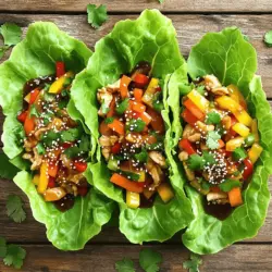 To make teriyaki chicken lettuce wraps, you need a few key items: - 1 lb (450g) chicken breast, finely diced - 1 tablespoon canola oil - 1/2 cup bell pepper, finely chopped (red or yellow) - 1/2 cup carrot, grated - 3 green onions, sliced - 2 cloves garlic, minced - 1/4 cup low-sodium soy sauce - 2 tablespoons honey - 1 tablespoon rice vinegar - 1 teaspoon sesame oil - 1 teaspoon fresh ginger, grated - 1 head of butter lettuce or iceberg lettuce, leaves separated These ingredients create a tasty filling. The chicken provides protein, while the veggies add crunch and color. The teriyaki sauce offers a sweet and savory flavor. Consider these for extra flair: - Sesame seeds - Fresh cilantro or parsley Adding sesame seeds gives a nice crunch. Fresh herbs can brighten the dish, making it even more appealing. Gather these tools before you start: - Large skillet - Mixing bowl - Whisk These items help you cook the chicken and mix the sauce. Having the right equipment makes the process easier and more fun. For the full recipe, you can refer to the recipe section. Start by preparing your ingredients. Dice the chicken breast into small pieces. Chop the bell pepper finely. Grate the carrot and slice the green onions. Mince the garlic and grate the fresh ginger. Next, heat a large skillet over medium heat. Add one tablespoon of canola oil to the skillet. Let it warm up before you start cooking. Now, add the finely diced chicken to the skillet. Cook the chicken for about 5 to 7 minutes. Make sure it turns brown and is fully cooked. Once the chicken is ready, stir in the minced garlic, grated ginger, and chopped bell pepper. Cook these for another 2 to 3 minutes until the veggies soften. In a small bowl, whisk together the soy sauce, honey, rice vinegar, and sesame oil. Pour this sauce into the skillet with the chicken and veggies. Then, add the grated carrots and sliced green onions. Keep cooking for another 2 to 3 minutes. This helps the sauce thicken a bit. Remove the skillet from the heat and let the mixture cool for a few minutes. To assemble your wraps, take a lettuce leaf and place a generous spoonful of the teriyaki chicken mixture in the center. Garnish with sesame seeds and fresh cilantro or parsley if you like. Serve right away so everyone can enjoy their wraps! For the full recipe, check the details above. To ensure your chicken is cooked properly, use a meat thermometer. The chicken should reach an internal temperature of 165°F (75°C). This keeps it safe to eat and juicy. Cut the chicken into small pieces to help it cook evenly. For the sauce, the goal is a thick, glossy texture. Start by letting the sauce simmer for a few minutes. This helps it reduce and thicken. If it gets too thick, add a little water or chicken broth. Stir it well to combine. For side dishes, consider serving with steamed rice or quinoa. Both pair nicely with the wraps and add some heartiness. You could also serve fresh fruit like pineapple or mango for a sweet contrast. To present your wraps, arrange the lettuce leaves on a large platter. Spoon the teriyaki chicken mixture into the center of each leaf. Add a sprinkle of sesame seeds on top. This makes your dish look colorful and inviting. To reduce calories, swap out the chicken for tofu or shrimp. Both options are tasty and lower in fat. You can also use a sugar substitute for honey, like agave syrup, to cut down on sugar. Adding more vegetables boosts nutrition. Try adding shredded cabbage or diced cucumbers to the chicken mixture. They add crunch and extra vitamins. You can also use extra bell peppers and carrots for added color and flavor. For the full recipe, check out the complete guide to making Teriyaki Chicken Lettuce Wraps! {{image_2}} You can swap chicken for other proteins. Tofu works well for a plant-based option. Shrimp is another great choice if you want seafood. Each protein offers a unique taste and texture. You can also mix and match veggies. Try adding mushrooms, zucchini, or snap peas for extra crunch and flavor. Want a different taste? Add spices or herbs. Fresh basil or cilantro can brighten up the dish. For a kick, drizzle some hot sauce or sriracha into the mix. This adds heat and makes it exciting. You could also try a splash of lime juice for a zesty twist. The type of lettuce you use can change the experience. Butter lettuce is soft and easy to wrap. Iceberg lettuce gives a nice crunch. You can also serve the mixture in bowls instead of wraps. This way, people can dig in with a fork. Both styles are fun and tasty! To keep your teriyaki chicken mixture fresh, store it in an airtight container. Place it in the fridge within two hours of cooking. This helps prevent bacteria growth. When you reheat, use a skillet over low heat. This method keeps the chicken tender and avoids sogginess. Stir occasionally to heat evenly. If you want to save some for later, freezing is a great choice. Divide the chicken mixture into portions. Use freezer-safe bags or containers. Remove as much air as possible to avoid freezer burn. To thaw, place it in the fridge overnight. Reheat in a skillet or microwave until hot. In the fridge, your teriyaki chicken wraps last about three to four days. Look for any off smells or changes in color. If the chicken looks slimy, it's best to toss it. Always trust your senses; if it seems off, don’t eat it. To make teriyaki sauce from scratch, you need just a few simple items. Combine 1/4 cup low-sodium soy sauce, 2 tablespoons honey, 1 tablespoon rice vinegar, and 1 teaspoon sesame oil in a bowl. Whisk these together until the honey dissolves. You can also add grated ginger for more flavor. This sauce is sweet and salty, perfect for your wraps. Yes, you can use other types of lettuce. Butter lettuce and iceberg lettuce are the best for wraps. They are crisp and hold the filling well. Romaine and green leaf lettuce can also work. Just make sure the leaves are large enough to hold the filling. Teriyaki Chicken Lettuce Wraps can be a healthy choice. They use lean chicken and fresh veggies. You can control the sauce's sweetness by adjusting the honey. By adding more vegetables, you boost the nutrition. This meal is lower in carbs compared to rice or tortillas, making it a great option for many diets. Enjoy this flavorful and easy meal while keeping it healthy! In this blog post, we explored making Teriyaki Chicken Lettuce Wraps. You learned about key ingredients like chicken, veggies, and teriyaki sauce. I shared steps for preparation and cooking, along with helpful tips on serving and storing. Experiment with different proteins and vegetables for variety. These wraps are fun to make and enjoy. They also fit into healthy eating. With this guide, you can create delicious wraps at home anytime. Enjoy your cooking journey!