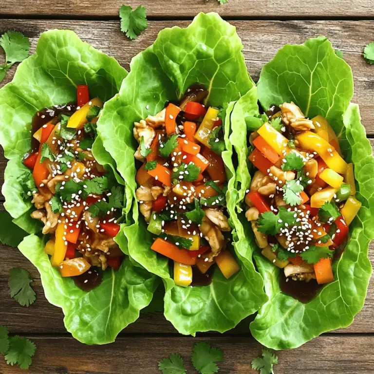 To make teriyaki chicken lettuce wraps, you need a few key items: - 1 lb (450g) chicken breast, finely diced - 1 tablespoon canola oil - 1/2 cup bell pepper, finely chopped (red or yellow) - 1/2 cup carrot, grated - 3 green onions, sliced - 2 cloves garlic, minced - 1/4 cup low-sodium soy sauce - 2 tablespoons honey - 1 tablespoon rice vinegar - 1 teaspoon sesame oil - 1 teaspoon fresh ginger, grated - 1 head of butter lettuce or iceberg lettuce, leaves separated These ingredients create a tasty filling. The chicken provides protein, while the veggies add crunch and color. The teriyaki sauce offers a sweet and savory flavor. Consider these for extra flair: - Sesame seeds - Fresh cilantro or parsley Adding sesame seeds gives a nice crunch. Fresh herbs can brighten the dish, making it even more appealing. Gather these tools before you start: - Large skillet - Mixing bowl - Whisk These items help you cook the chicken and mix the sauce. Having the right equipment makes the process easier and more fun. For the full recipe, you can refer to the recipe section. Start by preparing your ingredients. Dice the chicken breast into small pieces. Chop the bell pepper finely. Grate the carrot and slice the green onions. Mince the garlic and grate the fresh ginger. Next, heat a large skillet over medium heat. Add one tablespoon of canola oil to the skillet. Let it warm up before you start cooking. Now, add the finely diced chicken to the skillet. Cook the chicken for about 5 to 7 minutes. Make sure it turns brown and is fully cooked. Once the chicken is ready, stir in the minced garlic, grated ginger, and chopped bell pepper. Cook these for another 2 to 3 minutes until the veggies soften. In a small bowl, whisk together the soy sauce, honey, rice vinegar, and sesame oil. Pour this sauce into the skillet with the chicken and veggies. Then, add the grated carrots and sliced green onions. Keep cooking for another 2 to 3 minutes. This helps the sauce thicken a bit. Remove the skillet from the heat and let the mixture cool for a few minutes. To assemble your wraps, take a lettuce leaf and place a generous spoonful of the teriyaki chicken mixture in the center. Garnish with sesame seeds and fresh cilantro or parsley if you like. Serve right away so everyone can enjoy their wraps! For the full recipe, check the details above. To ensure your chicken is cooked properly, use a meat thermometer. The chicken should reach an internal temperature of 165°F (75°C). This keeps it safe to eat and juicy. Cut the chicken into small pieces to help it cook evenly. For the sauce, the goal is a thick, glossy texture. Start by letting the sauce simmer for a few minutes. This helps it reduce and thicken. If it gets too thick, add a little water or chicken broth. Stir it well to combine. For side dishes, consider serving with steamed rice or quinoa. Both pair nicely with the wraps and add some heartiness. You could also serve fresh fruit like pineapple or mango for a sweet contrast. To present your wraps, arrange the lettuce leaves on a large platter. Spoon the teriyaki chicken mixture into the center of each leaf. Add a sprinkle of sesame seeds on top. This makes your dish look colorful and inviting. To reduce calories, swap out the chicken for tofu or shrimp. Both options are tasty and lower in fat. You can also use a sugar substitute for honey, like agave syrup, to cut down on sugar. Adding more vegetables boosts nutrition. Try adding shredded cabbage or diced cucumbers to the chicken mixture. They add crunch and extra vitamins. You can also use extra bell peppers and carrots for added color and flavor. For the full recipe, check out the complete guide to making Teriyaki Chicken Lettuce Wraps! {{image_2}} You can swap chicken for other proteins. Tofu works well for a plant-based option. Shrimp is another great choice if you want seafood. Each protein offers a unique taste and texture. You can also mix and match veggies. Try adding mushrooms, zucchini, or snap peas for extra crunch and flavor. Want a different taste? Add spices or herbs. Fresh basil or cilantro can brighten up the dish. For a kick, drizzle some hot sauce or sriracha into the mix. This adds heat and makes it exciting. You could also try a splash of lime juice for a zesty twist. The type of lettuce you use can change the experience. Butter lettuce is soft and easy to wrap. Iceberg lettuce gives a nice crunch. You can also serve the mixture in bowls instead of wraps. This way, people can dig in with a fork. Both styles are fun and tasty! To keep your teriyaki chicken mixture fresh, store it in an airtight container. Place it in the fridge within two hours of cooking. This helps prevent bacteria growth. When you reheat, use a skillet over low heat. This method keeps the chicken tender and avoids sogginess. Stir occasionally to heat evenly. If you want to save some for later, freezing is a great choice. Divide the chicken mixture into portions. Use freezer-safe bags or containers. Remove as much air as possible to avoid freezer burn. To thaw, place it in the fridge overnight. Reheat in a skillet or microwave until hot. In the fridge, your teriyaki chicken wraps last about three to four days. Look for any off smells or changes in color. If the chicken looks slimy, it's best to toss it. Always trust your senses; if it seems off, don’t eat it. To make teriyaki sauce from scratch, you need just a few simple items. Combine 1/4 cup low-sodium soy sauce, 2 tablespoons honey, 1 tablespoon rice vinegar, and 1 teaspoon sesame oil in a bowl. Whisk these together until the honey dissolves. You can also add grated ginger for more flavor. This sauce is sweet and salty, perfect for your wraps. Yes, you can use other types of lettuce. Butter lettuce and iceberg lettuce are the best for wraps. They are crisp and hold the filling well. Romaine and green leaf lettuce can also work. Just make sure the leaves are large enough to hold the filling. Teriyaki Chicken Lettuce Wraps can be a healthy choice. They use lean chicken and fresh veggies. You can control the sauce's sweetness by adjusting the honey. By adding more vegetables, you boost the nutrition. This meal is lower in carbs compared to rice or tortillas, making it a great option for many diets. Enjoy this flavorful and easy meal while keeping it healthy! In this blog post, we explored making Teriyaki Chicken Lettuce Wraps. You learned about key ingredients like chicken, veggies, and teriyaki sauce. I shared steps for preparation and cooking, along with helpful tips on serving and storing. Experiment with different proteins and vegetables for variety. These wraps are fun to make and enjoy. They also fit into healthy eating. With this guide, you can create delicious wraps at home anytime. Enjoy your cooking journey!