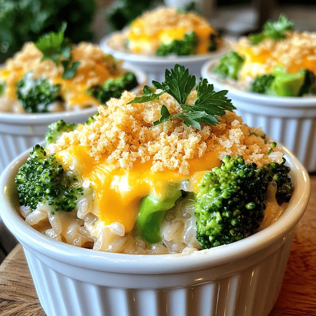 - 2 cups cooked brown rice - 2 cups broccoli florets (fresh or frozen) - 1 cup sharp cheddar cheese, shredded - 1 cup cream of mushroom soup - 1/2 cup milk - Seasoning essentials: garlic powder, onion powder, black pepper, and salt - Topping ingredients: breadcrumbs, olive oil, grated Parmesan cheese Choosing the right ingredients makes a big difference. - Fresh vs. frozen broccoli: Fresh broccoli gives a nice crunch. Frozen broccoli is easy and quick. Both work well, but fresh is best if you can find it. - Best types of cheese for a creamy texture: Sharp cheddar cheese adds flavor. You can also use a mix of cheeses like Monterey Jack for extra creaminess. - Homemade vs. store-bought cream of mushroom soup: Homemade soup tastes better and is healthier. If you’re short on time, store-bought works fine. Just check for quality. Using these tips helps you enjoy the best Cheesy Broccoli and Rice Casserole. For the full recipe, check below. 1. Start by preheating your oven to 350°F (175°C). This step is key for even cooking. 2. Grease a 9x13 baking dish with a bit of olive oil. This helps prevent sticking. 3. In a large bowl, combine the following ingredients: - 2 cups cooked brown rice - 2 cups broccoli florets (fresh or frozen) - 1 cup sharp cheddar cheese, shredded - 1 cup cream of mushroom soup - 1/2 cup milk Mix these ingredients well. 4. To enhance the flavor, season the mixture with: - 1/2 teaspoon garlic powder - 1/2 teaspoon onion powder - 1/4 teaspoon black pepper - 1/4 teaspoon salt Stir the mixture again to ensure even seasoning. This is where the magic happens. 5. Pour the mixture into your prepared baking dish. Spread it evenly with a spatula. 6. For the topping, in a small bowl, mix: - 1/2 cup breadcrumbs - 2 tablespoons olive oil - 1/4 cup grated Parmesan cheese Make sure the breadcrumbs are well coated with oil. 7. Sprinkle the breadcrumb mix over the casserole. This will add a nice crunch. 8. Place the dish in the oven and bake for 25-30 minutes. Look for bubbly edges and a golden brown top. That’s when it’s done! By following these steps, you’ll create a warm and comforting cheesy broccoli and rice casserole that everyone will love. For full instructions, check out the Full Recipe. To get a creamy texture, use sharp cheddar cheese. This cheese melts well and gives a rich flavor. Mixing is key. Stir your ingredients until they blend completely. This helps the flavors combine and creates a smooth texture. Choose glass or ceramic baking dishes. They heat evenly and make serving easy. For cleanup, use parchment paper or nonstick spray. This way, your dish won't stick, and washing will be a breeze. Garnish with fresh parsley for color. You can also add a sprinkle of extra cheese on top. Pair this casserole with a fresh salad or crusty bread. It works great for family dinners or potlucks. Want a fun twist? Serve individual portions in ramekins. They look nice and make serving simple. For the full recipe, check out the Cheesy Broccoli Rice Delight 🥦. {{image_2}} You can make this dish lighter. Try using quinoa instead of rice. Quinoa packs more protein and fiber. You can also substitute low-fat cheese and milk. This keeps the creamy texture while cutting calories. Want to spice things up? Add herbs like thyme or oregano for flavor. You can also toss in spices like paprika or cayenne for heat. For extra protein, mix in cooked chicken or turkey. This adds heartiness and makes it more filling. If you're gluten-free, swap regular breadcrumbs for gluten-free ones. You can easily find these at stores. For a vegan version, use plant-based cheese and cream soup. These swaps keep the dish delicious and plant-friendly. After enjoying your cheesy broccoli and rice casserole, store leftovers quickly. Use airtight containers to keep moisture in. Glass or plastic containers work well. Avoid leaving food out at room temperature for over two hours. This helps prevent bacteria growth. Label containers with the date. This way, you’ll know how long they’ve been in the fridge. To reheat your casserole, use an oven for the best texture. Preheat to 350°F (175°C). Place the casserole in an oven-safe dish. Cover it with foil to keep it moist. Heat for about 20 minutes or until warm throughout. If using a microwave, heat in short bursts of 1 minute. Stir in between to avoid cold spots. Be cautious. The dish can become hot quickly. If you want to freeze the casserole, let it cool first. Portion it into freezer-safe containers. It can last up to three months in the freezer. For best results, wrap the dish tightly in plastic wrap before sealing. When ready to cook, thaw it in the fridge overnight. Bake as per the Full Recipe, adjusting time as needed. This keeps the flavors fresh and tasty. Can I make Cheesy Broccoli and Rice Casserole ahead of time? Yes, you can prepare it a day early. Just cover it and store it in the fridge. When ready, bake it as directed. This makes it great for busy nights. What can I substitute for cream of mushroom soup? You can use cream of chicken soup or make a homemade version. Mix together milk, flour, and sautéed mushrooms to create a similar taste without the can. How do I know when the casserole is fully cooked? The casserole is done when the edges bubble and the top turns golden. A toothpick inserted in the center should come out clean. How many calories are in a serving? One serving has about 350 calories. This can vary based on the cheese and soup brands you use. Are there any low-carb versions? Yes, you can use cauliflower rice instead of brown rice. This cuts carbs and adds nutrients. What can I replace cheddar cheese with? You can use mozzarella or Monterey Jack cheese. Both melt well and provide a creamy texture. Can I use white rice instead of brown rice? Yes, you can use white rice. Just note that it may change the texture slightly. Cooked white rice can make the dish a bit creamier. Cheesy Broccoli and Rice Casserole is easy to make and full of flavor. You need basic ingredients like brown rice, broccoli, and cheese. This dish is perfect for family meals or gatherings. Use tips to select fresh produce and the right cheese. Consider fun variations, like adding quinoa or chicken. Store leftovers well to enjoy later. This casserole is sure to please everyone at your table. Remember, the right ingredients and methods make all the difference in your dish. Happy cooking!