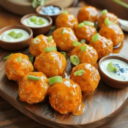 To make Buffalo Chicken Meatballs, you need a few simple ingredients. Each one adds its own flavor and texture. Here’s what you’ll need: - 1 pound ground chicken - 1/2 cup breadcrumbs - 1/4 cup grated Parmesan cheese - 1/4 cup buffalo sauce (plus extra for serving) - 1/4 cup finely chopped green onions - 1 large egg - 1 teaspoon garlic powder - 1 teaspoon onion powder - 1/2 teaspoon salt - 1/2 teaspoon black pepper - Optional: 1/4 teaspoon cayenne pepper for extra heat With these ingredients, you can create a dish that bursts with flavor. Ground chicken gives a light texture. Breadcrumbs add a nice crunch. Parmesan cheese mixes in a rich taste. Buffalo sauce brings the heat and tang. Green onions add a fresh bite. The egg helps hold everything together. For seasonings, garlic powder and onion powder pack in flavor. Salt and pepper boost all the tastes. If you like heat, cayenne pepper is a great choice. You can find the full recipe to guide you through the cooking process. This meal is a hit, perfect for game day or any gathering! 1. Preheat your oven to 400°F (200°C). This ensures even cooking. 2. Line a baking sheet with parchment paper. This helps with easy cleanup. 3. In a large bowl, combine these ingredients: - 1 pound ground chicken - 1/2 cup breadcrumbs - 1/4 cup grated Parmesan cheese - 1/4 cup buffalo sauce - 1/4 cup finely chopped green onions - 1 large egg - 1 teaspoon garlic powder - 1 teaspoon onion powder - 1/2 teaspoon salt - 1/2 teaspoon black pepper - Optional: 1/4 teaspoon cayenne pepper for extra heat 4. Mix everything with your hands or a spatula. Keep it gentle to avoid overmixing. 5. With slightly damp hands, shape the mixture into meatballs. Aim for about 1.5 inches in diameter. Place them evenly on the baking sheet. 1. Place the meatballs on the prepared baking sheet. Make sure they have space. 2. Bake them in the preheated oven for 20-25 minutes. Monitor them closely. They should be browned and cooked through. Aim for an internal temperature of 165°F (74°C). 1. After baking, brush the meatballs with extra buffalo sauce. Do this while they’re hot for the best flavor. 2. Serve them right away. They taste great with ranch or blue cheese dressing on the side. You can find the full recipe for additional details and serving suggestions. Enjoy your flavorful buffalo chicken meatballs! To make great buffalo chicken meatballs, start with quality ingredients. Fresh ground chicken gives the best flavor. Use fresh herbs and real cheese. They add depth and richness. For mixing, gently combine your ingredients. Overworking the meat can make it tough. Mix until just blended. This keeps your meatballs tender and juicy. Watch your baking time closely. Meatballs need about 20 to 25 minutes at 400°F. Every oven is different, so check often. A meat thermometer is your best friend here. Aim for an internal temp of 165°F. This ensures your meatballs are safe to eat and perfectly cooked. Presentation matters, too! Arrange your meatballs on a big platter. Drizzle extra buffalo sauce over them for a pop of color. Garnish with chopped green onions for added flair. Serve small bowls of ranch or blue cheese dressing on the side. This makes it easy for everyone to dip and enjoy. {{image_2}} You might want to try different meats. Ground turkey or lean beef can work well. These alternatives keep the dish tasty. If you need gluten-free options, use crushed rice crackers. Almond flour is also a good choice for breadcrumbs. To change the heat, use different hot sauces. Some sauces are milder, while others pack a punch. You can also add cheese to the mix. Cream cheese or blue cheese adds a creamy touch. Fresh herbs like parsley or cilantro can brighten the flavor too. If you want a slow cooker version, just mix your ingredients. Form the meatballs and place them in the cooker. Cook on low for about 4 hours. For air frying, set your air fryer to 375°F. Cook the meatballs for 12-15 minutes, flipping halfway through. This method makes them crispy outside and juicy inside. For the full recipe, check out the complete instructions above. To store leftovers in the fridge, place the meatballs in an airtight container. Make sure they cool first. This keeps them fresh and safe. I recommend using glass or plastic containers with tight lids. You can stack them neatly to save space. For freezing meatballs, first, let them cool completely. Line a baking sheet with parchment paper. Place the meatballs on the sheet in a single layer. Once frozen, transfer them to a freezer bag. Squeeze out the air before sealing. This prevents freezer burn. When you want to reheat them, thaw in the fridge overnight. Then, bake at 350°F (175°C) until warm. In the fridge, these meatballs last about 3 to 4 days. If you freeze them, they can last up to 3 months. Just remember to label the bag with the date. This helps keep track of their freshness. Enjoy your flavorful Buffalo chicken meatballs anytime! For the full recipe, check the previous sections. What kind of dipping sauces go well with meatballs? You can't go wrong with classic ranch or blue cheese dressing. Both add a nice creaminess that pairs well with the spicy flavor. You can also try honey mustard or a tangy yogurt dip for a fun twist. Can I make Buffalo Chicken Meatballs ahead of time? Yes, you can prepare the meatballs in advance. Just form them and store them in the fridge. You can bake them later, or freeze them for up to three months. This makes meal prep easy and quick! How do I know when the meatballs are fully cooked? Check the internal temperature with a meat thermometer. It should reach 165°F (74°C). The meatballs should also be golden brown on the outside. If they look delicious, they likely are! Caloric content per serving One serving of Buffalo Chicken Meatballs contains roughly 250 calories. This makes them a tasty option for a filling meal without a lot of calories. Tips for healthier substitutions You can use ground turkey instead of chicken for fewer calories. Try whole wheat breadcrumbs for fiber. Also, consider low-sodium buffalo sauce to cut back on sodium. How to adjust spice levels for different tastes To make these meatballs milder, use less buffalo sauce or choose a milder brand. For more heat, add more cayenne pepper or use a hotter sauce. You control the spice! Vegetarian options or meat alternatives If you want a meatless version, use ground chickpeas or lentils. You can also try store-bought meat alternatives that mimic ground chicken. They can work well in this recipe for a tasty twist! You now have a clear guide to making delicious Buffalo Chicken Meatballs. By using quality ingredients and following each step carefully, you can create tasty bites perfect for any occasion. Remember to get creative with flavors and presentations to make your dish stand out. Don't hesitate to store leftovers or try different cooking methods. Enjoy your next cooking adventure with these meatballs! The options are endless, and I'm sure you'll impress everyone.