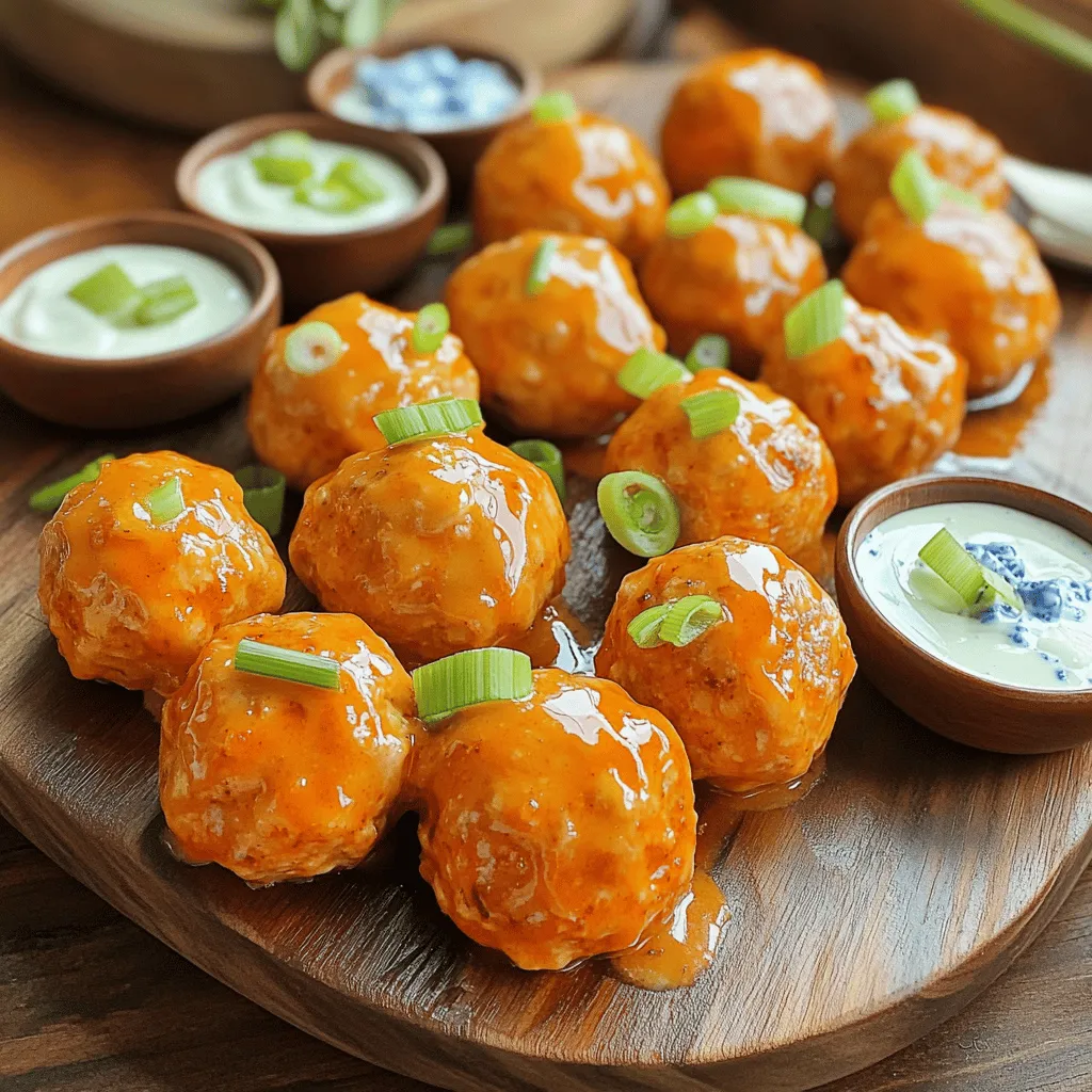 To make Buffalo Chicken Meatballs, you need a few simple ingredients. Each one adds its own flavor and texture. Here’s what you’ll need: - 1 pound ground chicken - 1/2 cup breadcrumbs - 1/4 cup grated Parmesan cheese - 1/4 cup buffalo sauce (plus extra for serving) - 1/4 cup finely chopped green onions - 1 large egg - 1 teaspoon garlic powder - 1 teaspoon onion powder - 1/2 teaspoon salt - 1/2 teaspoon black pepper - Optional: 1/4 teaspoon cayenne pepper for extra heat With these ingredients, you can create a dish that bursts with flavor. Ground chicken gives a light texture. Breadcrumbs add a nice crunch. Parmesan cheese mixes in a rich taste. Buffalo sauce brings the heat and tang. Green onions add a fresh bite. The egg helps hold everything together. For seasonings, garlic powder and onion powder pack in flavor. Salt and pepper boost all the tastes. If you like heat, cayenne pepper is a great choice. You can find the full recipe to guide you through the cooking process. This meal is a hit, perfect for game day or any gathering! 1. Preheat your oven to 400°F (200°C). This ensures even cooking. 2. Line a baking sheet with parchment paper. This helps with easy cleanup. 3. In a large bowl, combine these ingredients: - 1 pound ground chicken - 1/2 cup breadcrumbs - 1/4 cup grated Parmesan cheese - 1/4 cup buffalo sauce - 1/4 cup finely chopped green onions - 1 large egg - 1 teaspoon garlic powder - 1 teaspoon onion powder - 1/2 teaspoon salt - 1/2 teaspoon black pepper - Optional: 1/4 teaspoon cayenne pepper for extra heat 4. Mix everything with your hands or a spatula. Keep it gentle to avoid overmixing. 5. With slightly damp hands, shape the mixture into meatballs. Aim for about 1.5 inches in diameter. Place them evenly on the baking sheet. 1. Place the meatballs on the prepared baking sheet. Make sure they have space. 2. Bake them in the preheated oven for 20-25 minutes. Monitor them closely. They should be browned and cooked through. Aim for an internal temperature of 165°F (74°C). 1. After baking, brush the meatballs with extra buffalo sauce. Do this while they’re hot for the best flavor. 2. Serve them right away. They taste great with ranch or blue cheese dressing on the side. You can find the full recipe for additional details and serving suggestions. Enjoy your flavorful buffalo chicken meatballs! To make great buffalo chicken meatballs, start with quality ingredients. Fresh ground chicken gives the best flavor. Use fresh herbs and real cheese. They add depth and richness. For mixing, gently combine your ingredients. Overworking the meat can make it tough. Mix until just blended. This keeps your meatballs tender and juicy. Watch your baking time closely. Meatballs need about 20 to 25 minutes at 400°F. Every oven is different, so check often. A meat thermometer is your best friend here. Aim for an internal temp of 165°F. This ensures your meatballs are safe to eat and perfectly cooked. Presentation matters, too! Arrange your meatballs on a big platter. Drizzle extra buffalo sauce over them for a pop of color. Garnish with chopped green onions for added flair. Serve small bowls of ranch or blue cheese dressing on the side. This makes it easy for everyone to dip and enjoy. {{image_2}} You might want to try different meats. Ground turkey or lean beef can work well. These alternatives keep the dish tasty. If you need gluten-free options, use crushed rice crackers. Almond flour is also a good choice for breadcrumbs. To change the heat, use different hot sauces. Some sauces are milder, while others pack a punch. You can also add cheese to the mix. Cream cheese or blue cheese adds a creamy touch. Fresh herbs like parsley or cilantro can brighten the flavor too. If you want a slow cooker version, just mix your ingredients. Form the meatballs and place them in the cooker. Cook on low for about 4 hours. For air frying, set your air fryer to 375°F. Cook the meatballs for 12-15 minutes, flipping halfway through. This method makes them crispy outside and juicy inside. For the full recipe, check out the complete instructions above. To store leftovers in the fridge, place the meatballs in an airtight container. Make sure they cool first. This keeps them fresh and safe. I recommend using glass or plastic containers with tight lids. You can stack them neatly to save space. For freezing meatballs, first, let them cool completely. Line a baking sheet with parchment paper. Place the meatballs on the sheet in a single layer. Once frozen, transfer them to a freezer bag. Squeeze out the air before sealing. This prevents freezer burn. When you want to reheat them, thaw in the fridge overnight. Then, bake at 350°F (175°C) until warm. In the fridge, these meatballs last about 3 to 4 days. If you freeze them, they can last up to 3 months. Just remember to label the bag with the date. This helps keep track of their freshness. Enjoy your flavorful Buffalo chicken meatballs anytime! For the full recipe, check the previous sections. What kind of dipping sauces go well with meatballs? You can't go wrong with classic ranch or blue cheese dressing. Both add a nice creaminess that pairs well with the spicy flavor. You can also try honey mustard or a tangy yogurt dip for a fun twist. Can I make Buffalo Chicken Meatballs ahead of time? Yes, you can prepare the meatballs in advance. Just form them and store them in the fridge. You can bake them later, or freeze them for up to three months. This makes meal prep easy and quick! How do I know when the meatballs are fully cooked? Check the internal temperature with a meat thermometer. It should reach 165°F (74°C). The meatballs should also be golden brown on the outside. If they look delicious, they likely are! Caloric content per serving One serving of Buffalo Chicken Meatballs contains roughly 250 calories. This makes them a tasty option for a filling meal without a lot of calories. Tips for healthier substitutions You can use ground turkey instead of chicken for fewer calories. Try whole wheat breadcrumbs for fiber. Also, consider low-sodium buffalo sauce to cut back on sodium. How to adjust spice levels for different tastes To make these meatballs milder, use less buffalo sauce or choose a milder brand. For more heat, add more cayenne pepper or use a hotter sauce. You control the spice! Vegetarian options or meat alternatives If you want a meatless version, use ground chickpeas or lentils. You can also try store-bought meat alternatives that mimic ground chicken. They can work well in this recipe for a tasty twist! You now have a clear guide to making delicious Buffalo Chicken Meatballs. By using quality ingredients and following each step carefully, you can create tasty bites perfect for any occasion. Remember to get creative with flavors and presentations to make your dish stand out. Don't hesitate to store leftovers or try different cooking methods. Enjoy your next cooking adventure with these meatballs! The options are endless, and I'm sure you'll impress everyone.