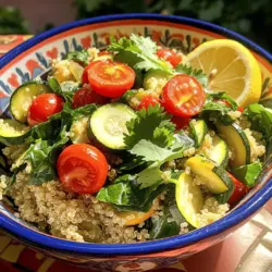 - Quinoa and its benefits Quinoa is a super grain packed with protein. It has all nine essential amino acids. This makes it a great choice for vegans and vegetarians. Quinoa is also high in fiber, which aids digestion. It supports heart health and keeps you full longer. - Fresh vegetables and their nutritional value Fresh veggies add color and nutrients to your bowl. Cherry tomatoes are high in vitamin C. Zucchini is low in calories and rich in antioxidants. Red bell peppers provide vitamin A and boost immunity. Spinach is loaded with iron and essential vitamins. Black beans add protein and fiber, making the dish even more filling. - Seasonings and oils used Seasonings like cumin and smoked paprika enhance flavor. They bring warmth and depth to the dish. Olive oil adds healthy fats and helps in cooking. Salt and pepper balance all the flavors, making every bite enjoyable. For the full recipe, check out the [Full Recipe]. To start, you need to boil the quinoa. In a medium pot, bring 2 cups of vegetable broth or water to a boil. This adds great flavor to the quinoa. Once boiling, add 1 cup of rinsed quinoa. Cover the pot and reduce heat to low. Let it simmer for about 15 minutes. You’ll know it’s done when the liquid is absorbed. Then, remove it from heat and fluff the quinoa with a fork. This helps keep it light and airy. While the quinoa cooks, heat 2 tablespoons of olive oil in a large skillet over medium heat. Add 1/4 cup of finely chopped red onion. Sauté it for 2-3 minutes until it turns translucent. This step builds a nice base of flavor. Next, stir in 2 cloves of minced garlic, 1 teaspoon of cumin, and 1 teaspoon of smoked paprika. Cook this mixture for another minute until fragrant. Now, add 1 diced zucchini and 1 diced red bell pepper. Cook these for about 5-7 minutes, until tender but still crisp. Finally, stir in 1 cup of halved cherry tomatoes, 1 cup of loosely packed spinach, and 1/2 cup of drained black beans. Cook until the spinach wilts and the tomatoes soften, about 3-4 minutes. Season the mixture with salt and pepper to taste. To assemble your bowl, start by layering the cooked quinoa at the bottom. Then, top it with the colorful veggie mixture. This creates a beautiful and inviting look. For a finishing touch, garnish with fresh cilantro or parsley. This adds freshness and a pop of color. You can even add a wedge of lemon on the side for extra zest. For more details, check the Full Recipe. To get fluffy quinoa, always rinse it before cooking. This removes bitter saponins. Soak it for 15 minutes if you have time. This helps it cook better. To avoid mushy quinoa, use the right water ratio. For one cup of quinoa, use two cups of liquid. Cook it on low heat, and do not stir while cooking. Let it sit covered after cooking for a few minutes. Then fluff it with a fork for the best texture. For great flavor, season your quinoa with salt before cooking. You can also add herbs like thyme or basil. When cooking veggies, use methods like roasting or sautéing. This brings out their natural sweetness. For a smoky flavor, add smoked paprika when sautéing. Try different veggies based on what you have. Broccoli, carrots, and peas can also work well. How you serve your bowl matters! Use colorful bowls to make your dish pop. Layer the quinoa first, then add the veggies on top. Arrange them in sections for a beautiful look. Garnish with fresh herbs for added color. A wedge of lemon on the side makes it look fresh. For a fun twist, use mason jars for individual servings. This makes it easy to grab and go! For the full recipe, check out the complete guide. {{image_2}} You can easily switch the grains in this bowl. Try farro or brown rice for a different taste. If you want a gluten-free option, use millet or amaranth. Seasonal veggies work best for taste and freshness. In spring, add asparagus or peas. In fall, try roasted sweet potatoes or squash. Each season brings new flavors to explore. Adding protein can make your bowl more filling. For a vegan option, toss in chickpeas or lentils. They add great texture and nutrition. If you prefer non-vegan choices, grilled chicken or shrimp work well too. You can also use tofu for a vegetarian source of protein. These options help balance your meal and keep you satisfied. You can enhance the flavor of your bowl with herbs and spices. Fresh basil, cilantro, or parsley can brighten the dish. Try adding a pinch of chili flakes for heat. Don’t forget about sauces; a drizzle of tahini or a splash of soy sauce can elevate the taste. Experimenting with different flavors makes each bowl unique and exciting. Your savory quinoa and veggie bowl can last in the fridge for up to four days. Make sure to store it in an airtight container. This keeps moisture in and prevents it from drying out. I recommend glass containers. They are sturdy and help keep the flavors fresh. If you want to save some for later, you can freeze individual portions. Use freezer-safe containers or bags. Make sure to label them with the date. To thaw, place the bowl in the fridge overnight. Reheat in the microwave or on the stove. Stir well to ensure even heating. This way, you can enjoy your meal anytime! To cook quinoa perfectly, start with a 1:2 ratio of quinoa to liquid. Rinse the quinoa well to remove its bitter coating. Bring the liquid to a boil, then add the quinoa. Cover it and reduce the heat. Simmer for about 15 minutes until the liquid is absorbed. Fluff it with a fork for a light texture. This method ensures fluffy quinoa that won't clump together. Yes, you can prepare this savory quinoa bowl in advance. Cook the quinoa and veggie mixture separately. Store them in airtight containers in the fridge. The quinoa lasts about 4-5 days. The veggie mix is best within 3-4 days. Reheat them together when you're ready to eat. This method makes meal prep easy and keeps your meals fresh. To boost nutrition, add superfoods like kale or avocado. These add vitamins and healthy fats. You can also mix in seeds like chia or hemp for extra protein. Using olive oil helps incorporate healthy fats. For protein, consider adding grilled chicken, tofu, or chickpeas. This way, your savory quinoa bowl becomes even more nourishing and satisfying. This blog post guides you through making a delicious quinoa veggie bowl. We covered key ingredients, cooking methods, and tips for perfect texture and flavor. You learned how to customize your bowl with different veggies, proteins, and seasonings. In closing, enjoy experimenting to find your favorite combinations. This dish is flexible and healthy. You can make it your own in countless ways. Don't hesitate to try new things and create a bowl you love!