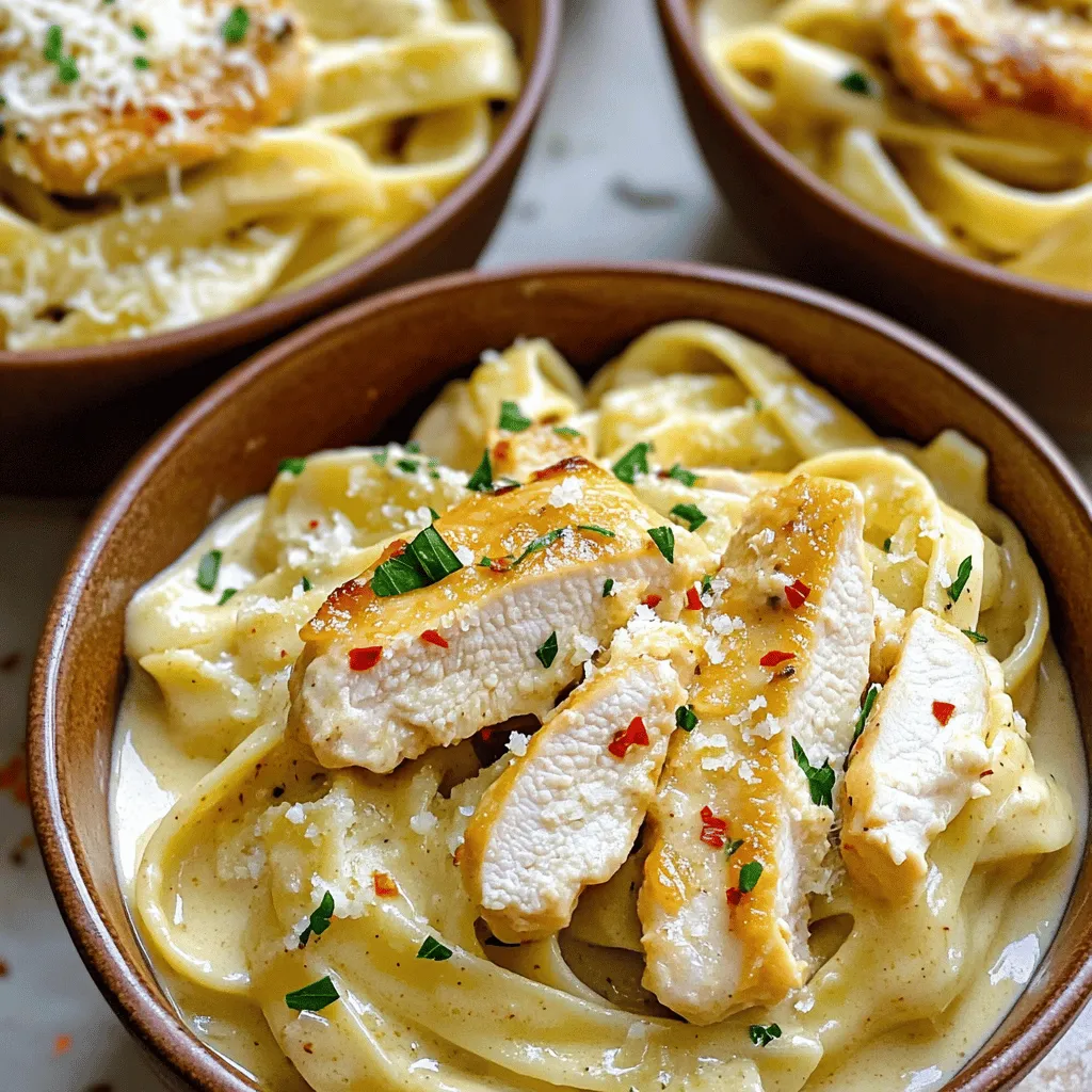 - 2 boneless, skinless chicken breasts - 8 ounces fettuccine pasta - 4 cloves garlic, minced - 1 cup heavy cream - 1 cup chicken broth - 1 tablespoon olive oil - 1 teaspoon Italian seasoning - ½ teaspoon red pepper flakes (optional) - Salt and pepper to taste - ½ cup grated Parmesan cheese - Fresh parsley, chopped for garnish When I make creamy garlic chicken pasta, I keep my ingredients simple yet flavorful. First, I use two boneless, skinless chicken breasts. These cook quickly and stay juicy. I pair the chicken with eight ounces of fettuccine pasta. This pasta is wide and holds the creamy sauce well. Garlic is a must in this dish. I use four cloves of minced garlic for that strong flavor. To create a rich sauce, I add one cup of heavy cream and one cup of chicken broth. The broth adds depth and keeps the dish savory. For the additional ingredients, I drizzle one tablespoon of olive oil in the skillet. A teaspoon of Italian seasoning brings everything together. If you like a little heat, you can add a half teaspoon of red pepper flakes. Don't forget salt and pepper to taste! Finally, I mix in a half cup of grated Parmesan cheese. This cheese melts into the sauce, making it creamy and rich. I top my pasta with fresh parsley for a burst of color and flavor. You can find the full recipe for this dish to enjoy all the steps and tips! First, boil a large pot of salted water. This helps add flavor to the pasta. Once the water is boiling, add 8 ounces of fettuccine pasta. Cook it until it is al dente, which usually takes about 8-10 minutes. After that, drain the pasta. Be sure to save about ½ cup of the pasta water for later. Next, heat a large skillet over medium-high heat. Add 1 tablespoon of olive oil to the skillet. While it heats up, season 2 boneless, skinless chicken breasts with salt and pepper. Once the oil is hot, add the chicken to the skillet. Cook it until it turns golden brown, about 5-6 minutes. When done, remove the chicken from the skillet and set it aside. In the same skillet, lower the heat to medium. Add 4 cloves of minced garlic and sauté it for 1-2 minutes. You want the garlic to smell nice, but be careful not to burn it. Now, pour in 1 cup of chicken broth and bring it to a simmer. Stir in 1 cup of heavy cream, 1 teaspoon of Italian seasoning, and ½ teaspoon of red pepper flakes if you like some heat. Let this simmer for about 3-4 minutes until it thickens slightly. Now, it’s time to mix everything together. Add the cooked fettuccine and the chicken back into the skillet. Toss all the ingredients until the pasta and chicken are well coated in the creamy sauce. If the sauce is too thick, add a little of the reserved pasta water to reach your desired consistency. Stir in ½ cup of grated Parmesan cheese until it melts into the sauce. This will make the sauce even creamier. Taste it and adjust the seasoning with more salt and pepper if needed. Serve the creamy garlic chicken pasta on plates and garnish with fresh chopped parsley for a nice touch. For the full recipe, check out the details above! How to perfectly cook al dente pasta To cook pasta al dente, boil a large pot of salted water. Add your fettuccine and stir gently. Check the package for cooking time, but start testing a minute early. The pasta should be firm when bitten, not mushy. Drain the pasta but save some of the water. This water helps adjust your sauce later. Best methods for sautéing garlic without burning Sautéing garlic is simple but needs care. Use medium heat to start. Add minced garlic to your hot oil and stir quickly. Cook for about one to two minutes. Watch closely! Once it turns golden, remove it from the heat. Burnt garlic can ruin your dish. Adjusting thickness of the sauce If your sauce is too thick, add a bit of the reserved pasta water. Stir well until you reach the right thickness. If it’s too thin, let it simmer a bit longer. This helps it thicken without adding more cream. Enhancing flavor with additional spices You can boost flavor by adding spices. Try a pinch of paprika or a dash of lemon juice. Fresh herbs like basil or thyme can also add a nice touch. Experiment and find what you enjoy most. Presentation tips for an appealing plate To make your dish look great, serve it in shallow bowls. Add a sprinkle of Parmesan on top. A sprig of parsley adds color and freshness. Drizzle a little olive oil for shine and flavor. Recommended wine pairings A crisp white wine pairs well with this dish. Look for a Sauvignon Blanc or a Pinot Grigio. These wines balance the creaminess and enhance the garlic flavor. Enjoy your meal with the right drink! {{image_2}} You can change the main protein in this dish. Instead of chicken, try shrimp or tofu. Shrimp cooks fast and adds a nice flavor. Tofu is great for a plant-based option. It soaks up the sauce well. You can also add bacon or pancetta for a tasty twist. The saltiness from bacon enhances the creamy sauce. If you need a gluten-free option, use alternative pasta. There are many kinds made from rice or quinoa. These options cook well and taste great. For dairy-free meals, switch heavy cream with coconut milk or almond cream. These will keep your pasta creamy and rich without dairy. Want to make your dish more colorful? Add vegetables like spinach or sun-dried tomatoes. Spinach wilts nicely and adds nutrients. Sun-dried tomatoes bring a sweet and tangy flavor. You can also play with different cheese types. Try goat cheese or feta for a unique taste. Each cheese gives a new flavor to your creamy garlic chicken pasta. For the complete recipe, check out the [Full Recipe]. To keep your creamy garlic chicken pasta fresh, store it in an airtight container. Let it cool to room temperature before sealing. Place it in the fridge, where it will stay good for about 3 to 4 days. If you plan to eat it later, consider dividing it into smaller portions. This makes it easy to reheat just what you need. When it's time to enjoy your leftovers, choose gentle methods to reheat. The microwave works, but I recommend using a skillet. Heat it over low to medium heat, stirring often. If the pasta seems dry, add a splash of chicken broth or milk. This will help refresh the creamy sauce. For an added flavor boost, stir in a little cheese as it warms up. Your pasta will taste almost as good as when you first made it! To make creamy garlic chicken pasta vegan, you can swap out animal products. Use tofu or tempeh instead of chicken. For the sauce, replace heavy cream with coconut milk or cashew cream. You can use vegetable broth instead of chicken broth. Nutritional yeast can give a cheesy flavor in place of Parmesan. Yes, you can prepare the creamy garlic sauce ahead of time. Store it in the fridge for up to three days. Keep the sauce separate from the pasta to maintain the best texture. When ready to eat, reheat the sauce on low heat. You may need to add a splash of water or broth to thin it out. Creamy garlic chicken pasta pairs well with many side dishes. A fresh green salad adds a nice crunch. Garlic bread is a classic choice for dipping. Roasted vegetables like broccoli or asparagus complement the dish well. You can also serve it with a light soup for a complete meal. This article covers how to make creamy garlic chicken pasta from start to finish. We explored the main and additional ingredients, along with step-by-step cooking instructions. You also learned tips for cooking, serving suggestions, and variations. Remember, cooking is about being creative. Don’t hesitate to try new flavors or alternatives. Enjoy your dish and impress your friends and family with your cooking skills!