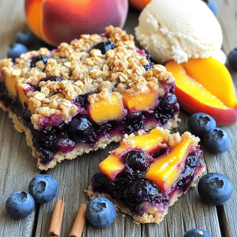 - 2 cups fresh blueberries - 2 cups ripe peaches, diced - 1 tablespoon lemon juice Fresh fruit is key for these bars. I love using ripe peaches and sweet blueberries. The fruits add color and flavor. The lemon juice brightens the taste and balances the sweetness. You can use other fruits too, but blueberries and peaches are my favorite. - 1/2 cup granulated sugar - 1 tablespoon cornstarch - 1 teaspoon vanilla extract For sweetness, I use granulated sugar. It helps the fruit shine. The cornstarch thickens the filling, making it nice and gooey. Vanilla extract adds warmth and depth. Adjust the sugar based on your taste. If you like it sweeter, feel free to add more! - 1 1/2 cups rolled oats - 1 cup all-purpose flour - 1/2 cup brown sugar, packed - 1/2 teaspoon baking powder - 1/4 teaspoon salt - 1/2 cup unsalted butter, melted - 1 teaspoon cinnamon (optional) The crust and topping are what make these bars so good. Rolled oats provide a chewy texture. All-purpose flour gives structure. Brown sugar adds a hint of caramel. Baking powder helps it rise a bit, while salt enhances all the flavors. Melting the butter makes everything mix well. If you love cinnamon, add it for extra spice. For the complete recipe, check out the Full Recipe section. It has all the steps you need to make these delicious bars! - Preheat your oven to 350°F (175°C). - Grease or line a 9x13-inch baking dish with parchment paper. This makes it easy to lift out the bars later. - In a large mixing bowl, combine 2 cups of fresh blueberries, 2 cups of diced peaches, 1 tablespoon of lemon juice, 1/2 cup of granulated sugar, 1 tablespoon of cornstarch, and 1 teaspoon of vanilla extract. - Gently mix until the fruit is well-coated. Let the mixture sit for a few minutes. This helps the flavors blend together. - In another bowl, mix together 1 1/2 cups of rolled oats, 1 cup of all-purpose flour, 1/2 cup of brown sugar, 1/2 teaspoon of baking powder, 1/4 teaspoon of salt, and 1 teaspoon of cinnamon (if you want). - Pour in 1/2 cup of melted butter. Stir until the mixture looks crumbly. Set aside about 1 cup of this mixture for topping later. - Press the remaining crumb mixture into the bottom of the greased baking dish. Make it even and firm. - Spread the fruit mixture over the crust evenly. - Finally, sprinkle the reserved crumb mixture on top of the fruit layer. - Bake in the preheated oven for 30-35 minutes. Look for bubbly fruit and a golden brown topping. - Once done, take it out and let it cool in the pan for 15-20 minutes. This makes it easier to slice into squares. For more details, you can refer to the full recipe for Blueberry Peach Crumble Bars. To get the best crumble, measure your ingredients carefully. Small changes can shift the texture. Use cold butter when making the crumble. Cold butter helps create a flaky texture. This makes your bars light and crisp. To add warmth, try spices like nutmeg or ginger. These spices make the flavors pop. You can also add a dash of almond extract for depth. This little twist can elevate your bars. Serve the bars warm for a delightful treat. They pair well with a scoop of ice cream or a dollop of whipped cream. This adds a creamy contrast to the fruity filling. For a lovely touch, garnish with fresh blueberries and peach slices. This makes your dish look pretty and appetizing. {{image_2}} You can change the fruit to make this recipe your own. If you prefer, swap out the peaches for nectarines or plums. Both fruits work well and add a nice taste. You can also mix in strawberries or raspberries to make a berry medley. These fruits add color and flavor. Feel free to experiment and find your favorite mix! If you need a gluten-free recipe, it’s easy to adapt. Simply use gluten-free flour and gluten-free oats. Make sure to check that all your ingredients are certified gluten-free. This way, you can enjoy these bars without worry. The taste will still be great! Want to make this recipe vegan? Just replace the butter with coconut oil or vegan butter. Both will work well and keep the bars moist. For sweetening, use maple syrup instead of granulated sugar. This change adds a unique flavor. With these simple swaps, you can enjoy a plant-based treat! For the full recipe, check out Blueberry Peach Crumble Bars 🫐. Let the bars cool completely before you store them. This step keeps the crust from getting soggy. Store the bars in an airtight container in the refrigerator. They will stay fresh and tasty for several days. To freeze the bars, wrap them tightly in plastic wrap. Then place them in a freezer-safe bag or container. This method keeps them from getting freezer burn. When you want to eat them, let the bars thaw in the fridge overnight. For a quick warm-up, reheat them in the oven at 350°F (175°C) for about 10 minutes. In the fridge, the bars last about five to seven days. If you freeze them, they can last up to three months. Check for signs of spoilage like mold or an off smell. If you see or smell anything strange, it's best to throw them away. Enjoy the freshness of Blueberry Peach Crumble Bars! For more delicious recipes, check the Full Recipe. Blueberry Peach Crumble Bars last about 3 to 5 days in the fridge. Keep them in an airtight container. You can freeze them for about 2 to 3 months. When freezing, wrap them well to prevent freezer burn. Yes, you can use frozen fruit! Just keep in mind that frozen fruit has more moisture. This can make your bars a bit soggy. To fix this, thaw and drain the fruit first. Pat it dry with a paper towel before mixing it in. To make these bars healthier, try these tips: - Use less sugar by cutting it down by a third. - Swap half of the butter for unsweetened applesauce. - Use whole wheat flour instead of all-purpose flour. - Add nuts or seeds for extra fiber and protein. These bars taste great with a few accompaniments. - Try a scoop of vanilla ice cream for creaminess. - Serve with whipped cream for a light touch. - Greek yogurt can add a tangy twist. - Fresh fruit on top makes them extra special. You can check out the full recipe for Blueberry Peach Crumble Bars 🫐 for more details on how to make them. This blog post covered how to make Blueberry Peach Crumble Bars. We discussed fresh fruits, sweeteners, crust, and toppings. I shared tips for the perfect crumble texture and tasty variations to try. Remember, you can make this recipe healthier or switch fruits based on your taste. Store extras properly for later enjoyment. Enjoy your baking and the tasty results!
