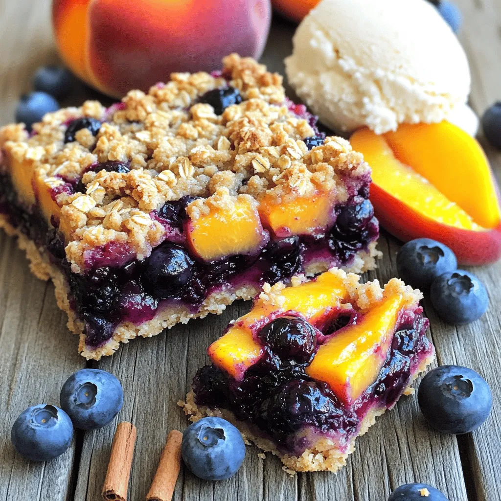 - 2 cups fresh blueberries - 2 cups ripe peaches, diced - 1 tablespoon lemon juice Fresh fruit is key for these bars. I love using ripe peaches and sweet blueberries. The fruits add color and flavor. The lemon juice brightens the taste and balances the sweetness. You can use other fruits too, but blueberries and peaches are my favorite. - 1/2 cup granulated sugar - 1 tablespoon cornstarch - 1 teaspoon vanilla extract For sweetness, I use granulated sugar. It helps the fruit shine. The cornstarch thickens the filling, making it nice and gooey. Vanilla extract adds warmth and depth. Adjust the sugar based on your taste. If you like it sweeter, feel free to add more! - 1 1/2 cups rolled oats - 1 cup all-purpose flour - 1/2 cup brown sugar, packed - 1/2 teaspoon baking powder - 1/4 teaspoon salt - 1/2 cup unsalted butter, melted - 1 teaspoon cinnamon (optional) The crust and topping are what make these bars so good. Rolled oats provide a chewy texture. All-purpose flour gives structure. Brown sugar adds a hint of caramel. Baking powder helps it rise a bit, while salt enhances all the flavors. Melting the butter makes everything mix well. If you love cinnamon, add it for extra spice. For the complete recipe, check out the Full Recipe section. It has all the steps you need to make these delicious bars! - Preheat your oven to 350°F (175°C). - Grease or line a 9x13-inch baking dish with parchment paper. This makes it easy to lift out the bars later. - In a large mixing bowl, combine 2 cups of fresh blueberries, 2 cups of diced peaches, 1 tablespoon of lemon juice, 1/2 cup of granulated sugar, 1 tablespoon of cornstarch, and 1 teaspoon of vanilla extract. - Gently mix until the fruit is well-coated. Let the mixture sit for a few minutes. This helps the flavors blend together. - In another bowl, mix together 1 1/2 cups of rolled oats, 1 cup of all-purpose flour, 1/2 cup of brown sugar, 1/2 teaspoon of baking powder, 1/4 teaspoon of salt, and 1 teaspoon of cinnamon (if you want). - Pour in 1/2 cup of melted butter. Stir until the mixture looks crumbly. Set aside about 1 cup of this mixture for topping later. - Press the remaining crumb mixture into the bottom of the greased baking dish. Make it even and firm. - Spread the fruit mixture over the crust evenly. - Finally, sprinkle the reserved crumb mixture on top of the fruit layer. - Bake in the preheated oven for 30-35 minutes. Look for bubbly fruit and a golden brown topping. - Once done, take it out and let it cool in the pan for 15-20 minutes. This makes it easier to slice into squares. For more details, you can refer to the full recipe for Blueberry Peach Crumble Bars. To get the best crumble, measure your ingredients carefully. Small changes can shift the texture. Use cold butter when making the crumble. Cold butter helps create a flaky texture. This makes your bars light and crisp. To add warmth, try spices like nutmeg or ginger. These spices make the flavors pop. You can also add a dash of almond extract for depth. This little twist can elevate your bars. Serve the bars warm for a delightful treat. They pair well with a scoop of ice cream or a dollop of whipped cream. This adds a creamy contrast to the fruity filling. For a lovely touch, garnish with fresh blueberries and peach slices. This makes your dish look pretty and appetizing. {{image_2}} You can change the fruit to make this recipe your own. If you prefer, swap out the peaches for nectarines or plums. Both fruits work well and add a nice taste. You can also mix in strawberries or raspberries to make a berry medley. These fruits add color and flavor. Feel free to experiment and find your favorite mix! If you need a gluten-free recipe, it’s easy to adapt. Simply use gluten-free flour and gluten-free oats. Make sure to check that all your ingredients are certified gluten-free. This way, you can enjoy these bars without worry. The taste will still be great! Want to make this recipe vegan? Just replace the butter with coconut oil or vegan butter. Both will work well and keep the bars moist. For sweetening, use maple syrup instead of granulated sugar. This change adds a unique flavor. With these simple swaps, you can enjoy a plant-based treat! For the full recipe, check out Blueberry Peach Crumble Bars 🫐. Let the bars cool completely before you store them. This step keeps the crust from getting soggy. Store the bars in an airtight container in the refrigerator. They will stay fresh and tasty for several days. To freeze the bars, wrap them tightly in plastic wrap. Then place them in a freezer-safe bag or container. This method keeps them from getting freezer burn. When you want to eat them, let the bars thaw in the fridge overnight. For a quick warm-up, reheat them in the oven at 350°F (175°C) for about 10 minutes. In the fridge, the bars last about five to seven days. If you freeze them, they can last up to three months. Check for signs of spoilage like mold or an off smell. If you see or smell anything strange, it's best to throw them away. Enjoy the freshness of Blueberry Peach Crumble Bars! For more delicious recipes, check the Full Recipe. Blueberry Peach Crumble Bars last about 3 to 5 days in the fridge. Keep them in an airtight container. You can freeze them for about 2 to 3 months. When freezing, wrap them well to prevent freezer burn. Yes, you can use frozen fruit! Just keep in mind that frozen fruit has more moisture. This can make your bars a bit soggy. To fix this, thaw and drain the fruit first. Pat it dry with a paper towel before mixing it in. To make these bars healthier, try these tips: - Use less sugar by cutting it down by a third. - Swap half of the butter for unsweetened applesauce. - Use whole wheat flour instead of all-purpose flour. - Add nuts or seeds for extra fiber and protein. These bars taste great with a few accompaniments. - Try a scoop of vanilla ice cream for creaminess. - Serve with whipped cream for a light touch. - Greek yogurt can add a tangy twist. - Fresh fruit on top makes them extra special. You can check out the full recipe for Blueberry Peach Crumble Bars 🫐 for more details on how to make them. This blog post covered how to make Blueberry Peach Crumble Bars. We discussed fresh fruits, sweeteners, crust, and toppings. I shared tips for the perfect crumble texture and tasty variations to try. Remember, you can make this recipe healthier or switch fruits based on your taste. Store extras properly for later enjoyment. Enjoy your baking and the tasty results!