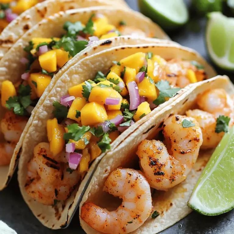 For the grilled shrimp tacos, you will need: - 1 pound large shrimp, peeled and deveined - 2 tablespoons olive oil - 1 teaspoon chili powder - 1 teaspoon cumin - 1/2 teaspoon smoked paprika - Salt and pepper to taste - 8 small corn tortillas These ingredients create a tasty base for your tacos. The shrimp brings protein, while the spices give it a wonderful kick. For the mango salsa, gather: - 1 ripe mango, diced - 1/2 red onion, finely chopped - 1 small jalapeño, minced (remove seeds for less heat) - Juice of 1 lime - Fresh cilantro, chopped (for garnish) This salsa adds sweetness and freshness to your tacos. The mango pairs well with the spicy shrimp. Choosing good ingredients is key. Here are some tips: - Shrimp: Look for wild-caught shrimp. They taste better and are often fresher. - Mango: Pick a ripe mango that gives slightly when pressed. This means it’s sweet and ready. - Spices: Use fresh spices for the best flavor. Store them properly to keep them potent. - Tortillas: Choose fresh corn tortillas. They add a nice texture and flavor to the dish. Using quality ingredients makes your grilled shrimp tacos even more delicious. For the full recipe, check the details above. Start by making the shrimp flavorful. In a bowl, combine 2 tablespoons of olive oil, 1 teaspoon of chili powder, 1 teaspoon of cumin, and 1/2 teaspoon of smoked paprika. Add salt and pepper to taste. Mix well. Now, add 1 pound of large shrimp that are peeled and deveined. Toss the shrimp in the marinade until they are well-coated. Let them sit for 15-20 minutes. This helps the shrimp soak up all those tasty flavors. While the shrimp marinates, let's make the mango salsa. You will need 1 ripe mango, diced into small pieces. In a bowl, add the mango, 1/2 a finely chopped red onion, and a minced small jalapeño. If you want less heat, remove the seeds from the jalapeño first. Squeeze the juice of 1 lime over the mix. Add a pinch of salt and stir everything together. Set it aside to let the flavors blend. Preheat your grill or grill pan to medium-high heat. Once it's hot, add the marinated shrimp in a single layer. Grill the shrimp for 2-3 minutes on each side. They will turn pink and opaque when done. Remove them from the grill. Next, warm 8 small corn tortillas on the grill for about 1 minute on each side until they become soft. Now it’s time to assemble your tacos. Take a tortilla, add a few grilled shrimp, and top it with mango salsa. Don’t forget to sprinkle some fresh cilantro on top for a bright finish. Enjoy your delicious tacos right away! For the complete recipe, refer back to the full recipe section. To grill shrimp just right, start with large, fresh shrimp. Make sure they are peeled and deveined. Marinating them adds flavor and keeps them juicy. Use a mix of olive oil and spices as a marinade. Let them soak for about 15-20 minutes. Preheat your grill or grill pan to medium-high heat. Place the shrimp on the grill in a single layer. Grill for 2-3 minutes on each side. They are done when they turn pink and opaque. Avoid overcooking, as this makes shrimp tough. To make the best mango salsa, pick a ripe mango. It should be soft but not mushy. Dice the mango into small pieces for even flavor. Combine it with finely chopped red onion and minced jalapeño. The jalapeño adds heat, but you can remove the seeds for less spice. Squeeze fresh lime juice into the mix to brighten the flavors. Add a pinch of salt to taste. Let the salsa sit for a few minutes. This helps the flavors blend perfectly. These grilled shrimp tacos taste great with fresh lime wedges. A squeeze of lime adds a nice tang. You can also serve them with extra salsa on the side. Pair these tacos with a light salad or corn on the cob. For drinks, try a cold beer or a refreshing iced tea. You can find the full recipe above for a delightful experience. {{image_2}} If you want to switch up the protein, try grilled chicken or fish. Chicken thighs work well since they stay juicy. You can also use firm fish like mahi-mahi or tilapia. Just use the same marinade from the shrimp recipe. This way, you keep the flavor but add variety. You don’t have to stick to mango salsa. Try using pineapple or peach for a sweet twist. You can also add black beans for texture. Just mix diced fruit with onion, lime juice, and cilantro. This will keep your tacos fresh and exciting. If you enjoy a little heat, add more jalapeño to your salsa. You can also use a hotter pepper, like serrano. For milder tacos, simply remove the jalapeño seeds. You control the spice level, so adjust it to your taste. For the full recipe, check out the Zesty Grilled Shrimp Tacos with Tropical Mango Salsa above. To keep leftover tacos fresh, wrap them tightly in foil or plastic wrap. Place them in an airtight container. Store them in the fridge for up to two days. The tortillas may get soft, but the flavors will still shine through. You can freeze the shrimp and mango salsa. To freeze shrimp, place them in a freezer bag. Remove as much air as possible and seal it tight. You can freeze the shrimp for up to three months. For the salsa, use a separate airtight container. It can stay frozen for about one month. When ready to enjoy, thaw it overnight in the fridge. To reheat tacos, preheat your oven to 350°F. Place the tacos on a baking sheet. Heat for about 10 minutes until warm. If you prefer, you can reheat them in a skillet over medium heat for about 3-4 minutes. This helps keep the tortillas crisp. Always check that the shrimp is heated through before serving. For the full recipe, check out Zesty Grilled Shrimp Tacos with Tropical Mango Salsa. I recommend using large shrimp for tacos. They have a nice bite and stay juicy. Look for shrimp that are fresh or frozen and peeled. Wild-caught shrimp often have better flavor. If you can’t find large shrimp, medium shrimp work too. Just adjust your cooking time as needed. Yes, you can use flour tortillas if you prefer. They have a softer texture and can hold the filling well. However, corn tortillas add a lovely flavor and are traditional. If you choose flour, warm them up to prevent breaking. You want your tacos to be easy to eat. To add heat, use a spicier jalapeño or add more jalapeño to your salsa. You can also sprinkle some cayenne pepper on the shrimp before grilling. If you want more heat in the salsa, try adding diced habanero peppers. Always taste and adjust to your liking. Grilled shrimp tacos go great with fresh sides. Consider a simple salad with lime vinaigrette. You can also serve black beans or corn on the side. Chipotle rice adds a nice touch too. For a refreshing drink, try a mango or lime soda. These choices will enhance your taco experience. For the complete recipe, check out the Zesty Grilled Shrimp Tacos with Tropical Mango Salsa above. When it comes to making grilled shrimp tacos with mango salsa, choosing the right ingredients is key. Here’s what you need: - 1 pound large shrimp, peeled and deveined - 2 tablespoons olive oil - 1 teaspoon chili powder - 1 teaspoon cumin - 1/2 teaspoon smoked paprika - Salt and pepper to taste - 8 small corn tortillas - 1 ripe mango, diced - 1/2 red onion, finely chopped - 1 small jalapeño, minced (remove seeds for less heat) - Juice of 1 lime - Fresh cilantro, chopped (for garnish) For the best flavor, use fresh shrimp. Look for shrimp that smell like the sea, not fishy. Choose ripe mangoes that yield slightly when pressed. This means they are sweet and juicy. Fresh herbs, like cilantro, add a burst of flavor. Choose organic spices for a more robust taste. I recommend using corn tortillas. They add a nice texture and flavor that pairs well with the shrimp. If you prefer a different taste, try whole wheat tortillas. They also work great. You can find the full recipe in the section above. Enjoy your cooking adventure! In this post, I covered how to make zesty grilled shrimp tacos with mango salsa. We explored the key ingredients, from shrimp to mangos, and I shared tips for grilling and seasoning. You learned about variations, storage ideas, and frequently asked questions. Making these tacos is fun and easy. Enjoy the fresh flavors and get creative with your toppings. With a few simple steps, you can impress your friends and family. Dive into this tasty dish and savor every bite.