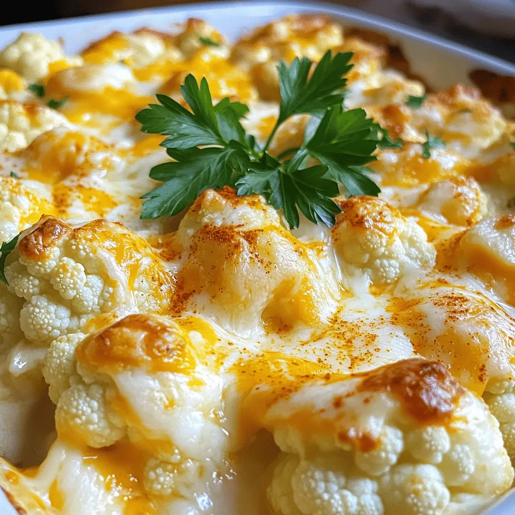 Here’s what you need for your Cheesy Cauliflower Bake. Each ingredient adds to the rich taste. - 1 large head of cauliflower, cut into florets - 1 cup shredded cheddar cheese - 1 cup shredded mozzarella cheese - 1/2 cup cream cheese, softened - 1/2 cup sour cream - 1/4 cup grated Parmesan cheese - 1/4 cup milk - 2 cloves garlic, minced - 1 teaspoon onion powder - 1 teaspoon paprika - Salt and pepper to taste - Fresh parsley, chopped (for garnish) These ingredients blend well to create a creamy and cheesy dish. The cauliflower gives a good base, while the cheeses melt into a rich topping. Don’t skip the garlic; it adds great flavor! If you want to go a bit bolder, you can also try different cheeses. You can find the full recipe and instructions to make this dish perfectly. Enjoy cooking! - Preheat your oven to 375°F (190°C). - Grease a baking dish with non-stick spray or olive oil. - Boil cauliflower florets for 5 minutes until tender. - Drain the cauliflower and set aside. - Mix cream cheese, sour cream, milk, garlic, onion powder, paprika, salt, and pepper until smooth. - Fold in the cooked cauliflower gently. - Transfer the mixture to the baking dish and spread evenly. - Top with cheddar, mozzarella, and Parmesan cheese. - Bake for 25-30 minutes until cheese is bubbly and golden. This recipe is easy to follow and gives you a creamy, cheesy dish that everyone loves. For the full recipe, check out the details above. To get the best texture, make sure your cauliflower is just tender but not mushy. If it gets too soft, it will lose its nice bite. After baking, let the dish rest for a few minutes. This helps the flavors mix and makes serving easier. For a great taste, try using a blend of cheeses. Mixing different types adds depth to the dish. Sharp cheddar is a fantastic choice because it gives a nice kick of flavor that pairs well with the creamy sauce. One common mistake is overcooking the cauliflower in boiling water. This can lead to a soggy bake. Keep an eye on it and aim for just tender. Also, if you notice the cheese starting to burn, cover the dish with foil. This helps to keep it from browning too quickly while it finishes cooking. {{image_2}} You can easily change up the main ingredient. Try using broccoli or Brussels sprouts instead of cauliflower. Both add a nice crunch and flavor. For a lighter dish, swap sour cream with Greek yogurt. This keeps it creamy while cutting down the fat. Want to amp up the taste? Add cooked bacon or pancetta for a savory twist. The crispy bits give a nice contrast to the soft cauliflower. You can also sprinkle in some cayenne pepper. This adds a kick and warms up the dish nicely. If you prefer a vegan option, no worries! Use vegan cheese alternatives instead of regular cheese. Cashew cream or silken tofu works great in place of cream cheese. This keeps the dish creamy and delicious without dairy. Explore these variations to find your favorite way to enjoy Cheesy Cauliflower Bake! Check out the Full Recipe for detailed instructions. After you enjoy your cheesy cauliflower bake, store any leftovers. Use an airtight container to keep it fresh. You can keep it in the refrigerator for up to 4 days. This way, you can enjoy a tasty meal later in the week. Just make sure to let it cool before sealing it up. Want to save it for a longer time? You can freeze portions! Use freezer-safe containers to store them. This dish stays good for up to 3 months in the freezer. When you are ready to eat, just reheat it in the oven or microwave. It’s a simple way to have a comforting meal on hand. For the best results, cover it while reheating to keep it moist. Yes, you can prepare it and refrigerate before baking. You can also bake it and reheat later. This makes it easy for busy days. Just cover it well to keep it fresh. Pair this dish with grilled meats. It also works great as a side with salads. The rich cheese flavor goes well with many meals. Try it with your favorite protein for a complete dinner. You can add jalapeños to the cheese mixture. A dash of hot sauce also adds heat. Adjust to your taste for a fun twist. Spice lovers will enjoy this option! Yes, all ingredients listed are gluten-free. This makes it a great choice for those with gluten sensitivities. Enjoy a delicious meal without worry! This blog post covered how to make a delicious Cheesy Cauliflower Bake. We discussed ingredients, step-by-step instructions, tips, variations, storage, and FAQs. You can easily adapt this dish to your taste and needs. Whether you stick to classic cheese or try a vegan version, it remains a tasty option. Enjoy experimenting and making this dish your own. Happy cooking!