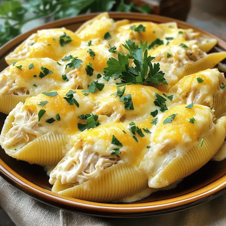 For Chicken Alfredo Stuffed Shells, you need: - 20 large pasta shells - 2 cups cooked chicken breast, shredded - 1 cup ricotta cheese - 1 cup shredded mozzarella cheese, divided - 1/2 cup grated Parmesan cheese - 2 cups Alfredo sauce (store-bought or homemade) - 1 teaspoon garlic powder - 1 teaspoon Italian seasoning - Salt and pepper to taste - Fresh parsley, chopped for garnish These ingredients come together to create a creamy and tasty dish. The combination of chicken, cheese, and Alfredo sauce makes the shells rich and satisfying. You can easily swap some ingredients to fit your needs. If you don't have ricotta cheese, try cottage cheese. It gives a similar texture. For the chicken, you can use rotisserie chicken for quick prep. If you prefer a lighter option, use low-fat cheeses. You can also replace Alfredo sauce with a white sauce if you like. Choosing fresh ingredients is key to great flavor. Look for pasta shells that are intact and not broken. Check chicken for a fresh smell and firm texture. When buying cheese, choose blocks over pre-shredded for better melting. For herbs, pick bright green parsley with no wilting. These small choices make a big difference in your dish. For the full recipe, check the [Full Recipe]. 1. Preheat your oven to 375°F (190°C). 2. Cook the pasta shells as the package says, until they are al dente. Drain them and set aside. 3. Mix the filling: In a bowl, add shredded chicken, ricotta cheese, 1/2 cup of mozzarella, Parmesan cheese, garlic powder, Italian seasoning, salt, and pepper. Stir until mixed well. 4. Spread the sauce: Pour 1 cup of Alfredo sauce on the bottom of a 9x13 inch baking dish. 5. Stuff the shells: Fill each pasta shell with the chicken mix. Place them open side up in the dish. 6. Top it off: Pour the rest of the Alfredo sauce over the stuffed shells. Make sure they are covered. 7. Add cheese: Sprinkle the remaining mozzarella cheese on top. 8. Cover and bake: Use aluminum foil to cover the dish. Make sure it doesn't touch the cheese. Bake for 20 minutes. 9. Uncover and finish: Take off the foil and bake for another 10-15 minutes until the cheese is melted and bubbly. 10. Cool and garnish: Remove from the oven. Let it cool a bit before adding fresh parsley on top. - Serve the stuffed shells on warm plates. - Drizzle with more Alfredo sauce if you like. - Add extra chopped parsley for a nice touch. For a visual guide, check out cooking videos online that show how to make Chicken Alfredo Stuffed Shells. Seeing the process can help you understand better. You can find them on popular cooking sites or YouTube. For the full recipe, refer to the [Full Recipe]. To cook your pasta shells, start with a big pot of water. Add a pinch of salt to the water for flavor. Bring the water to a rolling boil. Add the shells and cook them until they are al dente. This means they should still have a bit of bite. Overcooking will make them too soft and hard to stuff. After cooking, drain them and rinse with cool water. This helps stop the cooking process. When you fill the shells, use a small spoon or a piping bag. Fill each shell with your chicken mixture until it is full but not overflowing. Place the shells open side up in your baking dish. This keeps the filling inside. Make sure to space them out a bit. This helps them cook evenly. Pour Alfredo sauce over the shells generously. It adds flavor and keeps them moist. One common mistake is cooking the shells too long. This leads to broken shells that are hard to fill. Another mistake is not draining the shells well. Excess water can make the dish soupy. Always taste your filling before you stuff the shells. This way, you can adjust the seasoning. If you forget to cover the baking dish with foil at first, the cheese can burn. Follow these tips to make your Chicken Alfredo Stuffed Shells perfect every time. For the full recipe, check above. {{image_2}} You can easily make chicken Alfredo stuffed shells vegetarian. Swap the chicken with spinach or mushrooms. Both options add great flavor. Use extra ricotta or cottage cheese for creaminess. You can also add diced bell peppers for a sweet crunch. This way, you keep the dish light and fresh. Want to jazz up your stuffed shells? Try adding vegetables like zucchini, spinach, or broccoli. These veggies cook quickly and taste great. For extra protein, consider cooked shrimp or ground turkey. Just mix them into your filling. This not only boosts nutrition but also adds color and taste. You can change the sauce for a new spin. A marinara or pesto sauce works well. For a spicy kick, try adding red pepper flakes to your sauce. You can also mix in fresh herbs like basil or thyme for more depth. These small changes let you customize your dish to match your taste. For the full recipe, check out the detailed steps included earlier. To keep your Chicken Alfredo stuffed shells fresh, place them in an airtight container. Let them cool to room temperature first. Store them in the fridge for up to three days. Make sure the shells are not touching each other. This helps keep them from drying out. You can also freeze these stuffed shells. For best results, freeze them before baking. Arrange them in a single layer on a baking sheet. Once they are frozen, transfer them to a freezer-safe bag. They will last for about two months in the freezer. Just remember to label the bag with the date. This way, you’ll know when to use them. To reheat your stuffed shells, you can use the oven or the microwave. If using the oven, preheat it to 350°F (175°C). Place the shells in a baking dish and cover with foil. Bake for about 20 minutes, or until heated through. For the microwave, place the shells on a microwave-safe plate. Heat them for one to two minutes, checking every 30 seconds. This prevents overheating. Enjoy your delicious meal again, just as tasty as the first time! Yes, you can make Chicken Alfredo Stuffed Shells ahead of time. Prepare the dish fully, then cover it tightly and refrigerate. You can store it for up to two days. When ready, bake it straight from the fridge. Just add a few extra minutes to the baking time. This makes meal prep easier and saves time on busy nights. You can serve many sides with Chicken Alfredo Stuffed Shells. Here are some great choices: - Garlic bread for a crunchy touch. - A fresh green salad for a light crunch. - Steamed broccoli for a healthy side. - Roasted vegetables for added flavor. These sides balance the richness of the stuffed shells and make a complete meal. Making homemade Alfredo sauce is simple and quick. Here’s how: 1. Melt 1/2 cup of butter in a saucepan over medium heat. 2. Add 1 cup of heavy cream and bring it to a simmer. 3. Stir in 1 cup of grated Parmesan cheese until smooth. 4. Season with salt and pepper to taste. 5. Add minced garlic or Italian seasoning for extra flavor if you like. This sauce is rich and creamy, perfect for your Chicken Alfredo Stuffed Shells. For the full recipe, refer to the earlier section. In this blog post, we explored making delicious stuffed pasta shells. We covered the key ingredients, substitutions, and tips for fresh picks. You learned step-by-step cooking methods, best practices, and common mistakes to avoid. We also shared tasty variations for different diets and options for storing leftovers. Remember, perfect stuffed shells start with good ingredients and careful preparation. Follow these tips, and enjoy your meal with friends and family. Happy cooking!