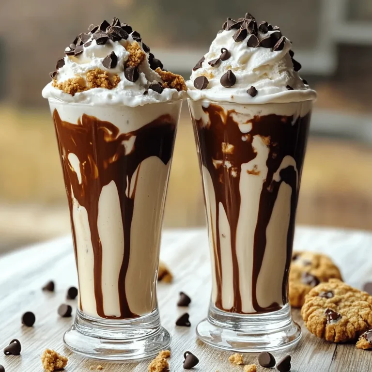 - 2 cups vanilla ice cream - 1 cup milk (whole or almond) - 3-4 chocolate chip cookies - 2 tablespoons chocolate syrup The main ingredients of a Chocolate Chip Cookie Shake make it so rich. First, use two cups of vanilla ice cream. This gives your shake a creamy base. Next, add one cup of milk. You can use whole milk or almond milk for a dairy-free option. The milk helps blend everything smoothly. Then, crumble three to four chocolate chip cookies into the mix. These cookies add both flavor and texture. Finally, stir in two tablespoons of chocolate syrup. This syrup brings sweetness and a deep chocolate taste. - Whipped cream - Extra chocolate chips - Cookie crumbles Garnishes make your shake look and taste even better. You can top your shake with whipped cream. This fluffy layer adds fun and creaminess. For a little crunch, sprinkle extra chocolate chips on top. Cookie crumbles also make a great garnish. They add a nice touch and a bit more cookie goodness. You can get creative with your toppings based on what you love! Check the [Full Recipe] to see all the steps for making this delicious shake. - Step 1: Blend vanilla ice cream and milk Start by adding 2 cups of vanilla ice cream to your blender. Then, pour in 1 cup of milk. You can use whole milk or almond milk for a dairy-free option. Blend these together on medium speed. Keep blending until it is smooth and creamy. - Step 2: Add cookies and chocolate syrup Next, take 3-4 chocolate chip cookies and crumble them into pieces. Add these cookie pieces to the blender along with 2 tablespoons of chocolate syrup. Pulse a few times. You want the cookies to mix in but stay chunky. - Step 3: Adjust sweetness and blend Now, taste your shake. If you want it sweeter, add more chocolate syrup. Blend again briefly to mix in the syrup. This step ensures your shake is just the right level of sweetness. - Step 4: Pour into glasses Carefully pour the shake into tall glasses. Try to fill them evenly so each glass has the same amount. - Step 5: Top with whipped cream Now it’s time for the fun part! Add a generous dollop of whipped cream on top of each shake. This makes it look and taste even better. - Step 6: Garnish and serve Finally, sprinkle some extra chocolate chips or cookie crumbles on top for garnish. It adds a nice touch and makes your shake even more appetizing. Serve it right away, and enjoy this delicious treat! To craft a great shake, start by choosing the right ice cream. I recommend using rich vanilla ice cream. It adds a smooth base that pairs well with cookies. For a fun twist, try using cookie dough ice cream. Next, opt for cold milk. This helps create a thicker shake. You can use whole milk for creaminess or almond milk for a lighter option. The cold milk gives your shake a nice texture. When blending, I suggest using the pulse feature. This allows you to mix the shake without turning it into liquid. You want some cookie chunks to stay intact. If you blend too much, you lose that delightful crunch. Avoid over-blending to maintain the shake's texture. Blend just enough to mix the ingredients well. This keeps your shake creamy yet chunky, just how I like it. Check out the [Full Recipe] for more details on making this delicious treat! {{image_2}} You can easily adapt the Chocolate Chip Cookie Shake for different diets. For a vegan version, swap the vanilla ice cream with a plant-based option. Almond or coconut ice cream works well. Use almond milk instead of whole milk. This way, you'll keep the shake creamy and delicious without dairy. If you need gluten-free cookies, choose brands that use gluten-free flour. Many stores sell tasty gluten-free chocolate chip cookies. Just like with the vegan option, this keeps the shake flavorful and accessible to everyone. Want to mix things up? Try adding different cookies! Oreos are a fun choice. They bring a rich flavor and a twist to the classic shake. Just crumble them into the mix like you do with chocolate chip cookies. You can also add peanut butter for a nutty kick. Just two tablespoons can transform the shake. It adds creaminess and a punch of flavor. You can explore other mix-ins too, like crushed pretzels or even sprinkles. The options are endless! For more ideas, check the Full Recipe and get creative with your shake. If you have leftover shake, store it in an airtight container. This helps keep it fresh. You can put it in the fridge for up to two days. If you want it to last longer, freeze it. It can stay in the freezer for one month. Just remember, the shake may lose some creaminess when thawed. You can use leftover shake in fun ways. Pour it over ice cream for a sundae treat. Mix it into pancake batter for a sweet breakfast twist. You can also make milkshakes using the leftover shake as a base. When freezing shakes, pour them into ice cube trays. This way, you can blend them later for a quick treat. How can I make a dairy-free Chocolate Chip Cookie Shake? You can use almond milk or coconut milk instead of regular milk. Just swap the milk in the recipe. Use coconut or cashew ice cream for a creamy base. This way, you still get that rich taste without dairy. What are the nutritional facts of a Chocolate Chip Cookie Shake? A typical shake has about 600 calories. It can have 30 grams of fat and 75 grams of carbs. The exact numbers depend on the ice cream and milk you use. Check labels for precise info. Can I make this shake without a blender? Yes! You can use a large bowl and a whisk. Crush the cookies by hand. Mix the ice cream and milk in the bowl, then add the cookies and syrup. Stir well until smooth. It may take more effort, but it works! Where can I find the best Chocolate Chip Cookie Shake around me? Look at local ice cream shops or diners. Many places offer this shake. Check online reviews to find the best spot. You can also ask friends for their favorites! Are there healthier alternatives to traditional shakes? Yes! Try using Greek yogurt instead of ice cream. You can add fruits like bananas or strawberries for natural sweetness. This lowers calories and adds nutrients. How can I make my Chocolate Chip Cookie Shake thicker? Use less milk or add more ice cream. You can also freeze the milk for a thicker base. Blending for a shorter time helps keep it chunky too. In this blog post, you learned how to make a delicious Chocolate Chip Cookie Shake. We discussed key ingredients, step-by-step instructions, and helpful tips for the perfect shake. I also covered variations for different diets and ways to store leftovers. Enjoy experimenting with flavors and garnishes. Each shake is a treat, so have fun making it your own. Remember, the best shake is one you love. Get blending and savor every sip!
