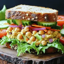 - 1 can (15 oz) chickpeas, rinsed and drained - 2 tablespoons tahini - 2 tablespoons lemon juice - 1 tablespoon Dijon mustard Chickpeas are the star here. They bring a creamy texture and protein. Rinse and drain them well. This helps remove extra sodium. Tahini adds richness. The lemon juice gives a bright flavor. Dijon mustard brings a nice tang. - 1 small red onion, finely chopped - 1 stalk celery, finely diced - 1 carrot, grated - 1 tablespoon fresh dill (or 1 tsp dried dill) - Salt and pepper to taste Next, we add veggies. The red onion gives crunch and color. Celery adds a fresh bite. Grated carrot adds sweetness and extra texture. Dill makes it taste bright and fresh. Don't forget to season with salt and pepper. This brings all the flavors together. - 4 slices of whole grain or gluten-free bread - Lettuce leaves, for serving - Optional: Sliced tomatoes and cucumbers Choose your bread wisely. Whole grain gives fiber. Gluten-free is great for those who need it. Lettuce adds a nice crunch. You can also add sliced tomatoes and cucumbers for extra flavor. They make the sandwich look fresh and colorful. For the full recipe, check the Chickpea Delight Sandwich 🥙. Enjoy making this tasty vegan chickpea salad sandwich! How do you mash the chickpeas for the perfect texture? Start by draining and rinsing the chickpeas. Then, place them in a mixing bowl. Use a fork or potato masher to mash them. Aim for a chunky consistency. Leave some chickpeas whole for a nice texture. This will help the salad stay hearty and satisfying. How do you mix in the tahini, lemon juice, and Dijon mustard? Add two tablespoons of tahini to the mashed chickpeas. Next, squeeze in two tablespoons of lemon juice. Then, add one tablespoon of Dijon mustard. Mix them all together well. You want to ensure every chickpea is coated. The tahini adds creaminess, while lemon juice gives a fresh zing. How do you stir in chopped veggies and season the mixture? Now it’s time to add some color and crunch! Chop one small red onion, one stalk of celery, and grate one carrot. Add these veggies to the chickpea mix. Then, stir in one tablespoon of chopped fresh dill. Make sure everything is evenly mixed. Season with salt and pepper to taste. How can you adjust the flavors to your preference? Taste your mixture. If you want it tangier, add more lemon juice. For a creamier texture, add a bit more tahini. You can play around with the seasoning until it feels just right for you. What are some ideas for toasting the bread? You can lightly toast the bread in a toaster or on a skillet. A little browning adds nice flavor and texture. Use four slices of whole grain or gluten-free bread for this step. Toasting is optional, but it can make your sandwich even better. What is the step-by-step layering of the chickpea mixture and garnishes? Take two slices of toasted bread. Spread a generous scoop of the chickpea mixture on each slice. Then, add fresh lettuce leaves. If you like, top with sliced tomatoes and cucumbers for extra crunch. Place the remaining slices of bread on top. You can slice the sandwiches in half to serve. Enjoy your delicious Vegan Chickpea Salad Sandwich! For the complete recipe, check the Full Recipe section. To make a chunky yet creamy chickpea salad, start by mashing the chickpeas. Use a fork or potato masher. You want some whole chickpeas for texture. This gives your salad a nice mouthfeel. When mixing in the tahini, lemon juice, and Dijon mustard, be quick. This helps the flavors blend better. Letting it sit for a few minutes before serving enhances the taste. Pair your sandwich with crunchy veggie sticks or a side salad. These add color and crunch. You can also include potato chips for a fun twist. For presentation, serve your sandwich on a wooden board. Add a sprig of dill on top. This makes it look more appealing. You can also arrange veggie sticks beside the sandwich for a colorful display. Chickpeas are packed with protein and fiber. They keep you full longer and are great for digestion. Plus, they are low in fat, making this sandwich a healthy choice. This sandwich is a tasty plant-based option. It has no meat but still gives you plenty of nutrients. You can enjoy it guilt-free while still getting all the good stuff your body needs. {{image_2}} You can swap tahini with other spreads like hummus or avocado. This keeps it creamy and adds new tastes. If you want to change up the veggies, try adding diced bell peppers or shredded cabbage. Fresh herbs like cilantro or chives can also brighten your sandwich. With these swaps, you can make the dish your own. To boost flavor, consider adding spices. A pinch of cumin or paprika can give the salad a warm kick. If you like it spicy, add a dash of hot sauce or some chopped jalapeños. For a zesty touch, mix in a splash of vinegar or more lemon juice. These small tweaks make a big difference in taste. If you're gluten-free, use gluten-free bread to make your sandwich. For a rich flavor, try vegan cheese slices or cream cheese. These options keep the meal tasty and satisfying. You can enjoy your sandwich while sticking to dietary needs, showing how flexible this recipe is. To keep your chickpea salad fresh, store it in an airtight container. This helps lock in flavor and moisture. You can keep it in the fridge for about 3 to 5 days. Always check for any off smells or changes in texture before eating. If you notice any, it's best to toss it. You can freeze chickpea salad, but it may change the texture. To freeze, place the salad in a freezer-safe container. Leave some space for expansion. To thaw, move it to the fridge overnight. When ready to eat, mix well again. Add fresh ingredients like herbs or lettuce for a tasty touch. Making the salad ahead saves time. You can prepare it 1 to 2 days in advance. Store it in individual containers for grab-and-go meals. For sandwiches, pack the chickpea salad and bread separately. This prevents the bread from getting soggy. Use whole grain or gluten-free containers for easy storage. What can I substitute for chickpeas? You can use white beans or lentils instead of chickpeas. Both options work well. They will give you a creamy texture. Try to mash them the same way. Is this recipe gluten-free? Yes, this recipe can be gluten-free. Just choose gluten-free bread. The chickpea salad itself is naturally gluten-free. How can I make this sandwich spicier? Add chopped jalapeños or a dash of hot sauce. You can also mix in cayenne pepper for extra heat. Can I use mayonnaise instead of tahini? Yes, you can use mayonnaise. It will give a creamy taste but change the flavor a bit. How many calories are in a vegan chickpea salad sandwich? A typical sandwich has about 300 calories. This depends on the bread and extra toppings you choose. What are the protein content and benefits of using chickpeas? Chickpeas are packed with protein. A serving of chickpeas has about 15 grams of protein. They also provide fiber and essential vitamins, making them a healthy choice. In this blog post, we explored how to make a tasty vegan chickpea salad sandwich. We covered the key ingredients, from chickpeas and tahini to fresh veggies. I shared easy steps for preparation, tips for serving, and options for meal prep and storage. This sandwich is nutritious and delicious. You can easily customize it to your taste. Enjoy making this simple, healthy meal that everyone will love!