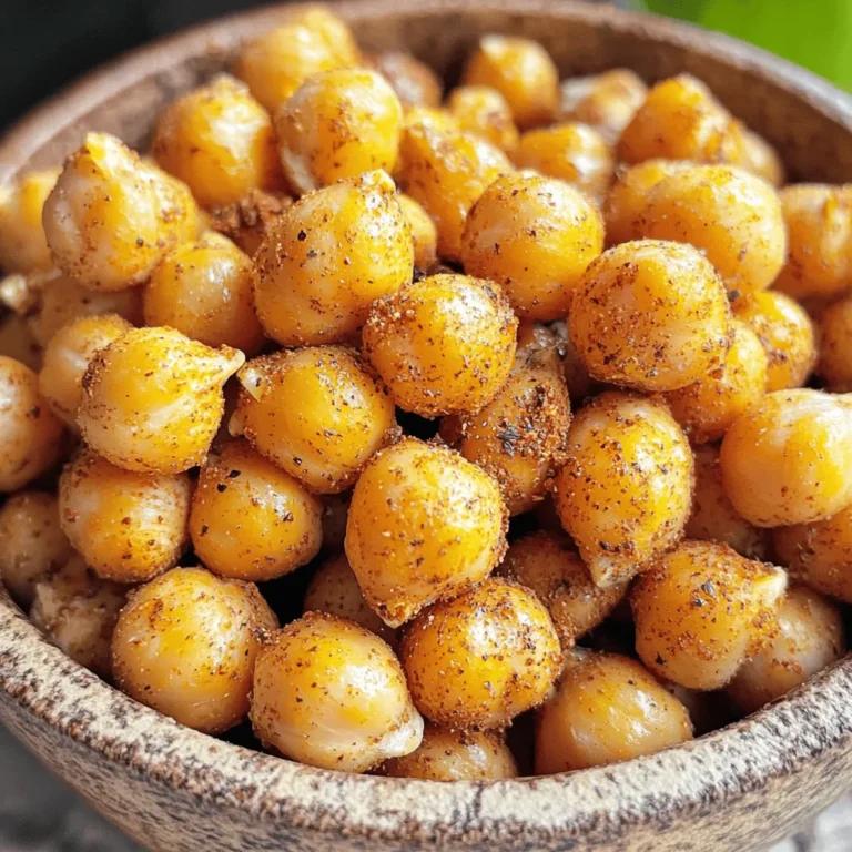 - 1 can (15 oz) chickpeas - 1 tablespoon olive oil - 1 teaspoon garlic powder - 1 teaspoon smoked paprika - ½ teaspoon ground cumin - ½ teaspoon chili powder - Salt to taste - Freshly cracked black pepper to taste - You can add more spices like cayenne pepper for heat. - Fresh herbs like parsley or cilantro add a nice touch. - Zesty flavors from lemon or lime juice brighten the dish. Chickpeas are packed with protein. One serving gives you a good amount of fiber too. Olive oil is full of healthy fats that can help your heart. Air frying uses less oil than deep-frying, so it’s a healthier choice. You still get that crunchy texture, which is key for snacking. Enjoy these crispy air fryer chickpeas as a tasty treat that also fuels your body! For the full recipe, check out the detailed instructions above. Preheating the air fryer Start by preheating your air fryer to 400°F (200°C). This step is key for getting your chickpeas crispy. Drying chickpeas for optimal crispiness Next, take your chickpeas from the can and drain them. Rinse them under cool water. Then, use a clean kitchen towel or paper towels to pat them dry. The drier they are, the crispier they'll become. Seasoning the chickpeas In a mixing bowl, toss the dried chickpeas with 1 tablespoon of olive oil. Make sure they are well-coated. Now, add the seasonings: 1 teaspoon garlic powder, 1 teaspoon smoked paprika, ½ teaspoon ground cumin, and ½ teaspoon chili powder. Finish with salt and freshly cracked black pepper to taste. Mix well so every chickpea is seasoned nicely. Air frying process Place the seasoned chickpeas in the air fryer basket. Spread them out in a single layer. This helps ensure even cooking. Shaking the basket technique Set your air fryer to cook for 15-20 minutes. Halfway through, shake the basket. This keeps the chickpeas moving and helps them crisp up all around. Checking for doneness After 15 minutes, check your chickpeas. They should be golden brown and crunchy. If they need more time, cook them for a few extra minutes. Creative ways to enjoy crispy chickpeas You can enjoy these crispy chickpeas as a snack. They are perfect for munching on while watching a movie. Pairing with dips or spreads Try serving them with hummus or yogurt dip. They add a nice crunch and flavor to your dips. Adding to salads or soups You can also sprinkle them on salads or soups. They add texture and make your meal more filling. For the full recipe, refer to the main section. To get the best crispiness from your chickpeas, start by drying them well. After rinsing, use a clean towel to pat them dry. Moisture is the enemy of crunch. Set your air fryer to 400°F (200°C). This high heat helps crisp them up quickly. Cook for 15 to 20 minutes. A shorter time may leave them soggy. One big mistake is overcrowding the basket. If you pile in too many chickpeas, they won’t cook evenly. Always spread them out in a single layer. Another mistake is not shaking the basket. Shaking helps them cook evenly. Do this halfway through cooking to ensure all sides get crispy. Spices can take your chickpeas to the next level. Try adding cayenne for heat or lemon zest for brightness. Experiment until you find your perfect mix. Marinating your chickpeas before cooking also boosts flavor. Let them soak in your spice mix and oil for at least 30 minutes. This step makes each bite packed with taste. For the full recipe, check out the detailed steps to make these flavorful crisps! {{image_2}} You can change the flavor of your crispy air fryer chickpeas easily. For a spicy kick, add cayenne pepper or drizzle sriracha over the chickpeas. Just mix in one teaspoon of cayenne or a tablespoon of sriracha with the other seasonings. This will make your snack fiery and fun. If you prefer herbal flavors, try using fresh rosemary or thyme. Chop the herbs finely and mix them in with the chickpeas. The earthy taste will create a nice balance. Both options keep the dish fresh and exciting. These chickpeas fit many diets. They are vegan and gluten-free right from the start. You can enjoy them without worry. If you want to lower the salt, try using low-sodium seasoning. This way, you can control the salt content while still enjoying the taste. Don't stop at chickpeas! You can try other legumes too. For example, black beans work well in the air fryer. Just rinse and dry them like chickpeas. Season them and cook for about 15 to 20 minutes. You can also cook lentils in the air fryer. Use red lentils for a fun twist. Just make sure to adjust the cooking time since they cook faster than chickpeas. For more flavor ideas, check out the Full Recipe. Enjoy your crunchy snacks! After cooking your crispy air fryer chickpeas, let them cool. This step is key. If you store them warm, they might get soggy. Once cool, place them in air-tight containers. This helps keep them fresh. You want to avoid moisture that can ruin their crispiness. Crispy chickpeas taste best within a week. Store them properly, and they stay crunchy. If they smell off or feel soft, it’s time to toss them. You want to enjoy them at their best! To keep your chickpeas crispy, reheating is an art. The air fryer is perfect for this. Set it to 350°F (175°C) and heat for about 5 minutes. Check them often to avoid burning. This method revives their crunch, making them just as tasty as when they were fresh. Yes, you can use dried chickpeas. First, soak them overnight in water. This softens them and helps them cook faster. After soaking, boil them until tender. This may take about one hour. Then, drain and dry them well before air frying. The dried chickpeas will need more time in the air fryer than canned ones. Expect to cook them for about 25 to 30 minutes. Keep checking for doneness, shaking the basket every few minutes for even cooking. To add spice, use cayenne pepper or chili flakes to your seasoning mix. Start with a small amount, about ¼ teaspoon, and taste as you go. You can also drizzle hot sauce over the chickpeas after cooking for a fresh kick. Another option is to mix in some sriracha with the olive oil before tossing the chickpeas. This adds flavor and heat. Adjust the spice level to suit your taste. Air frying is a healthier option than traditional frying. It uses less oil, which cuts down on calories and fat. This method keeps the crispy texture while reducing unhealthy fats. Air frying also helps lock in nutrients, making your food more nutritious. With air frying, you can enjoy your favorite snacks without the guilt! Crispy chickpeas are easy to make and fun to eat. You start with simple, healthy ingredients like chickpeas and olive oil, adding your choice of spices. Air frying gives them a perfect crunch. Remember to dry your chickpeas for the best texture and avoid overcrowding. You can try different flavor options and even other legumes. Store any leftovers in an airtight container. Enjoy these crispy snacks solo or as part of meals. With practice, you'll master the art of making flavorful, healthy snacks. Give it a go!