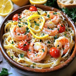 - 8 oz linguine or spaghetti - 1 lb shrimp, peeled and deveined - 4 cloves garlic, minced - 1 lemon, zested and juiced - 1/4 cup olive oil - 1/4 teaspoon red pepper flakes (optional) - 1/2 cup cherry tomatoes, halved - 1/4 cup fresh parsley, chopped - Salt and pepper to taste - Grated Parmesan cheese (for serving) The base of this dish features simple yet bold flavors. You'll need linguine or spaghetti for that perfect pasta bite. Shrimp is the star here, so choose fresh or well-thawed shrimp to get the best taste. Garlic adds a lovely aroma and depth, while lemon brings brightness. For a touch of heat, add red pepper flakes if you like a kick. Cherry tomatoes add sweetness and color. Fresh parsley brings in a pop of green, making the dish visually appealing. Lastly, a sprinkle of Parmesan cheese adds creaminess and a savory note. This Lemon Garlic Shrimp Pasta is not just easy to make; it’s also packed with flavor. You can find the full recipe for detailed steps. Happy cooking! - Bring salted water to a boil. - Cook the linguine or spaghetti to al dente. I like to use a large pot for boiling pasta. Salt the water to add flavor. When it boils, add your pasta. Stir it a bit so it doesn't stick. Check the package for cooking time. Al dente means it should be firm but not hard. This keeps the pasta from getting mushy later. - Heat olive oil in a skillet. - Add minced garlic and red pepper flakes. Next, grab a skillet and heat olive oil over medium heat. I love using good-quality olive oil for the best taste. Add minced garlic and red pepper flakes. Sauté for about one to two minutes. The garlic should smell great but not brown. You want it fragrant, not burnt. - Add shrimp to the skillet. - Season and cook until pink and opaque. Now, it’s time for the shrimp. Add them to the skillet. Cook for about two to three minutes on each side. They will turn pink and opaque when done. Season with salt and pepper to taste. This step makes your dish really pop with flavor. - Toss pasta with shrimp, lemon juice, lemon zest, and tomatoes. - Adjust consistency with reserved pasta water. Once the shrimp is ready, add the cooked pasta. Pour in the lemon juice and lemon zest. Toss everything gently in the skillet. I also like to add cherry tomatoes for color and taste. If it seems too dry, add some reserved pasta water. This will help the sauce cling to everything nicely. - Stir in chopped parsley. - Season to taste before serving. Finally, take the skillet off the heat. Stir in chopped parsley for a fresh touch. Taste the dish and adjust the seasoning if you need to. This is where you can make it just right for you. Serve it hot, and enjoy your Lemon Garlic Shrimp Pasta! For the full recipe, check out the earlier section. To cook shrimp just right, time is key. I usually cook shrimp for about 2-3 minutes on each side. This gives them a nice, tender texture. Watch closely as they change color. Shrimp should turn pink and opaque when done. If they look gray or feel tough, they need more time. Always reserve some pasta water! This water is starchy and helps bind the sauce. It adds creaminess to your dish. I recommend saving about 1/2 cup of it before you drain the pasta. Cooking pasta al dente is crucial, too. It means the pasta should be firm to the bite. Follow the package instructions and taste it a minute or two before the time is up. For a beautiful finish, garnish your dish with fresh parsley and lemon slices. It adds color and freshness. You can also sprinkle some grated Parmesan on top for extra flavor. Pair Lemon Garlic Shrimp Pasta with a side of crusty bread. This makes for a complete meal. You can find the Full Recipe for all the steps and more tips! {{image_2}} If you want to switch things up, you can replace shrimp with other proteins. Chicken works well. Simply cut it into small pieces and cook until golden. Tofu is another great choice for a plant-based option. Use firm tofu and sauté it until crispy. For those needing gluten-free options, try gluten-free pasta. Many brands offer pasta made from rice, quinoa, or lentils. These alternatives cook nicely and still taste great with the lemon and garlic sauce. To add more depth to your dish, consider different herbs. Fresh basil can brighten the flavor. Thyme also adds a nice touch; it pairs well with shrimp. You can even mix herbs for a unique taste. If you like some heat, try adding more red pepper flakes. You can also use crushed red pepper or even a dash of cayenne pepper. This will spice up the dish and bring out the flavors even more. This dish goes well with sides or salads. A fresh green salad with vinaigrette can balance the meal. You can also serve garlic bread on the side for a comforting touch. For leftovers, get creative! Try mixing the pasta with fresh vegetables for a quick lunch. You can also make it into a pasta salad by adding some olives and feta cheese. Enjoy the flavors in new ways! To keep your Lemon Garlic Shrimp Pasta fresh, let it cool first. Place it in a container with a tight lid. Use glass or BPA-free plastic containers for the best results. Store it in the fridge for up to three days. This way, the flavors will stay nice and strong. When it's time to enjoy leftovers, you can reheat shrimp pasta safely. Use a microwave or a skillet. If using the microwave, cover the dish with a damp paper towel. This helps keep the pasta moist. For a skillet, add a splash of olive oil or water to prevent sticking. Heat it on low and stir. Be careful not to overcook the shrimp. They should be warm, not rubbery. Yes, you can freeze Lemon Garlic Shrimp Pasta! First, let it cool completely. Then, pack it in an airtight container or a zip-top bag. Make sure to push out any extra air. You can freeze it for up to two months. When you’re ready to eat, thaw it in the fridge overnight. To reheat, follow the same tips mentioned above. Enjoy your meal anytime! Check out the Full Recipe for more tips. For Lemon Garlic Shrimp Pasta, I recommend medium to large shrimp. Sizes like 21/25 or 16/20 work well. These sizes have enough meat for great flavor. Fresh shrimp is best, but frozen works too. When you buy shrimp, look for ones that smell like the sea. Avoid shrimp with a strong fishy smell. Yes, you can prepare Lemon Garlic Shrimp Pasta in advance. Cook the pasta and shrimp separately. Store them in the fridge. Keep the sauce separate to prevent sogginess. When ready to eat, just reheat everything together. Use low heat and add a splash of water if needed. Yes, this recipe is very flexible. For a vegan option, use tofu or chickpeas instead of shrimp. Swap the pasta for gluten-free options like rice noodles. For paleo, stick with zucchini noodles. Just avoid any ingredients that don’t fit your diet. Always check labels for hidden gluten or dairy. Use fresh garlic and lemon juice for the best taste. Fresh herbs, like parsley, add brightness. If you use dried herbs, make sure they are fresh too. They lose flavor over time. Try to cook the shrimp just until pink. This keeps them juicy and tender. Yes, frozen shrimp can work well. Thaw them overnight in the fridge or run under cold water. Pat them dry before cooking. This helps the shrimp cook evenly. Remember to season them well. Frozen shrimp can sometimes be less flavorful, so seasoning is key. Lemon garlic shrimp pasta is quick and tasty. You need simple ingredients like shrimp, pasta, and garlic. Following the steps makes it easy to cook perfectly. Use tips for the best flavor and texture. Don't forget about storage and reheating methods to enjoy leftovers. This dish is flexible, with options for different ingredients and flavors. No matter how you make it, this pasta shines on the table. Try it today, and make your meal special!