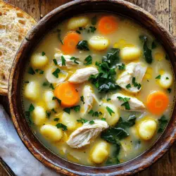 - 1 pound boneless, skinless chicken breast - 1 package (16 oz) gnocchi - 6 cups chicken broth - 1 medium onion, diced - 3 medium carrots, sliced - 3 stalks celery, sliced - 2 cloves garlic, minced - Fresh spinach, chopped - Dried thyme and oregano - 1 tablespoon olive oil - 1 cup half-and-half (or heavy cream) - Salt and pepper to taste When I make chicken and gnocchi soup, I focus on fresh, simple ingredients. The chicken gives a hearty base. I like using boneless, skinless chicken breast for a leaner option. You can cook it quickly and it stays tender. Gnocchi adds a lovely texture. You can buy it at the store or make your own if you feel adventurous. The fluffy pillows of potato dough soak up all the flavors. Chicken broth is essential. It provides rich taste and depth to the soup. I always choose low-sodium broth. This way, I control the salt content better. Next, I love adding vegetables. Onion, carrots, and celery create a classic mirepoix. They add sweetness and crunch. Garlic gives a punch of flavor. Fresh spinach adds color and nutrition. Herbs like thyme and oregano bring warmth. They remind me of cozy meals on chilly nights. Finally, I use olive oil for cooking. It adds a nice richness. Half-and-half or heavy cream makes the soup creamy and smooth. Adjust salt and pepper to taste for your perfect flavor balance. You can find the full recipe for this hearty chicken and gnocchi soup in the article. Enjoy creating a bowl of comfort! - First, heat 1 tablespoon of olive oil in a large pot over medium heat. - Add 1 pound of diced chicken breast and cook it until it turns golden brown. This should take about 5-7 minutes. - Once cooked, remove the chicken from the pot and set it aside for later use. - In the same pot, add 1 medium diced onion, 2 minced garlic cloves, 3 sliced carrots, and 3 sliced celery stalks. - Sauté the veggies for about 5 minutes, until they start to soften. - Next, pour in 6 cups of chicken broth and bring it to a boil. - Now, add 1 teaspoon of dried thyme and 1 teaspoon of dried oregano. Season with salt and pepper to taste. - Reduce the heat and let the soup simmer for about 10 minutes. - Stir in 1 package (16 oz) of gnocchi and cook them according to the package instructions, usually around 3-5 minutes until they float. - Lower the heat, then stir in 1 cup of half-and-half and 2 cups of chopped spinach. Cook for an additional 2-3 minutes until the spinach wilts. - Finally, return the cooked chicken to the pot and stir to combine everything. Adjust seasoning if needed. You can find the full recipe above for a deeper dive into each step! To brown the chicken well, heat your olive oil first. Then, add the diced chicken. Cook it for about 5 to 7 minutes until it turns a nice golden brown. This step adds great flavor to your soup. To avoid overcooking the gnocchi, keep an eye on them. Gnocchi cooks quickly, usually just 3 to 5 minutes. They are done when they float to the top. If you cook them too long, they can get mushy. For extra flavor, add herbs like fresh basil or rosemary. You can also try spices like paprika or red pepper flakes. These will give your soup a nice kick. To adjust the creaminess of the soup, you can use more or less half-and-half. If you want it richer, add more cream. If you prefer a lighter soup, use less cream or add more broth. Garnish your soup with fresh parsley right before serving. This adds color and a fresh taste. You can also add a squeeze of lemon for brightness. Serve your soup with crusty bread on the side. It’s perfect for dipping and makes the meal more filling. Enjoy this hearty chicken and gnocchi soup with a slice of bread for the best experience. For the full recipe, check out the complete guide. {{image_2}} You can switch chicken for turkey or tofu. Turkey gives a similar taste and texture. Tofu is a great option for a plant-based meal. It absorbs flavors well, making it a tasty choice. If you need gluten-free gnocchi, look for brands made from rice or potatoes. These alternatives keep the soup hearty and satisfying. You can also make your own gnocchi at home. Use gluten-free flour for a fun cooking project. Adding different veggies can change the taste of your soup. Try mushrooms for a rich flavor or kale for a healthy twist. Both add texture and nutrients to the dish. You can even add corn or peas for a touch of sweetness. You can also switch the broth. Using vegetable broth gives a lighter taste. For a richer flavor, use homemade chicken broth or beef broth. Each option brings a new layer of taste to the soup. To give a nod to Italian cuisine, you can add Italian seasonings. Try basil, rosemary, or even a pinch of red pepper flakes. These spices deepen the flavors and make the soup feel more authentic. You can also draw inspiration from classic chicken soup recipes. Add a squeeze of lemon for brightness. This twist can lift the flavors and make each bowl feel special. For the full recipe, check out the detailed instructions above. Enjoy the endless options to make this soup your own! To store leftovers, let the soup cool down first. Then, place it in an airtight container. This keeps the soup fresh and tasty. You can store it in the fridge for up to four days. After that, the flavors may fade, and it might not taste as good. If you want to keep your soup longer, freezing is a great option. Pour the cooled soup into freezer-safe containers. Leave some space at the top for expansion. You can freeze the soup for up to three months. When you are ready to eat it, thaw it overnight in the fridge. To reheat, warm it on the stove over low heat. Stir often to avoid burning. You can get creative with leftover soup! Try using it as a sauce for pasta or in a casserole. If you want to keep the gnocchi fresh, store it separately. This helps avoid mushiness. You can also add fresh veggies or protein to it later. The options are endless, and you can enjoy a new meal each time! To make Chicken and Gnocchi Soup from scratch, start with fresh ingredients. Heat olive oil in a large pot over medium heat. Cook diced chicken until it turns brown. Remove the chicken and set it aside. In the same pot, add diced onion, minced garlic, sliced carrots, and celery. Sauté until they soften. Pour in chicken broth and bring it to a boil. Add thyme, oregano, salt, and pepper. Let it simmer for about 10 minutes. Next, stir in the gnocchi and cook until they float. Lower the heat and mix in half-and-half and fresh spinach. Finally, return the chicken to the pot, stir, and serve warm. You can find the Full Recipe for detailed steps. Yes, you can use homemade gnocchi! Making your own gnocchi can boost the flavor and texture. Homemade gnocchi has a light and fluffy feel, making your soup even better. You can control the ingredients, ensuring they are fresh and healthy. Plus, it’s a fun cooking project that can impress your family and friends. Store-bought gnocchi saves time, but homemade offers a special touch. Chicken and Gnocchi Soup can be a healthy meal choice. It is packed with protein from chicken and vitamins from vegetables. The spinach adds iron and extra nutrients. A serving can have around 250 calories, depending on the cream used. If you want a lighter version, try using less cream or substituting it with low-fat milk. You can also add more vegetables to boost fiber. This soup can fit into many healthy eating plans while still being tasty and filling. This blog post covered how to make a delicious Chicken and Gnocchi Soup. You learned about the key ingredients, step-by-step cooking instructions, and helpful tips. We also discussed variations to suit different tastes and storage tips for leftovers. With these insights, you can create a comforting meal that warms the heart. Enjoy your cooking journey and the tasty soup you make!