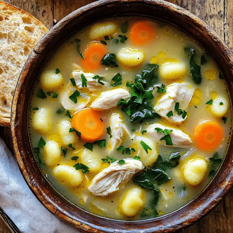 - 1 pound boneless, skinless chicken breast - 1 package (16 oz) gnocchi - 6 cups chicken broth - 1 medium onion, diced - 3 medium carrots, sliced - 3 stalks celery, sliced - 2 cloves garlic, minced - Fresh spinach, chopped - Dried thyme and oregano - 1 tablespoon olive oil - 1 cup half-and-half (or heavy cream) - Salt and pepper to taste When I make chicken and gnocchi soup, I focus on fresh, simple ingredients. The chicken gives a hearty base. I like using boneless, skinless chicken breast for a leaner option. You can cook it quickly and it stays tender. Gnocchi adds a lovely texture. You can buy it at the store or make your own if you feel adventurous. The fluffy pillows of potato dough soak up all the flavors. Chicken broth is essential. It provides rich taste and depth to the soup. I always choose low-sodium broth. This way, I control the salt content better. Next, I love adding vegetables. Onion, carrots, and celery create a classic mirepoix. They add sweetness and crunch. Garlic gives a punch of flavor. Fresh spinach adds color and nutrition. Herbs like thyme and oregano bring warmth. They remind me of cozy meals on chilly nights. Finally, I use olive oil for cooking. It adds a nice richness. Half-and-half or heavy cream makes the soup creamy and smooth. Adjust salt and pepper to taste for your perfect flavor balance. You can find the full recipe for this hearty chicken and gnocchi soup in the article. Enjoy creating a bowl of comfort! - First, heat 1 tablespoon of olive oil in a large pot over medium heat. - Add 1 pound of diced chicken breast and cook it until it turns golden brown. This should take about 5-7 minutes. - Once cooked, remove the chicken from the pot and set it aside for later use. - In the same pot, add 1 medium diced onion, 2 minced garlic cloves, 3 sliced carrots, and 3 sliced celery stalks. - Sauté the veggies for about 5 minutes, until they start to soften. - Next, pour in 6 cups of chicken broth and bring it to a boil. - Now, add 1 teaspoon of dried thyme and 1 teaspoon of dried oregano. Season with salt and pepper to taste. - Reduce the heat and let the soup simmer for about 10 minutes. - Stir in 1 package (16 oz) of gnocchi and cook them according to the package instructions, usually around 3-5 minutes until they float. - Lower the heat, then stir in 1 cup of half-and-half and 2 cups of chopped spinach. Cook for an additional 2-3 minutes until the spinach wilts. - Finally, return the cooked chicken to the pot and stir to combine everything. Adjust seasoning if needed. You can find the full recipe above for a deeper dive into each step! To brown the chicken well, heat your olive oil first. Then, add the diced chicken. Cook it for about 5 to 7 minutes until it turns a nice golden brown. This step adds great flavor to your soup. To avoid overcooking the gnocchi, keep an eye on them. Gnocchi cooks quickly, usually just 3 to 5 minutes. They are done when they float to the top. If you cook them too long, they can get mushy. For extra flavor, add herbs like fresh basil or rosemary. You can also try spices like paprika or red pepper flakes. These will give your soup a nice kick. To adjust the creaminess of the soup, you can use more or less half-and-half. If you want it richer, add more cream. If you prefer a lighter soup, use less cream or add more broth. Garnish your soup with fresh parsley right before serving. This adds color and a fresh taste. You can also add a squeeze of lemon for brightness. Serve your soup with crusty bread on the side. It’s perfect for dipping and makes the meal more filling. Enjoy this hearty chicken and gnocchi soup with a slice of bread for the best experience. For the full recipe, check out the complete guide. {{image_2}} You can switch chicken for turkey or tofu. Turkey gives a similar taste and texture. Tofu is a great option for a plant-based meal. It absorbs flavors well, making it a tasty choice. If you need gluten-free gnocchi, look for brands made from rice or potatoes. These alternatives keep the soup hearty and satisfying. You can also make your own gnocchi at home. Use gluten-free flour for a fun cooking project. Adding different veggies can change the taste of your soup. Try mushrooms for a rich flavor or kale for a healthy twist. Both add texture and nutrients to the dish. You can even add corn or peas for a touch of sweetness. You can also switch the broth. Using vegetable broth gives a lighter taste. For a richer flavor, use homemade chicken broth or beef broth. Each option brings a new layer of taste to the soup. To give a nod to Italian cuisine, you can add Italian seasonings. Try basil, rosemary, or even a pinch of red pepper flakes. These spices deepen the flavors and make the soup feel more authentic. You can also draw inspiration from classic chicken soup recipes. Add a squeeze of lemon for brightness. This twist can lift the flavors and make each bowl feel special. For the full recipe, check out the detailed instructions above. Enjoy the endless options to make this soup your own! To store leftovers, let the soup cool down first. Then, place it in an airtight container. This keeps the soup fresh and tasty. You can store it in the fridge for up to four days. After that, the flavors may fade, and it might not taste as good. If you want to keep your soup longer, freezing is a great option. Pour the cooled soup into freezer-safe containers. Leave some space at the top for expansion. You can freeze the soup for up to three months. When you are ready to eat it, thaw it overnight in the fridge. To reheat, warm it on the stove over low heat. Stir often to avoid burning. You can get creative with leftover soup! Try using it as a sauce for pasta or in a casserole. If you want to keep the gnocchi fresh, store it separately. This helps avoid mushiness. You can also add fresh veggies or protein to it later. The options are endless, and you can enjoy a new meal each time! To make Chicken and Gnocchi Soup from scratch, start with fresh ingredients. Heat olive oil in a large pot over medium heat. Cook diced chicken until it turns brown. Remove the chicken and set it aside. In the same pot, add diced onion, minced garlic, sliced carrots, and celery. Sauté until they soften. Pour in chicken broth and bring it to a boil. Add thyme, oregano, salt, and pepper. Let it simmer for about 10 minutes. Next, stir in the gnocchi and cook until they float. Lower the heat and mix in half-and-half and fresh spinach. Finally, return the chicken to the pot, stir, and serve warm. You can find the Full Recipe for detailed steps. Yes, you can use homemade gnocchi! Making your own gnocchi can boost the flavor and texture. Homemade gnocchi has a light and fluffy feel, making your soup even better. You can control the ingredients, ensuring they are fresh and healthy. Plus, it’s a fun cooking project that can impress your family and friends. Store-bought gnocchi saves time, but homemade offers a special touch. Chicken and Gnocchi Soup can be a healthy meal choice. It is packed with protein from chicken and vitamins from vegetables. The spinach adds iron and extra nutrients. A serving can have around 250 calories, depending on the cream used. If you want a lighter version, try using less cream or substituting it with low-fat milk. You can also add more vegetables to boost fiber. This soup can fit into many healthy eating plans while still being tasty and filling. This blog post covered how to make a delicious Chicken and Gnocchi Soup. You learned about the key ingredients, step-by-step cooking instructions, and helpful tips. We also discussed variations to suit different tastes and storage tips for leftovers. With these insights, you can create a comforting meal that warms the heart. Enjoy your cooking journey and the tasty soup you make!