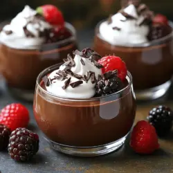 To make a classic chocolate mousse, you need the following ingredients: - 200g dark chocolate (70% cocoa), chopped - 3 large eggs, separated - 50g granulated sugar - 1 teaspoon vanilla extract - 1 cup heavy whipping cream - A pinch of salt - Dark chocolate shavings or fresh berries, for garnish If you need to substitute, here are some easy swaps: - Use milk chocolate instead of dark chocolate for a sweeter mousse. - Replace eggs with silken tofu for a vegan option. - Use coconut cream instead of heavy cream for a dairy-free mousse. - If you don’t have granulated sugar, try brown sugar for a richer flavor. Accurate measuring makes a big difference in baking. Use a kitchen scale for chocolate. This ensures you have the right amount. For eggs, it’s best to separate them cold. Cold egg whites whip better. Remember to use a clean bowl for whipping. Any fat can stop the egg whites from whipping up nicely. When melting chocolate, use a double boiler. Stir gently to avoid burning. Let it cool slightly before mixing it with the eggs. This helps keep the mousse light and fluffy. For the cream, whip it until soft peaks form. Avoid over-whipping, as it can turn grainy. Follow these tips, and you’ll create a perfect mousse. For the full recipe, refer back to the main section. 1. Melt the Chocolate: Start by placing the chopped dark chocolate in a heatproof bowl. Set this bowl over a pot with simmering water. Stir the chocolate until it melts smoothly. Remove it from the heat and let it cool slightly. 2. Whip Egg Whites: In a clean bowl, add the egg whites. Whisk them with a pinch of salt until you see soft peaks. Slowly add half the sugar while whisking. Keep going until you achieve stiff peaks. Set this aside. 3. Mix Egg Yolks: In another bowl, beat the egg yolks with the remaining sugar and vanilla extract. Keep mixing until the mixture is pale and creamy. Now, gently fold in the melted chocolate until smooth. 4. Whip Cream: In a different bowl, whip the heavy cream until soft peaks form. Carefully fold this whipped cream into the chocolate mixture. Do this gently to keep the air in the cream. 5. Combine Mixtures: Now, gently fold the whipped egg whites into the chocolate mix in three parts. This keeps the mousse light and fluffy. 6. Spoon into Cups: Once everything is combined, spoon or pipe the mousse into individual cups or bowls. 7. Chill: Finally, refrigerate the mousse for at least 2 hours, or until it sets. - Melting Chocolate: Use a double boiler to melt chocolate. This prevents burning and ensures a smooth finish. Stir constantly for even melting. - Whipping Egg Whites: Make sure your bowl is clean. Any fat can mess up the peaks. Whisk until soft peaks form before adding sugar. - Folding: When folding in whipped cream and egg whites, use a gentle motion. This keeps air bubbles and gives the mousse its light texture. - Melting Chocolate: It takes about 5-10 minutes for the chocolate to melt completely over simmering water. Keep an eye on it to avoid overheating. - Whipping Egg Whites: This should take about 3-5 minutes. Watch for soft peaks first, then add sugar. - Whipping Cream: This usually takes about 2-3 minutes with a mixer. Stop when soft peaks form, as over-whipping can turn it into butter. Try this classic chocolate mousse recipe for a delightful treat. For the full recipe, check out the details provided. One big mistake is not tempering your chocolate. If you add hot chocolate to cold eggs, they can scramble. Instead, cool the melted chocolate first and then mix. Another mistake is over-whipping the cream. You want soft peaks, not stiff ones, to keep the mousse light. Also, don’t skip the folding step. Gently fold in the whipped cream and egg whites to keep air in the mix. To get the best texture, use high-quality chocolate. Chocolate with at least 70% cocoa gives a rich flavor. Make sure your bowls and utensils are clean and dry. Any water or grease can ruin the egg whites. For the egg whites, whip until you see stiff peaks. This helps the mousse stay fluffy. Lastly, chill your mousse for at least two hours. This helps it set properly. You can enhance the flavor by adding a splash of coffee or a bit of orange zest. These flavors pair well with chocolate. For presentation, use dark chocolate shavings or fresh berries on top. A dollop of whipped cream adds a nice finish. You can also serve it in clear cups to show off the layers. Remember, the Full Recipe gives you all the steps you need to create this delightful dessert. {{image_2}} You can make dark chocolate mousse with different cocoa amounts. The cocoa percentage affects the taste and texture. For a rich flavor, use chocolate with 70% cocoa. If you prefer a milder taste, try 60% cocoa. Using 80% cocoa makes a bold mousse, but it can be bitter. Adjust the sugar if you go higher in cocoa content. You can easily create a vegan chocolate mousse. Instead of eggs, use aquafaba, the liquid from canned chickpeas. It whips up light and fluffy like egg whites. Swap heavy cream for coconut cream for a rich texture. Just chill the coconut can overnight, then scoop out the solid part. This gives you a creamy base without dairy. Want to add some flair? Infuse your mousse with coffee or orange zest. Just mix in a teaspoon of instant coffee granules when melting the chocolate. For orange zest, add a teaspoon of freshly grated zest to the chocolate mix. These flavors add depth and surprise to your mousse. Feel free to experiment and find your favorite twist. For more details, check out the Full Recipe. Store your chocolate mousse in the fridge. Use airtight containers for best results. Cover each container tightly. This keeps the mousse fresh and prevents it from absorbing flavors. Avoid letting it sit uncovered. Chocolate mousse lasts about three days in the fridge. If you want to keep it longer, freeze it. Place it in an airtight container or freezer bag. It can last up to two months in the freezer. To enjoy, thaw it overnight in the fridge. Never microwave it; this can ruin its texture. When serving leftover mousse, check the texture first. It might need a gentle stir. You can add a fresh dollop of whipped cream on top. Garnish with dark chocolate shavings or berries for a nice touch. Enjoy your delightful treat! For the full recipe, check out the details above. Chocolate mousse comes from France. The name "mousse" means "foam" in French. It dates back to the 18th century. People first made it with eggs, sugar, and chocolate. Over time, it evolved into the creamy dessert we love today. Many chefs added whipped cream for a lighter texture. Now, chocolate mousse is a favorite in many countries. Yes, you can make chocolate mousse ahead of time. It sets well in the fridge. The best time to prepare it is a day before you serve it. This lets the flavors blend and the texture firm up. Just cover it well to keep it fresh. When ready to serve, you can garnish it with whipped cream or berries. You can make chocolate mousse without eggs using silken tofu or aquafaba. Silken tofu gives a creamy texture and adds protein. Just blend it until smooth, then mix it with melted chocolate. Aquafaba is the liquid from canned chickpeas. Whip it until it forms soft peaks, just like egg whites. Fold it into the chocolate mixture for a light, airy mousse. This method is great for those with egg allergies or a vegan diet. For the full recipe, check out the delicious details above! Classic chocolate mousse is simple and fun to make. We explored key ingredients, helpful tips, and creative variations. Remember to avoid common mistakes to get that perfect texture. Store your mousse properly to enjoy it later. With a bit of care, you can impress anyone with this treat. Embrace your skills, and have fun making your own delicious mousse!