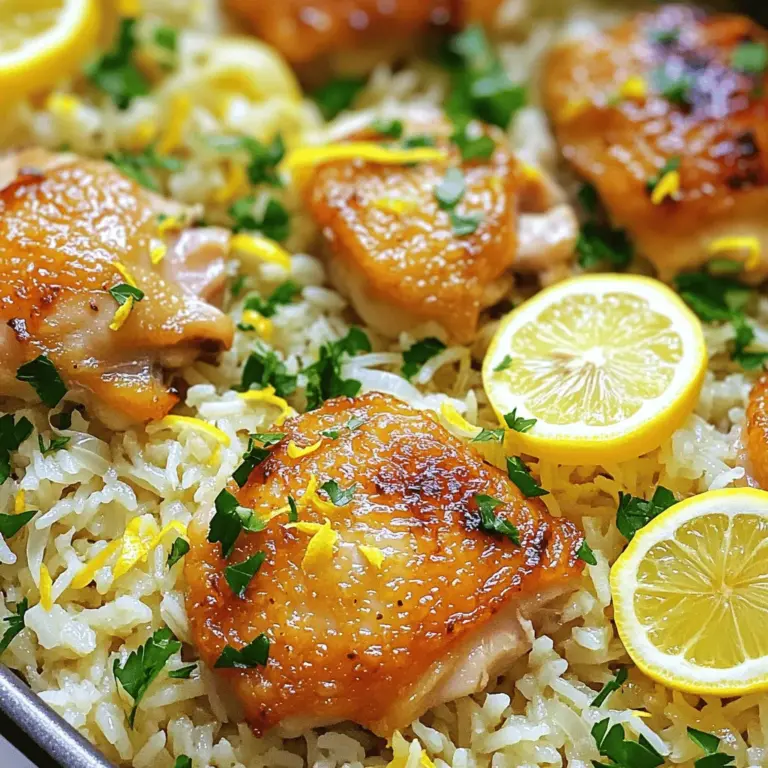 To create this delightful dish, gather these key ingredients: - 1 pound boneless chicken thighs, cut into bite-sized pieces - 1 cup long-grain rice, rinsed - 2 cups chicken broth (low sodium) - 1 medium onion, diced - 3 cloves garlic, minced - 1 lemon (zest and juice) - 1 teaspoon dried oregano - 1 teaspoon paprika - 1 tablespoon olive oil - Salt and pepper to taste - Fresh parsley, chopped (for garnish) These ingredients work together to create rich flavors and a hearty meal. The chicken thighs stay juicy, while the rice absorbs all the lemony goodness. You can add a few optional ingredients to boost the flavor: - Lemon slices for garnish - A pinch of red pepper flakes for heat - Fresh thyme or rosemary for herbal notes Using these extras can elevate your dish and make it even more inviting. This dish is not only tasty but also balanced. Here’s a quick look at what you get per serving: - Calories: Approximately 450 - Protein: 30g - Carbohydrates: 45g - Fat: 15g - Fiber: 1g These values can change based on your choices in ingredients. This recipe is a great option for a filling weeknight meal. For the full recipe, make sure to check the provided link! Start by cutting the chicken thighs into bite-sized pieces. Season the chicken with salt, pepper, paprika, and dried oregano. Mix well to coat all the pieces evenly. This step is key to building flavor in your dish. In a large pot, pour in the olive oil and heat it over medium heat. Add the diced onion and cook for about 3-4 minutes until it turns soft and clear. Next, add the minced garlic and cook for 1 more minute. The smell will be amazing! Now, raise the heat to medium-high. Toss in the seasoned chicken pieces and cook until they are lightly browned, about 5-7 minutes. This step locks in great flavor. Now it’s time to add the rice. Stir in the rinsed rice along with the lemon zest and lemon juice. Make sure everything is mixed well. Pour in the chicken broth and bring the mixture to a boil. Once boiling, lower the heat to a simmer. Cover the pot and let it cook for 20 minutes. The rice will absorb the broth and all the flavors. After 20 minutes, remove the pot from heat but keep it covered for another 5 minutes. Fluff the rice with a fork, mixing the chicken and rice together. This dish is now ready to serve! For an extra touch, garnish with fresh parsley and optional lemon slices. For the complete recipe, check out the [Full Recipe]. Cooking rice can seem tricky, but I have a few tips. First, rinse your rice under cold water. This helps remove extra starch and keeps it from being sticky. Use the right water ratio. For long-grain rice, one part rice needs two parts broth. This keeps your rice fluffy and tasty. Lemon adds great zest to this dish. You can add more lemon juice if you love the taste. Fresh herbs, like parsley, also brighten the flavors. Taste the dish while it cooks. This way, you can add salt or pepper as needed. Spices like oregano and paprika give it warmth. Don’t be afraid to adjust these to your liking. One mistake is not searing the chicken enough. This step adds deep flavor. Another mistake is cooking rice too long. Overcooking makes it mushy. Keep an eye on the pot, and check the rice at the 20-minute mark. Avoid lifting the lid too often while it simmers. This keeps all the steam locked in, helping the rice cook evenly. For the full recipe, check the details above. {{image_2}} You can add veggies to the dish for more color and nutrients. Carrots, peas, or bell peppers work well. Just chop them into small pieces. Add them when you sauté the onion. This way, they cook evenly and add a nice crunch. The bright colors will make your meal more fun and appealing. If you love heat, try adding jalapeños. Chop them finely and mix them in with the onion. You can adjust the amount based on your spice level. The jalapeños will give the dish a kick and a fresh flavor. It’s a great way to change up the classic taste of One Pot Lemon Chicken Rice. Changing herbs can bring new flavors to your meal. Try fresh thyme or dill. Just add them in when you mix the rice and chicken broth. You can also use fresh basil for a more Italian feel. Each herb can change the dish's flavor while keeping it bright and tasty. For the full recipe, check out the detailed steps above! To store your One Pot Lemon Chicken Rice, let it cool down first. Then, put it in an airtight container. This keeps it fresh for up to three days in the fridge. If you want to keep it longer, consider freezing it. When you're ready to eat the leftovers, reheating is easy. You can use the microwave or stovetop. For the microwave, place the rice in a bowl and cover it. Heat for about 1-2 minutes, stirring halfway through. If using the stovetop, add a splash of broth or water. Heat it over low heat, stirring often. This helps keep the rice moist. If you have extra servings, freezing is a great option. Portion the rice into freezer-safe bags or containers. Squeeze out the air and seal them tightly. You can freeze it for up to three months. When you want to enjoy it again, thaw it in the fridge overnight. Then, reheat it as mentioned above. Enjoy this tasty meal anytime! Yes, you can use brown rice. It will change the cooking time. Brown rice takes longer to cook than white rice. You will need to add more liquid and extend the simmer time by about 15-20 minutes. Check the rice for doneness. It should be tender but not mushy. To make this dish gluten-free, choose gluten-free chicken broth. Many brands offer low-sodium options. Also, check any spices you use. Some spice blends may contain gluten, so read labels carefully. With these swaps, you can enjoy this meal without worry. This dish works well with simple side salads. A fresh green salad with lemon vinaigrette is perfect. You can also serve it with steamed vegetables. Broccoli, green beans, or asparagus are great choices. For a heartier option, consider serving with garlic bread or pita. For the complete recipe, check out the [Full Recipe]. In this post, we explored making One Pot Lemon Chicken Rice from scratch. We discussed essential and optional ingredients, plus key tips for cooking. You learned how to sauté chicken and incorporate rice smoothly. I shared variations to suit your taste and tips for storing leftovers. As you try this dish, have fun with flavors and ingredients. Enjoy cooking and share your results!